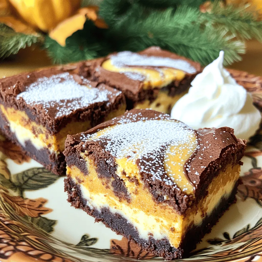 To make these brownies, you need some key items: - 1 cup unsalted butter, melted - 1 1/2 cups granulated sugar - 1 teaspoon vanilla extract - 4 large eggs - 1 cup all-purpose flour - 1/2 cup unsweetened cocoa powder - 1/2 teaspoon baking powder - 1/4 teaspoon salt - 1/2 cup chocolate chips (optional) - 1 cup cream cheese, softened - 1/2 cup canned pumpkin puree - 1/2 teaspoon pumpkin pie spice - 1/4 cup powdered sugar Each ingredient plays a vital role. The butter adds richness. Sugar gives sweetness. The eggs provide structure and moisture. Flour and cocoa create the brownie base. Cream cheese and pumpkin make the swirl creamy and flavorful. You can boost the flavor with a few extra ingredients: - 1/2 cup chocolate chips - Nuts, like walnuts or pecans Chocolate chips add more chocolatey goodness. Nuts give a nice crunch and texture. You can mix and match based on your taste. Feel free to get creative! Gather these tools to make your cooking easier: - Mixing bowls - Whisk - Spatula - 9x13 inch baking pan - Parchment paper (optional) - Toothpick or cake tester Using the right tools will help ensure your brownies turn out great. Prepare everything ahead of time. This way, you can focus on mixing and swirling without interruptions. Enjoy the process! Start by preheating your oven to 350°F (175°C). Grease a 9x13 inch baking pan or use parchment paper. In a large bowl, whisk together 1 cup of melted butter and 1 1/2 cups of granulated sugar. Mix until they blend well. Then add 1 teaspoon of vanilla extract and 4 eggs, one at a time. Make sure to mix well after each egg. In another bowl, sift 1 cup of all-purpose flour, 1/2 cup of cocoa powder, 1/2 teaspoon of baking powder, and 1/4 teaspoon of salt. Gradually mix this dry mix into your wet batter. If you like, stir in 1/2 cup of chocolate chips. In a separate bowl, take 1 cup of softened cream cheese. Add 1/2 cup of canned pumpkin puree, 1/2 teaspoon of pumpkin pie spice, and 1/4 cup of powdered sugar. Beat this mixture until it is smooth and creamy. This will bring a rich, creamy layer to your brownies. Pour half of the brownie batter into your prepared pan. Spread it evenly across the bottom. Next, dollop the pumpkin cheesecake mixture on top of the brownie base. Use a knife to swirl the two batters together for a marbled look. Then, pour the rest of the brownie batter on top. You can swirl again if you want. Bake your brownies for 30-35 minutes. Check for doneness by inserting a toothpick in the center. It should come out with a few moist crumbs. Let the brownies cool for at least 20 minutes before slicing them into squares. To create a great swirl, start with the right tools. You need a knife or a toothpick. Once you add the pumpkin cheesecake mix to the brownie base, make gentle zig-zag motions. Don't mix too much. You want to see both layers. This method gives you that beautiful marbled look. For chewy brownies, use room-temperature eggs. This helps mix better. Also, do not overmix your batter. Combine until just blended. Overmixing can make them tough. Keep an eye on baking time. Check your brownies early. A toothpick should come out with a few moist crumbs. This tells you they're done! Let your brownies cool in the pan on a wire rack for at least 20 minutes. This step is key. If you cut them too soon, they may fall apart. After cooling, use a sharp knife to cut. For clean cuts, wipe the knife with a damp cloth between slices. This gives neat squares. Enjoy your perfect pumpkin cheesecake swirl brownies! {{image_2}} You can make these brownies gluten-free! Substitute all-purpose flour with a gluten-free blend. Make sure to check that the blend contains xanthan gum. This helps with texture. It will give your brownies the same rich flavor and chewy bite. Want to mix it up? Try adding different spices or extracts. Instead of pumpkin pie spice, use cinnamon or nutmeg. You can also add a splash of almond extract for a nutty twist. If you love chocolate, add more chocolate chips or chunks. They melt beautifully and add richness. You can swap some ingredients for healthier options. Use coconut oil instead of butter for a lighter fat. Replace granulated sugar with coconut sugar for a lower glycemic index. You can even use Greek yogurt in place of cream cheese. This adds protein without losing creaminess. To keep your pumpkin cheesecake swirl brownies fresh, store them in an airtight container. Place parchment paper between layers if you stack them. This prevents sticking and keeps the brownies moist. You can also wrap them tightly in plastic wrap. This method works well too. If you have extra brownies, freezing is a great option. First, let the brownies cool completely. Then, cut them into squares. Wrap each square in plastic wrap, then place them in a freezer-safe bag. Label the bag with the date. You can freeze brownies for up to three months. When stored properly, brownies stay fresh for about five days at room temperature. If you refrigerate them, they can last about a week. However, freezing extends their life. Just remember to thaw them in the fridge before enjoying. This will help them stay soft and tasty. Yes, you can use fresh pumpkin. Start by roasting a pumpkin. Cut it in half, remove the seeds, and bake it until soft. Once it cools, scoop out the flesh and blend it until smooth. Use this puree in place of canned pumpkin. Fresh pumpkin adds a nice flavor, but ensure it is not too watery. To check if the brownies are done, insert a toothpick into the center. If it comes out with a few moist crumbs, they are ready. If the toothpick has wet batter, they need more time. Bake for about 30 to 35 minutes. Keep an eye on them, as ovens may vary. Absolutely! You can make swaps based on your needs. For gluten-free brownies, use almond flour or gluten-free all-purpose flour. If you are dairy-free, try a dairy-free cream cheese or a nut-based option. You can also replace eggs with flaxseed meal mixed with water for a vegan option. Adjusting ingredients helps make this treat fit your diet. These pumpkin cheesecake swirl brownies combine rich flavors and easy steps. We covered key ingredients, tools, and step-by-step instructions. I shared tips for a perfect swirl and chewy texture. You can also explore fun variations and storage methods. By following these guidelines, you can create delicious brownies that everyone will love. Enjoy experimenting with new flavors and sharing your treats with friends and family. Happy baking!