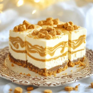 To make the No Bake Biscoff Cheesecake Bars, you need the following ingredients: - 200g Biscoff cookies, crushed - 100g unsalted butter, melted - 400g cream cheese, softened - 100g powdered sugar - 150g Biscoff spread - 200ml heavy cream - A pinch of salt - Additional Biscoff cookies for garnish These ingredients come together to create a rich and creamy dessert. Biscoff cookies bring a unique flavor to the crust, while the cream cheese adds a smooth texture. The Biscoff spread enhances the taste, making each bite a delight. Make sure your cream cheese is softened for easy mixing. The heavy cream needs to be whipped until stiff peaks form, which gives the cheesecake its light and airy feel. Don't forget the pinch of salt; it helps balance the sweetness. When it comes to garnishes, crushed Biscoff cookies on top not only look great but also add extra crunch. You can also drizzle more Biscoff spread to make it even more indulgent. Each ingredient plays a role, so use fresh and quality products for the best results. Start by mixing the crushed Biscoff cookies with the melted butter. Use a bowl and combine them well. You want the cookie crumbs to stick together nicely. Then, press this mixture firmly into the bottom of an 8x8 inch baking dish. Make sure it is even and flat. This forms the crust. Next, chill the crust in the refrigerator for 15 minutes. This helps it set up before you add the filling. In a separate bowl, whip the heavy cream until it forms stiff peaks. This means it should hold its shape well. Set the whipped cream aside for now. In another bowl, beat the softened cream cheese and powdered sugar together until smooth and creamy. This step is key for a good texture. Next, gently fold in the Biscoff spread into the cream cheese mixture. Make sure it is mixed evenly. Then, carefully fold in the whipped cream. This keeps the filling light and fluffy. Now it's time to spread the cheesecake filling over the chilled crust. Use a spatula to smooth the top evenly. For a special touch, drizzle some extra Biscoff spread on top. Use a knife to swirl it gently for a marbled look. Finally, chill the cheesecake bars in the refrigerator for at least 4 hours or until they are set. When ready, cut into bars and garnish with extra crushed Biscoff cookies on top for a nice finish. Enjoy your delicious treat! Softened cream cheese is key for a smooth filling. If it’s too cold, the mix will be lumpy. Let it sit out for about 30 minutes before use. This helps it blend well with the other ingredients. When whipping the heavy cream, use a cold bowl and beaters. Start on low speed to avoid splatter, then increase to medium. Whip until you see stiff peaks. This will make your cheesecake light and fluffy. For a lovely finish, garnish with crushed Biscoff cookies on top. You can also drizzle extra Biscoff spread for a fancy touch. Use a knife to create a pretty swirl in the spread. Serve the bars on a decorative plate. This adds style and makes them look more inviting. You can even add fresh fruits, like berries, for a pop of color and flavor. If your filling is runny, you might not have whipped the cream enough. Whip it longer until it holds stiff peaks. You can also add a bit more softened cream cheese to thicken it. To cut the bars neatly, use a sharp knife. Dip the knife in hot water, then wipe it dry. This helps make clean cuts. You can cut them into squares or rectangles, depending on your preference. {{image_2}} You can easily switch up the flavors in your No Bake Biscoff Cheesecake Bars. - Adding chocolate or caramel layers: Try spreading a layer of warm chocolate sauce or caramel on top of the crust before adding the cheesecake filling. This adds a rich, sweet layer to each bite. - Using different flavored spreads: Swap Biscoff spread with Nutella or peanut butter for a new twist. Each spread brings its own unique taste, making the bars fun and exciting. You can make these cheesecake bars fit various diets. - Gluten-free alternatives: Use gluten-free cookies for the crust. Look for brands that offer gluten-free Biscoff-style cookies. This way, everyone can enjoy the dessert. - Vegan version suggestions: Replace cream cheese with vegan cream cheese and use coconut cream instead of heavy cream. Just make sure to use dairy-free cookies for the base. Serving these cheesecake bars can enhance your dessert experience. - Pairing with fruits: Fresh fruits like berries or sliced bananas add a bright flavor. They contrast nicely with the creamy cheesecake. - Serving with sauces: Drizzle extra Biscoff spread or chocolate sauce over the bars before serving. This adds a lovely finish and makes your presentation pop. Feel free to get creative! These variations allow you to make the bars your own. To keep your no bake Biscoff cheesecake bars fresh, store them in the refrigerator. Use an airtight container to prevent them from drying out. If you need to keep them longer, freezing is also an option. Just wrap the bars tightly in plastic wrap and then in aluminum foil. This will help keep them safe from freezer burn. In the fridge, these cheesecake bars last about 5 days. Make sure to check for signs of spoilage before eating. If the bars smell odd or have a change in color, it’s best to toss them. If you freeze your bars, thaw them in the fridge for a few hours before serving. Avoid using a microwave, as it can ruin the texture. Let them sit at room temperature for about 10 minutes before enjoying for the best taste and consistency. To make these bars gluten-free, use gluten-free Biscoff cookies. Many brands make gluten-free versions. Just check the label to be sure. The rest of the ingredients are naturally gluten-free. Yes, you can use low-fat cream cheese. It will change the texture a bit. The bars may be less rich but still tasty. Be sure to mix it well for a smooth filling. For leftovers, store the bars in an airtight container. Keep them in the fridge for up to five days. Serve them cold for the best flavor. You can drizzle more Biscoff spread on top for extra taste. Absolutely! You can make these bars a day ahead. Just chill them well in the fridge. This allows the flavors to blend nicely. They will be ready to serve when you need them. If you use a different baking dish, change the recipe amount. For a larger dish, double the ingredients. For a smaller dish, use half. Keep an eye on the chilling time, as it may change based on size. You now have a complete guide to making delicious Biscoff cheesecake bars. We covered the key ingredients and shared each step from crust to filling. Remember the tips for texture and presentation. Don’t hesitate to try variations or dietary adaptations! These bars are easy to store and last well. Keep them in the fridge or freeze for later. Enjoy these sweet treats at your next gathering or as a personal dessert. Try your hand at this recipe and savor every bite!