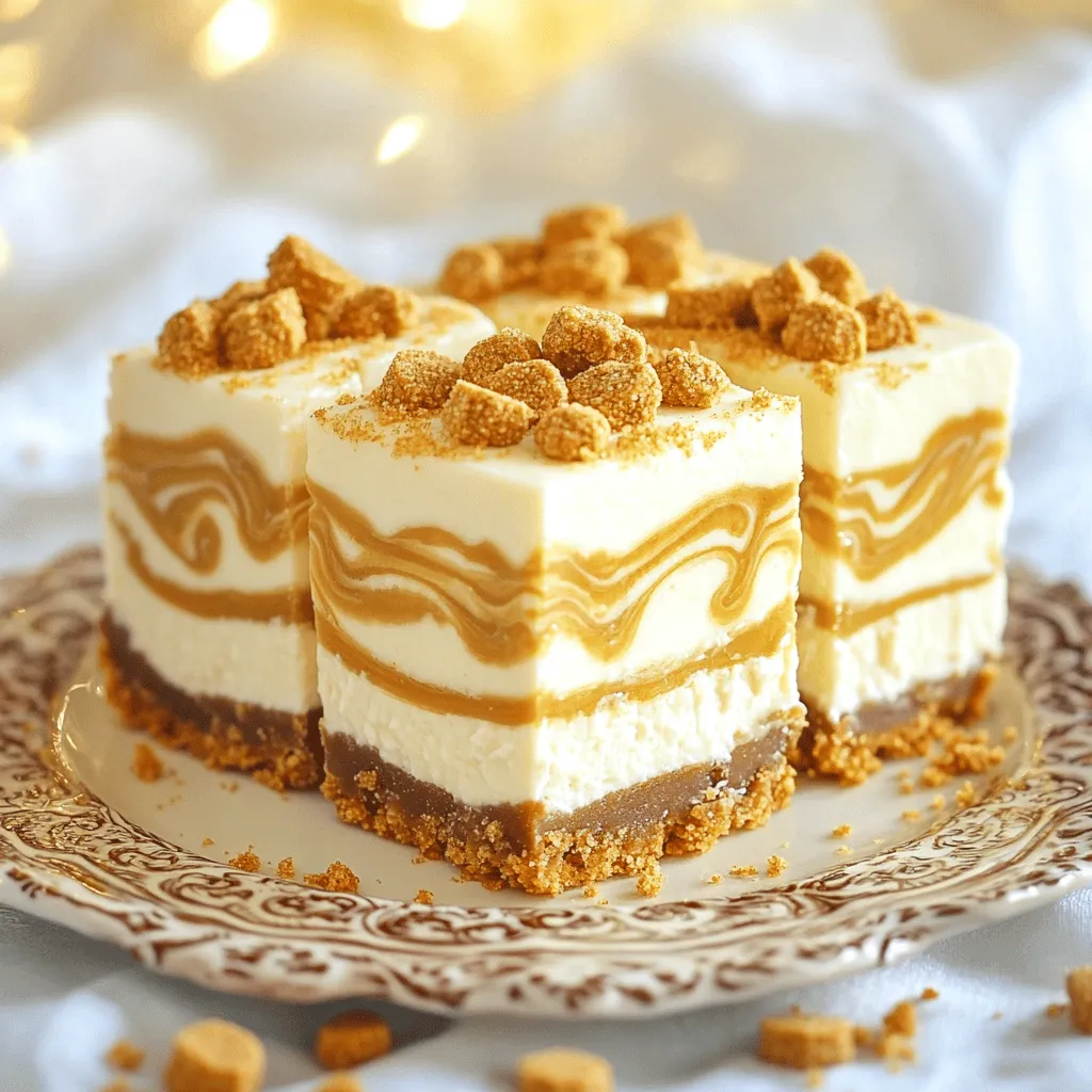 To make the No Bake Biscoff Cheesecake Bars, you need the following ingredients: - 200g Biscoff cookies, crushed - 100g unsalted butter, melted - 400g cream cheese, softened - 100g powdered sugar - 150g Biscoff spread - 200ml heavy cream - A pinch of salt - Additional Biscoff cookies for garnish These ingredients come together to create a rich and creamy dessert. Biscoff cookies bring a unique flavor to the crust, while the cream cheese adds a smooth texture. The Biscoff spread enhances the taste, making each bite a delight. Make sure your cream cheese is softened for easy mixing. The heavy cream needs to be whipped until stiff peaks form, which gives the cheesecake its light and airy feel. Don't forget the pinch of salt; it helps balance the sweetness. When it comes to garnishes, crushed Biscoff cookies on top not only look great but also add extra crunch. You can also drizzle more Biscoff spread to make it even more indulgent. Each ingredient plays a role, so use fresh and quality products for the best results. Start by mixing the crushed Biscoff cookies with the melted butter. Use a bowl and combine them well. You want the cookie crumbs to stick together nicely. Then, press this mixture firmly into the bottom of an 8x8 inch baking dish. Make sure it is even and flat. This forms the crust. Next, chill the crust in the refrigerator for 15 minutes. This helps it set up before you add the filling. In a separate bowl, whip the heavy cream until it forms stiff peaks. This means it should hold its shape well. Set the whipped cream aside for now. In another bowl, beat the softened cream cheese and powdered sugar together until smooth and creamy. This step is key for a good texture. Next, gently fold in the Biscoff spread into the cream cheese mixture. Make sure it is mixed evenly. Then, carefully fold in the whipped cream. This keeps the filling light and fluffy. Now it's time to spread the cheesecake filling over the chilled crust. Use a spatula to smooth the top evenly. For a special touch, drizzle some extra Biscoff spread on top. Use a knife to swirl it gently for a marbled look. Finally, chill the cheesecake bars in the refrigerator for at least 4 hours or until they are set. When ready, cut into bars and garnish with extra crushed Biscoff cookies on top for a nice finish. Enjoy your delicious treat! Softened cream cheese is key for a smooth filling. If it’s too cold, the mix will be lumpy. Let it sit out for about 30 minutes before use. This helps it blend well with the other ingredients. When whipping the heavy cream, use a cold bowl and beaters. Start on low speed to avoid splatter, then increase to medium. Whip until you see stiff peaks. This will make your cheesecake light and fluffy. For a lovely finish, garnish with crushed Biscoff cookies on top. You can also drizzle extra Biscoff spread for a fancy touch. Use a knife to create a pretty swirl in the spread. Serve the bars on a decorative plate. This adds style and makes them look more inviting. You can even add fresh fruits, like berries, for a pop of color and flavor. If your filling is runny, you might not have whipped the cream enough. Whip it longer until it holds stiff peaks. You can also add a bit more softened cream cheese to thicken it. To cut the bars neatly, use a sharp knife. Dip the knife in hot water, then wipe it dry. This helps make clean cuts. You can cut them into squares or rectangles, depending on your preference. {{image_2}} You can easily switch up the flavors in your No Bake Biscoff Cheesecake Bars. - Adding chocolate or caramel layers: Try spreading a layer of warm chocolate sauce or caramel on top of the crust before adding the cheesecake filling. This adds a rich, sweet layer to each bite. - Using different flavored spreads: Swap Biscoff spread with Nutella or peanut butter for a new twist. Each spread brings its own unique taste, making the bars fun and exciting. You can make these cheesecake bars fit various diets. - Gluten-free alternatives: Use gluten-free cookies for the crust. Look for brands that offer gluten-free Biscoff-style cookies. This way, everyone can enjoy the dessert. - Vegan version suggestions: Replace cream cheese with vegan cream cheese and use coconut cream instead of heavy cream. Just make sure to use dairy-free cookies for the base. Serving these cheesecake bars can enhance your dessert experience. - Pairing with fruits: Fresh fruits like berries or sliced bananas add a bright flavor. They contrast nicely with the creamy cheesecake. - Serving with sauces: Drizzle extra Biscoff spread or chocolate sauce over the bars before serving. This adds a lovely finish and makes your presentation pop. Feel free to get creative! These variations allow you to make the bars your own. To keep your no bake Biscoff cheesecake bars fresh, store them in the refrigerator. Use an airtight container to prevent them from drying out. If you need to keep them longer, freezing is also an option. Just wrap the bars tightly in plastic wrap and then in aluminum foil. This will help keep them safe from freezer burn. In the fridge, these cheesecake bars last about 5 days. Make sure to check for signs of spoilage before eating. If the bars smell odd or have a change in color, it’s best to toss them. If you freeze your bars, thaw them in the fridge for a few hours before serving. Avoid using a microwave, as it can ruin the texture. Let them sit at room temperature for about 10 minutes before enjoying for the best taste and consistency. To make these bars gluten-free, use gluten-free Biscoff cookies. Many brands make gluten-free versions. Just check the label to be sure. The rest of the ingredients are naturally gluten-free. Yes, you can use low-fat cream cheese. It will change the texture a bit. The bars may be less rich but still tasty. Be sure to mix it well for a smooth filling. For leftovers, store the bars in an airtight container. Keep them in the fridge for up to five days. Serve them cold for the best flavor. You can drizzle more Biscoff spread on top for extra taste. Absolutely! You can make these bars a day ahead. Just chill them well in the fridge. This allows the flavors to blend nicely. They will be ready to serve when you need them. If you use a different baking dish, change the recipe amount. For a larger dish, double the ingredients. For a smaller dish, use half. Keep an eye on the chilling time, as it may change based on size. You now have a complete guide to making delicious Biscoff cheesecake bars. We covered the key ingredients and shared each step from crust to filling. Remember the tips for texture and presentation. Don’t hesitate to try variations or dietary adaptations! These bars are easy to store and last well. Keep them in the fridge or freeze for later. Enjoy these sweet treats at your next gathering or as a personal dessert. Try your hand at this recipe and savor every bite!