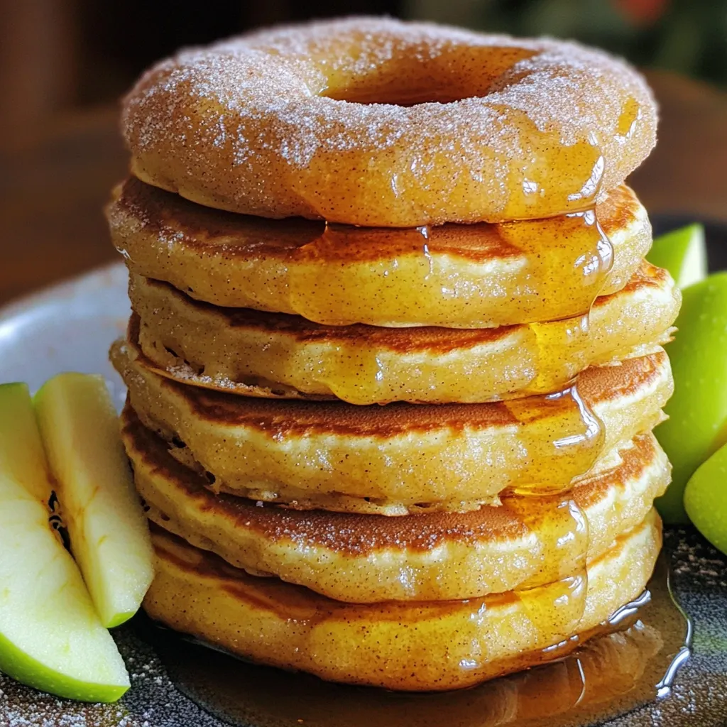 - 1 cup all-purpose flour - 1/2 cup apple cider - 1/2 cup buttermilk - 1 large egg - 1/4 cup brown sugar - 1 teaspoon baking powder - 1/2 teaspoon baking soda - 1 teaspoon ground cinnamon - 1/4 teaspoon ground nutmeg - 1/4 teaspoon salt - 2 tablespoons unsalted butter, melted - Granulated sugar and cinnamon for dusting To make apple cider donut pancakes, gather these simple ingredients. Each one plays a key role in creating rich flavor. The apple cider adds a sweet and tangy taste. The buttermilk helps keep the pancakes fluffy. Baking powder and baking soda work together to make the pancakes rise. Ground cinnamon and nutmeg bring warm spices that remind us of fall. Using brown sugar adds a deep, caramel-like flavor. Don't forget the butter, which adds richness. When serving, mix granulated sugar and cinnamon for a sweet dusting. This gives the pancakes a classic donut finish. Make sure you have everything ready before you start cooking! Enjoy the process as you whip up this delightful treat. Start by gathering your dry ingredients. In a large mixing bowl, whisk together: - 1 cup all-purpose flour - 1 teaspoon baking powder - 1/2 teaspoon baking soda - 1 teaspoon ground cinnamon - 1/4 teaspoon ground nutmeg - 1/4 teaspoon salt Mixing these ingredients well helps blend the spices. This step adds flavor and makes your pancakes rise perfectly. Next, move on to the wet ingredients. In another bowl, combine: - 1/2 cup apple cider - 1/2 cup buttermilk - 1 large egg - 2 tablespoons unsalted butter, melted Stir these together until they are well mixed. The apple cider adds sweetness, and the buttermilk gives a nice tang. Now, it's time to cook! Pour the wet ingredients into the dry ingredients. Stir gently until just combined. A few lumps are fine; do not overmix. Preheat your non-stick skillet over medium heat. Lightly grease it with butter or oil. Once hot, pour about 1/4 cup of the batter for each pancake. Cook until you see bubbles forming on top, about 2-3 minutes. Carefully flip each pancake and cook for another 2-3 minutes until golden brown. Keep the pancakes warm while you repeat this with the rest of the batter. For a sweet touch, mix equal parts granulated sugar and cinnamon for dusting. Serve your pancakes stacked high with a generous sprinkle of this mixture. Enjoy! To make the best pancakes, you need to avoid overmixing the batter. Overmixing can make your pancakes tough. When you combine the wet and dry ingredients, stir gently. It’s okay if some lumps remain. The skillet temperature is key for cooking. Preheat your skillet over medium heat. If the skillet is too hot, pancakes can burn before they cook through. Use a drop of water to test the heat. If it dances, the skillet is ready. For extra flavor, consider adding spices. A pinch of ground ginger or allspice can give your pancakes a warm kick. You can also try adding vanilla extract for a sweet aroma. Using high-quality apple cider makes a big difference. Look for fresh, unfiltered cider. It adds a rich apple flavor and makes your pancakes taste better. Always choose the best ingredients to create the best dish! {{image_2}} You can make these pancakes gluten-free. Use a gluten-free flour blend instead of all-purpose flour. Look for blends that contain xanthan gum. This will help the pancakes hold their shape. Measure the same amount as the recipe calls for. Mix it in just like regular flour. The texture may change slightly, but they will still taste great. To make these pancakes vegan, swap the egg and buttermilk. Use a flax egg instead of a real egg. Mix one tablespoon of ground flaxseed with three tablespoons of water. Let it sit for five minutes to thicken. For buttermilk, mix plant-based milk with a splash of vinegar. This will mimic the tangy taste. Your pancakes will still be fluffy and delicious. Want to make your pancakes extra special? Add mix-ins! Chocolate chips are a great choice. They melt and create sweet pockets in each pancake. Chopped nuts also add a nice crunch. Walnuts or pecans work well. Stir in about half a cup of your chosen mix-ins before cooking the pancakes. To store leftover pancakes, first let them cool down. Place the pancakes in a single layer on a plate. You can cover them with plastic wrap or foil. This keeps them fresh in the fridge for up to three days. If you want to keep them longer, freezing is a great option. To freeze pancakes, stack them with parchment paper between each one. This prevents them from sticking together. Place the stack in a freezer bag or container. Make sure to remove as much air as possible. Frozen pancakes are best used within two months for the best taste. When you want to enjoy your pancakes again, reheating properly is key. For the best texture, I recommend using a skillet. Heat the skillet over low heat. Add a small amount of butter or oil to keep them from sticking. Place the pancakes in the skillet and cover with a lid. This traps steam and warms them through in about 2-3 minutes. You can also use the microwave. Place a pancake on a plate and cover it with a damp paper towel. This keeps the pancake moist. Heat in 20-second intervals until warm. Be careful not to overheat, or they may become tough. To make apple cider syrup, start with 2 cups of apple cider. Pour it into a saucepan and bring it to a boil over medium heat. Reduce the heat to low and let it simmer. This will help it reduce and thicken. Stir in 1 cup of brown sugar and mix until dissolved. Simmer for 20-30 minutes until the syrup thickens. Allow it to cool slightly before using. This syrup pairs perfectly with your pancakes. Yes, you can use homemade apple cider. If you have fresh cider, it can add great flavor. Homemade cider often tastes richer and fresher. Store-bought cider may have added sugars or preservatives. If you use store-bought, choose a high-quality brand. Both options work well for this recipe. You can serve the pancakes with several delicious options. Here are some ideas: - Fresh fruit, like sliced apples or berries - Whipped cream for a creamy touch - Chopped nuts for added crunch - Maple syrup for a classic pairing - Additional apple cider syrup for more flavor These toppings will enhance your pancake experience! You now have all the ingredients and steps to make delicious apple cider pancakes. Remember the tips to get them perfect and the variations to meet your needs. Whether you go gluten-free or vegan, you can enjoy these pancakes. Store any leftovers properly for later. Enjoy the joy these pancakes bring to your mornings. With the right toppings, every bite can be a treat. Happy cooking!