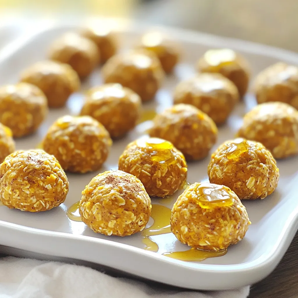 To make Pumpkin Spice Oatmeal Energy Bites, gather the following ingredients: - 1 cup rolled oats - 1/2 cup pumpkin puree - 1/4 cup almond butter (or peanut butter) - 1/4 cup honey or maple syrup - 1/4 cup ground flaxseed - 1 teaspoon pumpkin spice blend (cinnamon, nutmeg, ginger, allspice) - 1/2 teaspoon vanilla extract - 1/4 cup mini chocolate chips (optional) - Pinch of salt These simple ingredients create a tasty, healthy treat. The rolled oats provide a base, while the pumpkin puree adds moisture and flavor. Almond butter or peanut butter gives richness, and honey or maple syrup adds sweetness. Ground flaxseed offers fiber and healthy fats, which help keep you full. The pumpkin spice blend brings that warm, cozy flavor we all love in fall. Vanilla extract adds depth to the taste, and mini chocolate chips give a fun surprise in every bite. The salt enhances all these flavors, making the bites truly delicious. With these ingredients, you can whip up a batch of energy bites that are perfect for snacks or on-the-go fuel. Plus, they are easy to store and share! Start by taking a large mixing bowl. Add 1 cup of rolled oats. Next, scoop in 1/2 cup of pumpkin puree. Then, add 1/4 cup of almond butter or peanut butter. Pour in 1/4 cup of honey or maple syrup too. Don’t forget to add 1/4 cup of ground flaxseed. Mix all these ingredients well until they are fully combined. You want a thick, sticky mixture that holds together. Now it’s time to add flavor. Sprinkle in 1 teaspoon of pumpkin spice blend. This mix brings warm notes of cinnamon, nutmeg, ginger, and allspice. Next, pour in 1/2 teaspoon of vanilla extract. This adds a nice depth to the bites. If you want a sweet treat, fold in 1/4 cup of mini chocolate chips. This is optional, but it makes the bites extra special. Once your mixture is ready, chill it in the fridge for about 30 minutes. This makes it easier to handle. After chilling, scoop out a tablespoon of the mixture. Use your hands to roll it into a ball. Repeat this until you have rolled all the mixture into bite-sized balls. Each bite should be about the size of a golf ball. Next, take a baking sheet and line it with parchment paper. Place all the rolled energy bites on this sheet. Make sure they have a little space between them. Now, refrigerate the bites for 1-2 hours. This helps them set and hold their shape nicely. Enjoy these tasty bites as a snack or a quick energy boost! For the best results, chill the mixture for about 30 minutes. This helps the flavors blend and makes it easier to form the bites. If you skip this step, the mixture may be too sticky to handle. To ensure the right consistency, mix the ingredients well. You want a dough-like texture that holds together. If it feels too dry, add a splash of water or a bit more pumpkin puree. If it’s too wet, add a bit more oats or flaxseed. For a fun presentation, arrange the energy bites in a small mason jar. You can also place them on a decorative plate for snacks at parties. These bites make great gifts too! Wrap them in cellophane and tie with a festive ribbon. They’re a healthy and thoughtful treat for friends and family. {{image_2}} You can change the taste of your pumpkin spice oatmeal energy bites by switching nut butters. Almond butter gives a creamy texture, while peanut butter adds a rich flavor. If you're feeling adventurous, try cashew butter for a milder taste. Each nut butter brings its own special twist. You can also swap out sweeteners. Honey is a classic choice, but maple syrup offers a nice, earthy flavor. If you want a lower-calorie option, use agave syrup. Just keep in mind that the sweetness level may vary with each sweetener. If you need gluten-free options, use certified gluten-free rolled oats. This way, everyone can enjoy these tasty bites without worry. You can also look for gluten-free nut butters to match. For vegan substitutions, simply replace honey with maple syrup or agave. This keeps it plant-based and just as delicious. You can also use sunflower seed butter if you want a nut-free option. Each change keeps the bites yummy while catering to different diets. To keep your pumpkin spice oatmeal energy bites fresh, use airtight containers. Glass or plastic containers work well. These containers shield the bites from air and moisture. You can also use resealable bags for easy storage. When it comes to storing, the refrigerator is a great choice. It keeps the bites cool and fresh for daily snacking. If you want to save them for longer, use the freezer. Just wrap each bite in plastic wrap before placing them in a container. This adds extra protection from freezer burn. In the fridge, your energy bites last about one week. They stay tasty and safe to eat during this time. If you store them in the freezer, they can last up to three months. Watch for signs of spoilage. If you see mold or any weird smells, it’s best to toss them out. Also, if the texture changes and feels off, do not eat them. Always trust your senses when checking for freshness. Pumpkin Spice Oatmeal Energy Bites are packed with nutrients. Each bite is rich in fiber, healthy fats, and protein. They contain rolled oats, which provide whole grains. Pumpkin puree adds vitamins A and C, while ground flaxseed gives omega-3 fatty acids. A typical serving has about 100 calories. Yes, you can freeze these energy bites. Just place them in an airtight container or a freezer bag. They can last up to three months in the freezer. To enjoy, thaw them in the fridge overnight or at room temperature for a few hours. To make these bites vegan, simply replace honey with maple syrup. Use your favorite nut butter or seed butter for binding. Ensure all ingredients are plant-based, and you’re good to go! If you don’t have almond butter, try peanut butter or sunflower seed butter. Both options work well and add great flavor. You can also use cashew butter for a creamy texture. To change the sweetness, adjust the amount of honey or maple syrup. Start by adding less and taste as you mix. You can also add a small amount of stevia or other sweeteners if you prefer. In this post, I covered how to make Pumpkin Spice Oatmeal Energy Bites. We explored the simple ingredients needed, from rolled oats to optional chocolate chips. I shared step-by-step instructions to mix, form, and set the bites. Plus, I gave tips for perfecting the recipe and ways to store them properly. These energy bites are easy to make and fun to enjoy. You can modify them to fit your taste. Try different nut butters or sweeteners for a unique twist. Grab your ingredients and start preparing your tasty snacks!