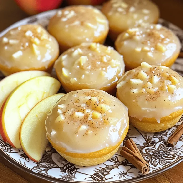 To make these tasty Apple Cider Glazed Donut Muffins, you will need: - 2 cups all-purpose flour - 1 teaspoon baking powder - 1/2 teaspoon baking soda - 1/2 teaspoon salt - 1 teaspoon ground cinnamon - 1/4 teaspoon ground nutmeg - 3/4 cup granulated sugar - 1/2 cup unsalted butter, melted - 2 large eggs - 1 cup apple cider - 1 teaspoon vanilla extract - For the glaze: - 1 cup powdered sugar - 2 tablespoons apple cider - 1/2 teaspoon cinnamon You can swap some ingredients if needed. Here are a few easy swaps: - Use whole wheat flour for a healthier option. - Swap unsalted butter with coconut oil for a dairy-free choice. - Replace granulated sugar with brown sugar for added flavor. - Use flax eggs (1 tablespoon flaxseed meal + 2.5 tablespoons water) for a vegan option. These substitutions keep the muffins delicious and fun! Using fresh apple cider brings great taste and benefits: - Flavor: Fresh cider adds a rich, sweet apple taste that enhances muffins. - Freshness: It helps keep the muffins moist and fluffy. - Nutrients: Cider has vitamins and antioxidants that boost health. Choosing fresh cider makes your muffins extra special and tasty! To start, gather your ingredients. You need flour, baking powder, baking soda, salt, cinnamon, nutmeg, sugar, melted butter, eggs, apple cider, and vanilla. In a bowl, whisk the dry ingredients. Mix the flour, baking powder, baking soda, salt, cinnamon, and nutmeg until they blend well. In another bowl, beat the melted butter with the sugar until creamy. Add eggs one by one. Mix well after each egg. Now, stir in the apple cider and vanilla extract. Combine this with the dry ingredients. Be gentle and don’t overmix. Next, preheat your oven to 350°F (175°C). Grease a muffin tin or line it with paper cups. Divide the batter into the muffin cups, filling them about two-thirds full. Bake for 18 to 20 minutes. You will know they are done when a toothpick comes out clean. After baking, cool them in the pan for five minutes. Then, move them to a wire rack to cool slightly. While the muffins cool, make the glaze. In a bowl, mix powdered sugar with apple cider and cinnamon. Whisk until smooth. Once the muffins are warm, dip the tops into the glaze. Let any extra glaze drip off. Allow the glaze to set for a few minutes before you serve. Enjoy your tasty treat! To keep your muffins moist, use fresh apple cider. Fresh cider adds a strong apple flavor and keeps the muffins soft. Avoid overmixing your batter. Overmixing can lead to tough muffins. Mix just until the dry ingredients blend in. Let the batter rest for a few minutes before baking. This helps the flour absorb the liquid, making your muffins fluffier. Start by whisking the dry ingredients together. This ensures even mixing of baking soda and baking powder. In another bowl, cream the butter and sugar. This step adds air and makes the muffins light. When you add eggs, mix well after each one. Then, slowly add your dry mix to the wet mix. Fold gently to combine. This method helps keep the muffins airy. Add zest from an orange or lemon for a bright twist. You can also mix in chopped nuts or diced apples for added texture. If you want a spicier kick, try adding a pinch of ground ginger. For a sweeter touch, consider drizzling honey or maple syrup on top. These simple changes can make your muffins unique and exciting. Enjoy experimenting with flavors! {{image_2}} You can switch up the glaze for your muffins easily. Instead of the apple cider glaze, try a maple glaze. Just mix powdered sugar with maple syrup, a bit of milk, and a pinch of salt. This sweet change adds a warm flavor that's perfect for fall. You can also make a chocolate glaze. Melt dark chocolate and mix it with a bit of butter. This will give your muffins a rich, decadent finish. Adding fruit can make your muffins more exciting. Consider diced apples, or even pears. Fold in about one cup of fresh or frozen fruit into the batter before baking. This will add moisture and a burst of flavor with each bite. You could also add raisins or cranberries for a sweet twist. They pair well with the spices in the recipe. You can easily make these muffins gluten-free. Just swap the all-purpose flour for a gluten-free blend. Make sure it has a good mix of starches and flours for the best results. For a vegan version, replace the eggs with flax eggs. Mix one tablespoon of ground flaxseed with three tablespoons of water for each egg. Use plant-based butter instead of regular butter to keep it dairy-free. Both versions will still taste great and keep that lovely texture. After you enjoy your apple cider glazed donut muffins, store any leftovers in a sealed container. This keeps them fresh for a few days. Place the container at room temperature away from direct sunlight. If you want to keep them longer, consider freezing them. To freeze your muffins, let them cool completely first. Wrap each muffin tightly in plastic wrap or foil. Then, place them in a freezer bag or airtight container. Be sure to remove as much air as possible. Label the bag with the date. These muffins can last up to three months in the freezer. When you are ready to enjoy your muffins again, reheating is key. For best results, preheat your oven to 350°F (175°C). Unwrap the muffins and place them on a baking sheet. Heat them for about 5-10 minutes. This warms them through and brings back their lovely texture. You can also use a microwave if you prefer. Just heat each muffin for about 15-20 seconds. Enjoy your delicious treat warm! Yes, you can use store-bought apple cider. It saves time and still tastes great. Look for a brand that uses real apples. This choice gives your muffins a nice apple flavor. Fresh cider will enhance the taste, but store-bought works well too. To check if your muffins are done, insert a toothpick into the center. If it comes out clean, your muffins are ready. You can also press the top gently. It should spring back, not leave a dent. Bake them for about 18-20 minutes for best results. If your muffins turn out dry, there are a few fixes. First, check your oven temperature. It may be too hot, causing quick baking. You can add more apple cider to your batter next time. This will add moisture. Lastly, store muffins in an airtight container to keep them fresh longer. You now know the key steps to make great apple cider muffins. We covered ingredients, including fresh apple cider's benefits. You learned how to prepare the batter and bake the muffins to perfection. Remember the tips for moisture and flavor, and explore fun variations. Store your muffins well to keep them fresh. Enjoy trying new recipes and sharing them with friends! Your creativity can make these muffins your own. Happy baking!