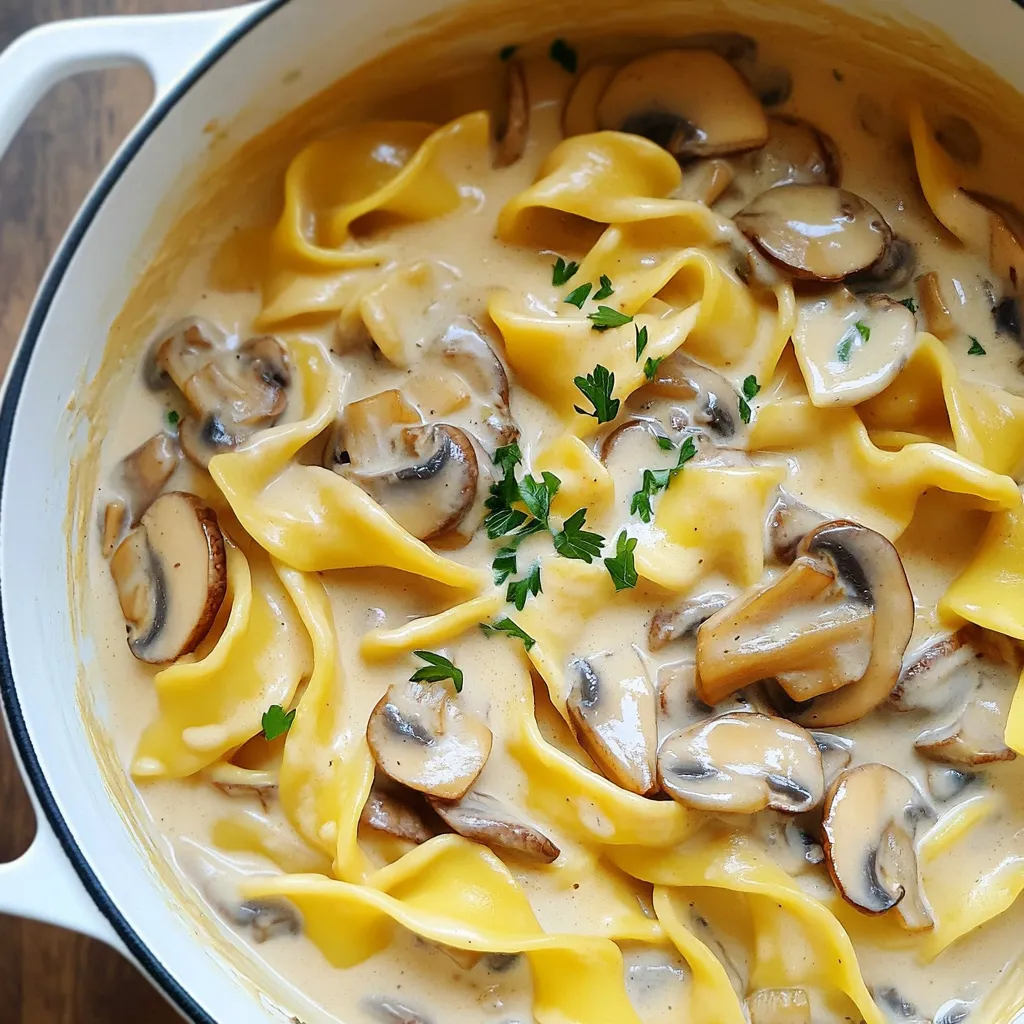 To make a delicious One Pot Creamy Mushroom Stroganoff, gather these simple ingredients: - 12 oz wide egg noodles - 2 tablespoons olive oil - 1 medium onion, diced - 3 cloves garlic, minced - 16 oz mixed mushrooms (cremini, shiitake, and button), sliced - 1 teaspoon dried thyme - 1 teaspoon smoked paprika - 4 cups vegetable broth - 1 cup heavy cream or coconut milk - 2 tablespoons soy sauce - Salt and pepper to taste - Fresh parsley, chopped (for garnish) Each ingredient plays a key role in creating rich flavors. The wide egg noodles soak up the creamy sauce well. Olive oil adds a smooth base, while the onion and garlic bring depth. The mixed mushrooms add earthiness. Thyme and smoked paprika give it a warm kick. Vegetable broth makes it hearty, and the cream or coconut milk creates that dreamy texture. Lastly, soy sauce enhances the umami, while salt and pepper balance the flavors. Fresh parsley adds a burst of color and freshness. Enjoy gathering these ingredients and get ready for a tasty dish! - Heat 2 tablespoons of olive oil in a large pot over medium heat. - Add 1 medium diced onion and sauté until it turns translucent, about 3-4 minutes. - Next, stir in 3 cloves of minced garlic and 16 oz of sliced mixed mushrooms. Cook until the mushrooms are soft and release their moisture, about 5-6 minutes. - Incorporate 1 teaspoon of dried thyme and 1 teaspoon of smoked paprika. Stir well to mix the flavors for one more minute. - Add 12 oz of wide egg noodles to the pot along with 4 cups of vegetable broth and 2 tablespoons of soy sauce. Bring this mix to a boil. - Reduce the heat to a simmer. Cover the pot and cook for 10-12 minutes until the noodles are al dente. Stir occasionally to prevent sticking. - Pour in 1 cup of heavy cream (or coconut milk for a vegan option) and mix well to create a creamy sauce. Let it simmer for another 5 minutes until the sauce thickens slightly. - Season with salt and pepper to taste, adjusting flavors as needed. You’ll have a creamy, rich dish that's perfect for sharing. Just serve hot, garnished with fresh parsley for a lovely touch! Preventing noodles from sticking To stop your noodles from sticking, stir them often. When you add the egg noodles, make sure to mix them well with the broth. This helps them stay separated. If they still stick, add a splash of olive oil to loosen them up. Achieving the perfect creaminess For a creamy dish, add heavy cream towards the end. If you prefer a vegan option, use coconut milk. Both create a rich texture. Stir gently to blend the cream in without breaking the noodles. Ideal garnishes for presentation Garnish your stroganoff with fresh parsley. This adds color and freshness. A sprinkle of black pepper also enhances the look and flavor. Serve it hot for the best taste. Pairing recommendations This dish pairs well with a simple green salad. A light vinaigrette complements the creaminess. You can also serve crusty bread on the side for dipping. Enjoy the balance of flavors with these sides! {{image_2}} You can easily modify this dish to fit your needs. For a vegan option, replace heavy cream with coconut milk. Coconut milk adds a rich flavor and keeps the dish creamy. Simply stir in the coconut milk in the same step as the heavy cream. If you need a gluten-free version, swap the wide egg noodles for gluten-free pasta. There are many options available, such as rice noodles or gluten-free egg noodles. Just make sure to check the cooking time on the package, as it may differ. To make your stroganoff even more exciting, you can add different herbs or spices. Try adding basil, oregano, or rosemary for a fresh twist. A pinch of crushed red pepper can also give it a nice heat. You can also incorporate other vegetables to add more texture and flavor. Spinach, bell peppers, or zucchini work well in this dish. Simply add them when you cook the mushrooms. This way, they will blend with the sauce perfectly. To store leftovers, let the dish cool down first. Place it in airtight containers. Glass or BPA-free plastic containers work best. Make sure to leave some space at the top for expansion. Label each container with the date. This helps you track how long it has been stored. One Pot Creamy Mushroom Stroganoff keeps well in the fridge for up to four days. You can reheat in a microwave or on the stovetop. If using the microwave, heat in short bursts, stirring often. This helps warm it evenly. For stovetop reheating, use low heat. Stir gently to prevent sticking. To keep the creaminess, add a splash of broth or cream while reheating. This step helps restore the dish's smooth texture. Enjoy your creamy mushroom stroganoff even after storing! Can I use different types of pasta? Yes, you can use other pasta types. Try penne, rotini, or gluten-free pasta. Just ensure the cooking time matches the noodles you choose. How long does the dish last in the fridge? This dish lasts about three to four days in the fridge. Store it in an airtight container for best results. Can I freeze One Pot Creamy Mushroom Stroganoff? Yes, you can freeze it. Allow it to cool, then place it in a freezer-safe container. It keeps well for about two months. How do I know when the noodles are done? Test the noodles a minute or two before the time is up. They should be firm but not hard. You want them al dente. What can I substitute for heavy cream? Coconut milk works great as a dairy-free option. You can also use cashew cream for a rich texture. Is this dish suitable for meal prep? Absolutely! This dish is easy to make ahead. It reheats well and tastes just as good on the next day. This blog shared a tasty recipe for One Pot Creamy Mushroom Stroganoff. You learned about the ingredients, steps, and tips for success. I also covered variations to fit different diets and ways to store your dish. Making this meal can be easy and fun. Whether you're cooking for family or friends, this dish is sure to please. Enjoy the rich flavors and creamy texture. Try it out and make it your own!