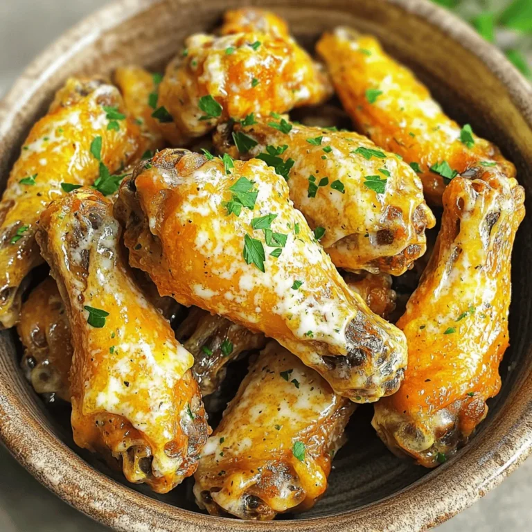 - 2 lbs chicken wings, separated into flats and drumettes - 2 tablespoons olive oil - 1 teaspoon garlic powder - 1 teaspoon onion powder - 1 teaspoon smoked paprika - Salt and pepper to taste - ½ cup grated Parmesan cheese - 2 tablespoons fresh parsley, chopped - 2 tablespoons minced garlic - 1 tablespoon butter, melted Gather these ingredients to make your Air Fryer Garlic Parmesan Wings. The chicken wings form the base of this dish. Use fresh wings for the best flavor. Olive oil helps the wings crisp up nicely. Garlic and onion powders add a bold taste. Smoked paprika gives a hint of smokiness. Next, season with salt and pepper to enhance the flavors. Grated Parmesan cheese is key for that cheesy goodness. For garnish, fresh parsley adds color and freshness. Minced garlic in the sauce gives a punch. The melted butter ties it all together, making each bite rich and tasty. This simple list creates wings that are flavorful and crispy. Start by preparing your chicken wings. In a large bowl, combine the chicken wings, olive oil, garlic powder, onion powder, smoked paprika, salt, and pepper. Toss the wings until they are evenly coated with the seasonings. This step is key for flavor. Next, preheat your air fryer to 400°F (200°C) for about 5 minutes. Preheating helps ensure the wings cook evenly and become crispy. Now it’s time to air fry the wings. Arrange the wings in a single layer in the air fryer basket. Make sure they are not overcrowded. If you have a lot of wings, cook them in batches. Set your timer for 25-30 minutes. Flip the wings halfway through the cooking time. This helps them brown evenly on both sides. You want them to be golden brown and crispy. While the wings cook, prepare the garlic Parmesan sauce. In a small bowl, mix the melted butter, minced garlic, and half of the grated Parmesan cheese. This sauce adds rich flavor and a creamy texture to the wings. Once the wings finish cooking, transfer them to a large mixing bowl. Pour the garlic Parmesan sauce over them. Toss well to coat every wing. Finally, sprinkle the remaining Parmesan cheese and chopped parsley over the wings before serving. Enjoy your tasty creation! To get crispy wings, avoid overcrowding the basket. If you pile wings together, they won’t cook evenly. Cook in batches if needed. This way, each wing gets enough hot air to crisp up. The air fryer works best with space around the food. You can add more flavors to your wings. Try cayenne pepper for heat. If you want a milder taste, stick with garlic powder and onion powder. Always taste your mix before cooking. This helps you adjust the spice levels to your liking. Wings taste great with dipping sauces. Consider ranch or blue cheese for a classic pairing. For sides, serve with celery sticks or a light salad. These add a refreshing crunch to your meal. Try to keep the focus on the wings while enjoying tasty sides. {{image_2}} You can spice up your garlic Parmesan wings with a few fun twists. - Spicy garlic Parmesan wings: Add 1-2 teaspoons of cayenne pepper or hot sauce to the mix. This gives a nice kick while keeping the garlic and Parmesan flavors intact. - Lemon herb variation: Add the zest of one lemon and a teaspoon of dried oregano or thyme. This adds freshness and a bright taste to your wings. If you don’t have an air fryer, don’t worry! You can still enjoy these wings. - Oven-baking wings vs. air frying: Baking is a great option. Preheat your oven to 425°F (220°C). Line a baking sheet with foil, place the wings on it, and bake for 30-35 minutes. Flip them halfway for even cooking. - Grilling for a smoky flavor: Grill your wings for about 20 minutes on medium heat. Turn them every few minutes to get that smoky char. It adds a different depth to the flavor. Want to make your wings fit your diet? Here are some easy swaps. - Gluten-free wing options: Use gluten-free soy sauce instead of regular. It keeps the flavor while being safe for gluten-sensitive folks. - Using skinless wings for healthier choices: Skinless wings are lower in fat. Just toss them in the same seasoning mix. They’ll still taste great! Store your leftover wings in an airtight container. This helps keep them fresh. Place them in the fridge right after they cool. They stay good for about 3 to 4 days. If you want the best taste, eat them sooner rather than later. To freeze your cooked wings, first let them cool down completely. Next, place them in a single layer on a baking sheet. Freeze them for about 1 to 2 hours. Once solid, transfer the wings to a freezer bag. This helps save space. You can store them for up to 3 months. To reheat, bake them in the oven at 375°F (190°C) for about 20 minutes, or until heated through. Check your wings for any off smells. If they smell sour, it's time to toss them out. Look for any signs of freezer burn if frozen. To keep wings crispy, reheat them in the air fryer or oven. Avoid using the microwave, as it makes them soggy. To get the best crispiness, air fry the wings for 25-30 minutes at 400°F (200°C). This high heat cooks them fast and keeps them crispy. Flip the wings halfway to ensure even cooking. You want them golden brown and crunchy on all sides. Yes, you can prep garlic Parmesan wings ahead of time. Marinate the wings in olive oil, garlic powder, onion powder, smoked paprika, salt, and pepper. Store them in the fridge for up to 24 hours. Just remember to cook them fresh for the best taste. Several side dishes go great with garlic Parmesan wings. Here are a few ideas: - Celery sticks with ranch dressing - French fries or sweet potato fries - A fresh garden salad - Coleslaw for a crunchy contrast These sides complement the rich flavors of the wings and add a nice balance to your meal. This article shared how to make tasty garlic Parmesan chicken wings. You learned about the key ingredients, like chicken wings, garlic, and Parmesan. I provided clear steps to prepare and cook the wings in an air fryer. You discovered tips for perfect crispiness and flavor, as well as easy variations. Now you can enjoy delicious wings at home or share with friends. With these simple methods, you’ll impress everyone with your cooking skills. Enjoy your cooking adventure!