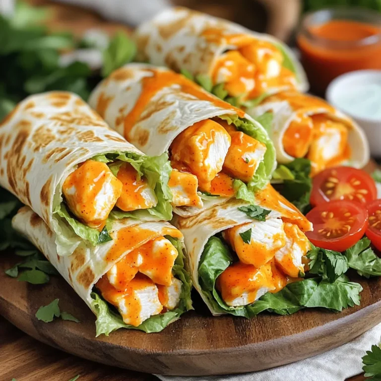 To whip up these tasty Air Fryer Buffalo Chicken Wraps, gather the following items: - 2 large chicken breasts, cubed - 1 cup buffalo sauce (store-bought or homemade) - 1 tablespoon olive oil - 1 teaspoon garlic powder - 1 teaspoon paprika - Salt and pepper to taste - 4 whole wheat tortillas - 1 cup lettuce, shredded - 1 cup shredded mozzarella cheese - 1/2 cup cherry tomatoes, halved - Optional: 1/4 cup blue cheese dressing (for drizzling) These ingredients work together to create a dish that bursts with flavor. The buffalo sauce gives a spicy kick, while the mozzarella cheese adds a creamy texture. The addition of fresh lettuce and tomatoes balances the heat perfectly. You can customize the wrap with your favorite extras, but these basics form a solid foundation. Start by mixing your chicken with olive oil and buffalo sauce. Add garlic powder, paprika, salt, and pepper to the bowl. Stir until all the chicken cubes are coated. This step adds flavor. Let it marinate for a few minutes for better taste. Meanwhile, preheat your air fryer to 380°F (193°C) for about 5 minutes. This helps the chicken cook evenly. Place the marinated chicken in the air fryer basket. Make sure to spread it out in a single layer. Cook the chicken for 12-15 minutes. It's important to shake the basket halfway through cooking. This will help it crisp up nicely on all sides. The chicken is done when it looks golden and crispy. While the chicken cooks, lay out your tortillas. On each tortilla, add a layer of shredded lettuce. Next, place the cooked buffalo chicken on top. Sprinkle shredded mozzarella cheese and add halved cherry tomatoes. If you like, drizzle blue cheese dressing over the top. This adds a creamy touch to your wraps. Now, tightly roll each tortilla. Fold in the sides as you roll from the bottom. This keeps all the tasty filling inside. To crisp them up, return the wrapped tortillas to the air fryer. Cook them at 380°F (193°C) for 4-5 minutes. You'll know they are ready when they look golden and crunchy. After cooking, slice them in half diagonally for a nice presentation. For great buffalo flavor, select a good buffalo sauce. I like to use Frank's RedHot sauce for its tangy kick. If you want to make your own, mix hot sauce with melted butter and a squeeze of lemon. When seasoning the chicken, use garlic powder and paprika. They add depth. Don't forget to sprinkle salt and pepper to taste. This boosts the overall flavor. To wrap your tortillas correctly, place the filling in the center. Fold in the sides first, then roll it tightly. This helps keep everything inside. For the air fryer, set it to 380°F (193°C) for both cooking the chicken and the wraps. This temperature achieves a nice, crispy exterior. Serve your wraps on a large platter for sharing. Add extra buffalo sauce and blue cheese dressing on the side. This gives your guests options. For a pop of color, garnish with fresh parsley or cilantro. This simple touch makes your dish look even more appealing. {{image_2}} You can switch up the proteins in this recipe. Instead of chicken, try turkey or shrimp. These options cook well and taste great with buffalo sauce. You can also change the cheese. Use cheddar, pepper jack, or even a dairy-free cheese. Different dressings can add unique flavors too, like ranch or a spicy aioli. To amp up the taste, add spices or herbs. Try cumin, cayenne, or fresh cilantro for a twist. Adjust the heat to your liking. If you prefer milder flavors, reduce the buffalo sauce. For more spice, add extra sauce or some hot pepper flakes. For gluten-free wraps, use corn tortillas. They taste great and hold the filling well. If you want a vegan option, swap out chicken for chickpeas or tofu. Use vegan cheese to keep it plant-based. These options let you enjoy buffalo chicken wraps no matter your diet. To keep your wraps fresh, store them in an airtight container. Place parchment paper between layers if you stack them. This helps to keep them from sticking together. You can keep them in the fridge for about 3 days. After that, they may lose flavor and texture. For the best taste, reheat your wraps in the air fryer. Set it to 380°F (193°C) for 4 to 5 minutes. This keeps the wraps crispy. If you don’t have an air fryer, you can use a microwave. Heat them for about 1 to 2 minutes. Alternatively, you can use an oven. Preheat it to 350°F (175°C) and heat for about 10 minutes. Enjoy your tasty leftovers! Yes, you can make these wraps ahead. To prep, cook the chicken fully and let it cool. Then, wrap the chicken in tortillas and store in the fridge. Use airtight bags or containers. They stay fresh for about 3 days. When ready to eat, just crisp them in the air fryer for a few minutes. Making buffalo sauce at home is easy. Here’s a quick recipe: - 1/2 cup hot sauce (like Frank's RedHot) - 1/2 cup melted butter - 1 tablespoon vinegar - 1/4 teaspoon garlic powder - Salt to taste Mix all ingredients in a bowl. Adjust spice level by adding more hot sauce or butter to get the taste you like. These wraps pair well with many sides. Try: - Celery sticks with ranch - Carrot sticks with hummus - Sweet potato fries - A simple green salad These sides add crunch and freshness to your meal. Yes, they can be healthy. Each wrap has lean protein from chicken and fiber from whole wheat tortillas. You can make them even healthier by: - Using less cheese - Swapping blue cheese for yogurt dressing - Adding more veggies like spinach or peppers This way, you keep the taste but cut some calories. You can use frozen chicken, but you need to adjust cooking time. Cook the frozen chicken at 380°F for about 18-20 minutes. Make sure to check that the chicken is fully cooked before using it in the wraps. This method saves time and is still delicious. You learned how to make tasty Air Fryer Buffalo Chicken Wraps. We covered the ingredients, steps, and helpful tips. You can customize these wraps with different proteins, flavors, and more. Storing leftovers is easy, and reheating keeps them crispy. Experiment and enjoy creating your own wraps. They are a fun meal for everyone! Give this recipe a try, and you’ll impress your friends and family. Happy cooking!
