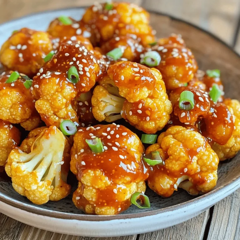 - 1 head of cauliflower, cut into bite-sized florets - 3 tablespoons sweet chili sauce - 1 tablespoon olive oil - 1 teaspoon garlic powder - 1 teaspoon onion powder - ½ teaspoon salt - ¼ teaspoon black pepper These main ingredients form the base of the dish. The cauliflower florets take on the sweet and spicy flavors well. The sweet chili sauce adds a delightful mix of heat and sweetness. The olive oil helps everything crisp up nicely in the air fryer. - 1 tablespoon sesame seeds (optional, for garnish) - 2 green onions, sliced (optional, for garnish) Adding sesame seeds and green onions enhances the dish. They give extra texture and flavor. These garnishes make the dish look even more appealing. Choose cauliflower with firm, white florets. Look for green leaves that are crisp and bright. Avoid heads with brown spots or soft areas. Fresh cauliflower should feel heavy for its size. Always check for a clean base where it was cut. This ensures the cauliflower is fresh and ready for your recipe. Start by rinsing the head of cauliflower under cool water. This helps remove dirt and any pesticides. Next, cut the cauliflower into bite-sized florets. Aim for similar sizes so they cook evenly. You want each piece to be about 1-2 inches wide. This size helps them get crispy in the air fryer. In a large mixing bowl, combine these ingredients: - 3 tablespoons sweet chili sauce - 1 tablespoon olive oil - 1 teaspoon garlic powder - 1 teaspoon onion powder - ½ teaspoon salt - ¼ teaspoon black pepper Mix these together well until you have a smooth and tasty sauce. This sauce gives the cauliflower a sweet and spicy kick. You can taste it as you mix to see if you want to add more spice or sweetness. Once your sauce is ready, add the cauliflower florets into the bowl. Toss them gently so they all get a nice coat of sauce. Do not overcrowd the air fryer basket. Place the florets in a single layer. This step helps them cook evenly. Preheat your air fryer to 375°F (190°C) for about 5 minutes. After preheating, air fry the cauliflower for 15-18 minutes. Shake the basket halfway through cooking for even crispiness. The cauliflower should turn golden brown and crispy. When done, remove it from the fryer and serve it hot. Enjoy your tasty, sweet chili cauliflower! To get that ideal crunch, start with dry cauliflower florets. Rinse them well, then pat them dry with a kitchen towel. A dry surface helps the sauce stick and gives you a crispier finish. Make sure not to overcrowd the air fryer basket. If you pile too many florets together, they will steam instead of crisp. Cook in batches if needed. Shaking the basket halfway through cooking also helps them brown evenly. You can change the flavor easily! If you like it spicy, add red pepper flakes to the sauce. For a tangy twist, squeeze fresh lime juice into the mix. You can also swap out sweet chili sauce for other sauces like teriyaki or barbecue. Experiment with herbs, too. Fresh cilantro or basil can add a nice touch. Just remember, balance is key! One common mistake is not cutting the cauliflower evenly. Uneven pieces cook differently. Some may burn while others stay raw. Also, be careful with the sauce. Too much can make the florets soggy. Stick to the recipe for the right balance. Lastly, don’t forget to preheat the air fryer! Skipping this step can lead to uneven cooking and less crisp. {{image_2}} You can easily add heat to this dish. Just mix in some red pepper flakes or sriracha. Start with a pinch, then taste and add more if you like it hot. The sweet chili sauce balances the heat well. This spicy twist makes the cauliflower even more exciting. This recipe is almost vegan! To make it fully vegan, check your sweet chili sauce. Some brands use honey. Choose a vegan brand or make your own sauce. Simply mix equal parts sugar and water with chili paste. This keeps your dish plant-based and tasty! You can serve Air Fryer Sweet Chili Cauliflower with many dishes. Try it with rice or quinoa for a full meal. It also goes well with grilled meats or tofu. Use it as a side for tacos or salads. The crispy bites add crunch and flavor to any plate! To store your leftover sweet chili cauliflower, let it cool first. Place it in an airtight container. This keeps it fresh for about three days. I recommend using glass containers for better quality. Make sure to label the container with the date. This way, you won't forget how long it's been stored. When you're ready to eat the leftovers, preheat your air fryer to 350°F (175°C). Place the cauliflower in the basket in a single layer. Heat for about 5-7 minutes. This method keeps the cauliflower crispy. If you don’t have an air fryer, a microwave works too. Just be aware it may not stay as crispy. You can freeze sweet chili cauliflower for later. Let it cool completely before freezing. Place it in a freezer-safe bag or container. Be sure to remove as much air as possible. It will stay good in the freezer for up to three months. When you want to eat it, thaw it in the fridge overnight. Reheat it in the air fryer for best results! Yes, you can use frozen cauliflower. Just make sure to thaw it first. Drain any water and pat it dry. This helps keep the cauliflower crispy during cooking. The sweet chili sauce will still coat the florets well. Cooking time may need a little adjustment. Check for doneness after 15 minutes. Making sweet chili sauce is simple! You need just a few ingredients. Combine the following in a saucepan: - 1 cup sugar - 1 cup water - 1 cup rice vinegar - 2 teaspoons garlic, minced - 1 teaspoon red pepper flakes Heat the mixture on medium. Stir until the sugar dissolves. Let it simmer for 5-10 minutes. The sauce will thicken as it cools. You can adjust the spice level by adding more or less red pepper flakes. Air Fryer Sweet Chili Cauliflower makes a great side. It pairs well with grilled chicken or fish. You can also serve it with rice or quinoa. Add a fresh salad for a complete meal. For a fun twist, use it as a filling in tacos or lettuce wraps. This blog post explored making Air Fryer Sweet Chili Cauliflower. We discussed key ingredients, both main and garnishes. I provided step-by-step instructions for prepping the cauliflower and making the sauce. We shared tips for perfect crispiness and customizing flavors while avoiding common mistakes. Remember, experimenting with variations can enhance your dish. Proper storage ensures leftovers stay fresh. Enjoy this tasty treat, and feel free to explore the FAQs for more tips. You now have the tools to impress your friends and family with a delicious dish!