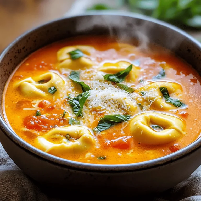 Here’s what you need to make this creamy tomato basil tortellini soup. Gather these items: - 1 tablespoon olive oil - 1 small onion, finely chopped - 2 cloves garlic, minced - 1 can (28 oz) crushed tomatoes - 4 cups vegetable broth - 1 teaspoon dried oregano - 1 teaspoon sugar (to balance acidity) - Salt and pepper to taste - 2 cups cheese tortellini (fresh or frozen) - 1 cup heavy cream (or coconut cream for a dairy-free option) - 1/4 cup fresh basil, chopped - Grated Parmesan cheese for serving (optional) These ingredients come together to create a rich, comforting bowl of soup. The olive oil gives a nice base. The onion and garlic add depth and aroma, while crushed tomatoes bring that bright, tangy flavor. Vegetable broth makes the soup hearty, and the dried oregano gives it an herby note. The sugar serves an important role. It balances the acidity of the tomatoes. This balance makes the soup taste delicious. The cheese tortellini adds a fun texture and makes the dish filling. You can choose heavy cream for a rich taste or coconut cream for a lighter, dairy-free option. Fresh basil provides a fresh finish, while Parmesan cheese adds an extra layer of flavor if you choose to use it. Now you have all your ingredients ready. Let’s get cooking! First, heat 1 tablespoon of olive oil in a large pot over medium heat. Add 1 finely chopped small onion. Sauté the onion until it softens and turns translucent, which takes about 5 minutes. This step builds a strong flavor base for your soup. Next, stir in 2 minced garlic cloves. Cook this mixture for another minute until the garlic becomes fragrant. The aroma will fill your kitchen, making your mouth water! Now, it's time to combine the main ingredients. Add 1 can of crushed tomatoes, 4 cups of vegetable broth, 1 teaspoon of dried oregano, and 1 teaspoon of sugar to the pot. The sugar helps balance the acidity of the tomatoes. Season with salt and pepper to taste, then bring everything to a gentle boil. Once boiling, reduce the heat and let the soup simmer for about 15 minutes. This step allows all the flavors to meld together, creating a rich and savory broth. Now, let’s cook the tortellini. If you use fresh tortellini, cook it for about 3 to 5 minutes. If you opt for frozen tortellini, it will take around 7 to 10 minutes. Monitor the texture closely. You want the tortellini to be tender but not mushy. After cooking the tortellini, remove the pot from heat. Stir in 1 cup of heavy cream or coconut cream for a dairy-free option. Add 1/4 cup of chopped fresh basil, mixing well to ensure the cream is fully incorporated. Finally, taste the soup and adjust the seasoning if needed. You can add more salt, pepper, or even a bit more sugar if you like. Your creamy tomato basil tortellini soup is now ready to serve! To make your soup shine, balance the acidity of the tomatoes with a bit of sugar. Just one teaspoon helps the tomatoes taste sweeter and richer. Using high-quality canned tomatoes also boosts flavor. Look for whole or crushed tomatoes that are organic. They often have a fresher taste and are less acidic. When it comes to creaminess, you can choose between heavy cream or coconut cream. Heavy cream gives a rich, traditional taste, while coconut cream adds a light coconut flavor for a dairy-free option. To mix the cream in well, turn off the heat before adding it. Stir it gently to blend fully without boiling. This keeps the soup smooth and creamy. Pair your soup with crusty bread or a fresh salad for a complete meal. A simple green salad with a light vinaigrette works wonders. For presentation, serve the soup in deep bowls. Top each bowl with grated Parmesan cheese and a sprinkle of fresh basil. This not only looks great but adds extra flavor too. {{image_2}} You can easily change the heavy cream to coconut cream. This makes the soup dairy-free but still creamy. If you want more veggies, try adding spinach or zucchini. These vegetables blend well with the soup and boost nutrients. You can also add carrots or bell peppers for a sweet crunch. If you can’t find tortellini, use other pasta like shells or penne. You can also try gnocchi for a fun twist. For gluten-free options, look for gluten-free tortellini or pasta made from rice or chickpeas. These choices keep the dish tasty and light. To add a kick, sprinkle in red pepper flakes while cooking. Start with a little, then add more to suit your taste. You can also mix in herbs like thyme or parsley for extra flavor. These herbs give depth and make the soup even more aromatic. To store leftovers, let the soup cool first. Then, transfer it to an airtight container. Seal it tightly and place it in the fridge. This helps keep the flavor fresh. Use the soup within three to four days for the best taste. To freeze the soup, let it cool completely. Pour it into freezer-safe containers, leaving some space at the top. This space allows for expansion as the soup freezes. When you want to eat it, thaw it overnight in the fridge. Reheat the soup on the stove until hot. To keep the texture, avoid boiling it again. In the fridge, the soup lasts about three to four days. If you freeze it, it can last for up to three months. After that, the flavor may fade, and the texture might change. Always check for signs of spoilage before enjoying your soup! To make this soup vegetarian, swap the vegetable broth for chicken broth. Use fresh vegetables like zucchini or spinach for extra nutrition. You can also add beans for protein. They will give the soup a hearty feel. Fresh basil is a great herb to add for flavor too. Yes, homemade broth is perfect for this soup. It adds rich flavor and can be healthier than store-bought options. You control the salt and ingredients. Homemade broth often has a fresher taste. It enhances the overall taste of the soup. Definitely! Chicken or sausage adds a nice touch. Cook the meat separately before adding it to the soup. Ground turkey works well too. Just ensure it is fully cooked for safety. You can also add cooked meatballs for extra flavor. This blog post covered the key ingredients and steps for making a Creamy Tomato Basil Tortellini Soup. I shared tips on enhancing flavors, making it creamy, and variations to suit your needs. Remember, you can swap ingredients to fit your diet, adjust cooking times, and get creative with spices. Storing your soup properly helps it last longer and taste fresh. You have the tools to create a delicious meal anytime. Enjoy the cooking process and make it your own!