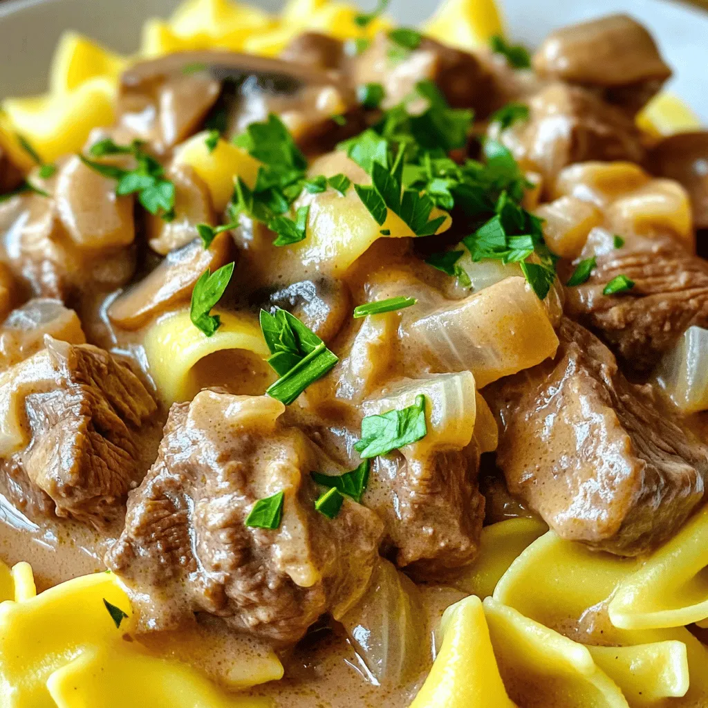- 1.5 lbs beef chuck roast, cut into bite-sized pieces - 1 medium onion, finely chopped - 2 cloves garlic, minced - 8 oz mushrooms, sliced - 4 cups beef broth - 1 tablespoon Worcestershire sauce - 1 tablespoon Dijon mustard - 1 teaspoon paprika - 1 teaspoon dried thyme - Salt and pepper to taste - 2 cups egg noodles - 1 cup sour cream - Fresh parsley, chopped (for garnish) The beef chuck roast is the star of this dish. It becomes tender and juicy. The onion and garlic add a nice base flavor. Mushrooms give it a rich, earthy taste. Beef broth is key for that deep, savory flavor. Worcestershire sauce and Dijon mustard add a touch of zest. Paprika and thyme round out the taste with warmth and depth. Salt and pepper are essential to enhance every bite. Egg noodles serve as the perfect bed for this dish. Lastly, sour cream adds creaminess and tang. Fresh parsley brightens up the plate. - Extra mushrooms for more texture - Red wine for added depth - Green peas for a pop of color - Cream cheese for extra creaminess These optional ingredients can make your dish even better. Extra mushrooms provide more flavor and texture. A splash of red wine can deepen the sauce. Green peas add color and sweetness. Cream cheese can make the sauce richer and smoother. - Slow cooker - Cutting board - Sharp knife - Measuring cups and spoons - Stirring spoon - Serving bowls Having the right tools makes cooking easy and fun. A slow cooker is essential for this recipe. A cutting board and knife will help with prep. Measuring cups ensure you get the right amounts. A stirring spoon is handy for mixing everything. Lastly, serving bowls will hold your delicious beef stroganoff. Start by cutting 1.5 lbs of beef chuck roast into bite-sized pieces. This helps the beef cook evenly. Next, finely chop one medium onion and mince two cloves of garlic. Slice eight ounces of mushrooms. Gather all these ingredients in one spot. This makes cooking easier. In your slow cooker, add the beef, onion, garlic, and mushrooms. Pour in four cups of beef broth. Add one tablespoon of Worcestershire sauce and one tablespoon of Dijon mustard for flavor. Sprinkle in one teaspoon of paprika and one teaspoon of dried thyme. Don't forget to add salt and pepper to taste. Stir everything well to combine. Cover your slow cooker and set it to low heat for 6-8 hours or high heat for 3-4 hours. The beef should be tender when done. About 30 minutes before serving, cook two cups of egg noodles according to the package instructions. While the noodles cook, check on your beef mixture. It should smell amazing! Once the beef is ready, stir in one cup of sour cream until it's well mixed. Taste it and adjust the seasoning if needed. Serve the beef stroganoff over the egg noodles. Make sure each plate has tender beef and sauce. For a nice touch, sprinkle fresh chopped parsley on top. Enjoy your meal! To make your beef stroganoff really shine, use high-quality beef. A chuck roast gives great texture and taste. Brown the meat beforehand for extra flavor. This step adds depth to your dish. Use fresh garlic and onions for a vibrant aroma. Don't skip the Worcestershire sauce; it adds a nice umami kick. Lastly, let the dish simmer longer if you can. This gives time for the flavors to meld beautifully. One common mistake is adding too much liquid. Stick to the recipe's beef broth amount. Adding too much can make the sauce thin. Another mistake is not seasoning enough. Taste your dish before serving. Adjust with salt and pepper if needed. Lastly, don't rush the cooking time. Low and slow makes the beef tender and packed with flavor. To cater to different palates, try these tips. If you like a richer taste, add more sour cream. For a kick, include a dash of hot sauce. If you need it milder, reduce the garlic or mustard. You can also add more herbs, like oregano or basil, for freshness. Feel free to experiment until it suits your taste buds! {{image_2}} You can switch the beef with other meats. Try chicken for a lighter dish. Pork also works well, giving a sweet flavor. Ground beef is a quick option, too. Just adjust cooking time to ensure it's fully cooked. If you want a meatless meal, replace beef with mushrooms and lentils. Use portobello mushrooms for a hearty texture. Add some beans for protein. Tofu can also soak up flavors well, making it a great choice. You can change the taste by adding other herbs and spices. For a kick, try adding crushed red pepper. A splash of white wine can add depth. You might also swap the Dijon mustard for a grainy variety for a different twist. Adjust salt and pepper to suit your taste. After you enjoy your Slow Cooker Beef Stroganoff, let it cool first. Place the beef and noodles in an airtight container. It stays fresh in the fridge for up to three days. Make sure to separate the sauce from the noodles if you can. This keeps the noodles from getting too soggy. When you are ready to eat the leftovers, heat them gently. You can use the microwave or a saucepan. If using the microwave, cover the dish to trap steam. Heat for one to two minutes, stirring halfway. If you use a saucepan, add a splash of broth to keep it moist. Heat on low, stirring often, until warm. You can freeze your beef stroganoff too! Just make sure it cools completely before packing it. Use a freezer-safe container or bag. It can last up to three months in the freezer. When you want to eat it, thaw it overnight in the fridge. Reheat as mentioned to enjoy it again. Yes, you can use other noodles. Fettuccine, pappardelle, or even rice work well. Each type adds its own twist to the dish. Just ensure they cook properly and pair with the sauce. Egg noodles are great for soaking up flavors, but feel free to experiment. To thicken the sauce, you can use a few methods. One way is to mix cornstarch with cold water to make a slurry. Stir this into the sauce and cook for a few more minutes. Another option is to add more sour cream. This will also give a rich taste. Beef Stroganoff pairs well with many sides. Consider serving it with a fresh salad or steamed vegetables. Mashed potatoes or crusty bread are also great choices. These sides balance the savory flavors of the dish and make for a well-rounded meal. We covered the key parts of making Beef Stroganoff. You learned about the main and optional ingredients, kitchen tools, and helped prepare your meal in a slow cooker. I shared tips to boost flavor and avoid mistakes. We explored variations, storage info, and answered common questions. Remember, cooking is about sharing and enjoying food with others. Keep trying and adjusting to find your favorite way to make this dish. Start cooking and have fun!