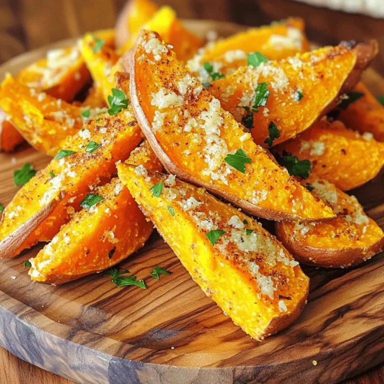 To make Garlic Parmesan Sweet Potato Wedges in the air fryer, you need to gather a few key ingredients. Each ingredient plays an important role in creating a delicious dish. Here’s what you’ll need: - 2 large sweet potatoes, cut into wedges - 3 tablespoons olive oil - 4 cloves garlic, minced - 1 teaspoon smoked paprika - 1 teaspoon garlic powder - ½ teaspoon onion powder - ½ teaspoon salt - ¼ teaspoon black pepper - 1 cup grated Parmesan cheese - 2 tablespoons fresh parsley, chopped (for garnish) Sweet potatoes bring a natural sweetness and a creamy texture. Olive oil helps achieve that crispy exterior. Garlic adds depth of flavor, while smoked paprika gives a nice kick. The blend of garlic powder, onion powder, salt, and pepper rounds out the seasoning. Parmesan cheese offers a cheesy, salty finish, and the fresh parsley gives a bright touch. Each item is important for the final taste. 1. Preheating the air fryer: Start by setting your air fryer to 400°F (200°C). Let it heat for about 5 minutes. This step ensures your sweet potato wedges cook evenly and become crispy. 2. Preparing the sweet potatoes: Take 2 large sweet potatoes and wash them well. Cut them into wedges. Aim for pieces that are similar in size. This way, they cook at the same rate. 3. Mixing the seasoning and cheese: In a large bowl, combine the sweet potato wedges with 3 tablespoons of olive oil, 4 cloves of minced garlic, 1 teaspoon of smoked paprika, 1 teaspoon of garlic powder, ½ teaspoon of onion powder, ½ teaspoon of salt, and ¼ teaspoon of black pepper. Toss everything until the wedges are fully coated. Then, add 1 cup of grated Parmesan cheese and toss again until the cheese sticks to the wedges. 1. Air frying at the right temperature: Place the seasoned sweet potato wedges in your air fryer basket. Make sure they are in a single layer, not crowded. This helps them get crispy. 2. Cooking in batches if necessary: If your air fryer is small, you may need to cook in batches. This way, each wedge gets enough hot air to crisp up nicely. Cook for 15 to 20 minutes. Shake the basket halfway through cooking to ensure even browning. 1. Garnishing with parsley: Once the wedges are golden brown, remove them from the air fryer and place them on a serving platter. Garnish with 2 tablespoons of chopped fresh parsley for a splash of color and added flavor. 2. Serving suggestions: Serve these sweet potato wedges warm. You can sprinkle some extra Parmesan on top for extra flavor. Pair them with your choice of dipping sauce, like zesty spicy mayo or garlic aioli. Enjoy your crunchy, cheesy delight! To make your sweet potato wedges crispy, oil is key. Use just enough olive oil to coat each wedge. Too much oil will make them soggy. Aim for about 3 tablespoons for two large sweet potatoes. Spacing is also vital in the air fryer. Place the wedges in a single layer. If they overlap, they won’t crisp well. Cook them in batches if your air fryer is small. To boost flavors, add spices like chili powder or cayenne for heat. You can also try smoked paprika for a deeper taste. These small changes can make a big difference. For cheese lovers, explore different cheeses. Try cheddar or feta for a unique twist. Each cheese brings its own flavor to the dish. Cooking times may change based on your model of air fryer. Start with 15 minutes, then check for doneness. You want the wedges golden brown and crispy. To check doneness, pierce a wedge with a fork. It should feel tender inside. If it isn’t, give them a few more minutes. Remember, cooking times can vary, so keep an eye on them. {{image_2}} You can change the taste of your sweet potato wedges easily. For a spicy kick, add chili powder or cayenne. This gives the wedges a nice heat. If you prefer sweet flavors, sprinkle some cinnamon and brown sugar on the wedges. The mix of sweet and savory makes each bite special. If you want a vegan version, you can swap the Parmesan cheese. Nutritional yeast is a great choice. It gives a cheesy flavor without dairy. For those who need gluten-free options, you are in luck! This recipe is already gluten-free, so you can enjoy it without worry. These wedges are great on their own, but you can pair them with dips. Try spicy mayo or garlic aioli for a tasty twist. You can also add them to salads or grain bowls. They add a nice crunch and flavor, making your meal more exciting. To keep your leftover garlic Parmesan sweet potato wedges tasty, store them right. Place them in an airtight container. Make sure they cool down first. You can store them in the fridge for up to three days. If you need to stack them, put parchment paper between layers. This keeps them from sticking together. To enjoy your wedges again, reheating is key. The air fryer works best for this. Set it to 350°F (175°C). Heat the wedges for about 5-8 minutes. This helps them regain their crispiness. You can also use an oven. Set it to 375°F (190°C) and warm for 10-15 minutes. You can freeze sweet potato wedges, but timing matters. For the best results, freeze them before cooking. Lay the wedges on a tray and freeze until solid. Then place them in a freezer bag. They can stay fresh for up to three months. If you freeze them after cooking, just note they may lose some texture. To make your sweet potato wedges crispy, start by cutting them evenly. This helps them cook at the same rate. Use a good amount of olive oil. About three tablespoons is perfect. Toss the wedges well with oil and seasonings. Don't overcrowd your air fryer basket. Cook in batches if needed. This allows hot air to circulate. Shake the basket halfway through cooking. This helps all sides get golden and crisp. Yes, you can use regular potatoes! They will have a different taste but will still be delicious. Just cut them into wedges like sweet potatoes. You might need to adjust the cook time. Regular potatoes can take a bit longer. Keep an eye on them to get that nice golden color. There are many tasty dipping sauces you can try! Here are a few ideas: - Zesty spicy mayo - Garlic aioli - Ranch dressing - Honey mustard - Chipotle sauce All these add great flavor and pair well with the sweet potato wedges. To serve more people, simply double the ingredients. Use four large sweet potatoes instead of two. Make sure to keep the cooking method the same. Cook in batches if your air fryer is small. This way, each batch stays crispy and delicious. You can also prepare the seasoning mix ahead of time. This saves you time when cooking for a crowd. This article guided you through making delicious sweet potato wedges in the air fryer. We explored each ingredient, from sweet potatoes to fresh parsley. You learned key steps for preparation, cooking, and finishing touches for the perfect dish. Useful tips helped you achieve crispy textures and introduced flavor variations. With storage and reheating guidance, these wedges remain tasty later. Remember, experimenting with spices or cheese can lead to exciting new flavors. Enjoy your delicious creation today!