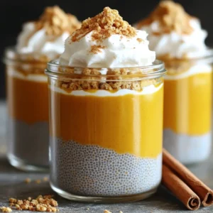 - 1 cup almond milk (or any plant-based milk) - 1/2 cup chia seeds - 1 cup pumpkin puree (unsweetened) - 2 tablespoons maple syrup (or honey) - 1 teaspoon vanilla extract - 1 teaspoon pumpkin pie spice (or a mix of cinnamon, nutmeg, and ginger) - Pinch of salt - Whipped coconut cream - Crushed graham crackers Gathering the right ingredients is key to a delicious Pumpkin Pie Overnight Chia Pudding. Start with almond milk, or any plant-based milk you love. It gives the pudding a creamy base. Chia seeds are a must. They soak up the liquid and turn into a lovely pudding. Pumpkin puree adds a rich flavor and beautiful color. It’s best to use unsweetened puree to control the sweetness. Maple syrup or honey sweetens the mix. You can adjust it based on your taste. A teaspoon of vanilla extract gives a warm touch. The pumpkin pie spice adds that classic fall flavor. If you don't have this spice, mix cinnamon, nutmeg, and ginger for a similar taste. A pinch of salt enhances all the flavors. For toppings, whipped coconut cream adds creaminess and a touch of luxury. Crushed graham crackers provide a nice crunch. You can skip these if you want a simpler dessert. With these ingredients, you create a tasty and healthy treat. Enjoy the process of mixing and creating something wonderful! In a mixing bowl, start by whisking together 1 cup of almond milk, 1 cup of pumpkin puree, 2 tablespoons of maple syrup, 1 teaspoon of vanilla extract, 1 teaspoon of pumpkin pie spice, and a pinch of salt. Make sure the mixture is smooth and well combined. This step sets the base for your pudding, giving it that rich pumpkin flavor we all love. Now, slowly add 1/2 cup of chia seeds while whisking continuously. This is important to prevent clumping. You want each seed to be evenly distributed in the mixture. These tiny seeds will absorb the liquid and help thicken your pudding as it chills. Once the chia seeds are mixed in well, cover the bowl with plastic wrap or a lid. Refrigerate the mixture for at least 4 hours or overnight. This wait time allows the chia seeds to soak up the almond milk and pumpkin puree, transforming the mix into a creamy pudding. The next morning, take the pudding out and give it a good stir. Check the texture; if it feels too thick, add a splash of almond milk to reach your desired consistency. Serve the pudding in individual bowls or jars. Top each serving with a dollop of whipped coconut cream and a sprinkle of crushed graham crackers. This adds a delightful crunch and makes it visually appealing! To keep your chia pudding smooth, add the chia seeds slowly. When you whisk in the seeds, do it gradually. This method helps avoid clumping. If you see clumps forming, just whisk more. A consistent stirring motion makes a big difference. After mixing, let the pudding sit in the fridge. The seeds will absorb liquid, creating a thick, creamy texture. Want to amp up the taste? You can add more spices! Try adding a dash of cinnamon or a pinch of nutmeg. A little ginger can also brighten your pudding. If you like it sweeter, use more maple syrup or honey. Taste as you go until you find the right balance for you. For a stunning look, layer the pudding in clear jars. Start with a layer of pudding, then add whipped coconut cream. Sprinkle crushed graham crackers on top for crunch. You can even add a cinnamon stick for extra flair. These small touches make your dessert stand out and delight your guests. {{image_2}} You can swap almond milk for other plant-based milks. Coconut milk adds a creamy texture and a hint of sweetness. Oat milk brings a mild flavor that pairs well with pumpkin. Both options make your pudding rich and tasty. Maple syrup is great, but you can try other sweeteners too. Agave syrup gives a similar taste and is lighter. Stevia is a low-calorie option. Each choice changes the sweetness and can fit your diet needs. Want to mix it up? You can add flavors like chocolate or vanilla. A tablespoon of cocoa powder creates a rich, chocolatey version. A splash of vanilla extract enhances the warm spices. Both options make your pudding even more exciting! To keep your pumpkin pie overnight chia pudding fresh, store it in an airtight container. Glass jars work great. Ensure the lid is on tight to prevent any odors from the fridge. This keeps the flavors intact. If you plan to serve it later, consider portioning it into smaller jars. This way, you can grab a serving anytime. When stored properly, this pudding lasts about 4 to 5 days in the fridge. The chia seeds help keep the pudding thick and creamy. Just remember to stir it well before serving, as it may thicken a bit more over time. If you notice any changes in smell or texture, it’s best to discard it. If you need longer storage, you can freeze the pudding. Use freezer-safe containers or bags. Leave some space at the top, as it will expand when frozen. To thaw, place it in the fridge overnight. Stir well before eating, and if it's too thick, add a splash of almond milk to get your desired consistency. Enjoy your pumpkin pie chia pudding anytime! To make your pudding thicker, you can adjust the chia seed ratio. Try adding more chia seeds. A good rule is to use 1/2 cup of chia seeds for every cup of liquid. You can also soak the chia seeds longer. If you let them sit overnight, they will absorb more liquid. This helps create a creamier texture. Stir the pudding well after soaking to ensure it’s smooth. Yes, you can use fresh pumpkin. First, cook the pumpkin until soft. You can steam or roast it. Once cooked, mash it to a smooth consistency. This will give a fresher taste. However, it may not blend as easily as canned puree. Adjust the sweetness if needed, as fresh pumpkin can be less sweet. Yes, this recipe is vegan-friendly. All the ingredients used are plant-based. The almond milk and chia seeds are great vegan sources of nutrition. Maple syrup acts as a natural sweetener, keeping it vegan. You can enjoy this delicious pudding without any animal products. Serving this pudding for guests can be fun and creative. Use clear jars to show off the layers. You can layer the pudding and add toppings on each layer. Top with whipped coconut cream and crushed graham crackers. You can also add a sprinkle of cinnamon for extra flavor. This makes for a lovely brunch treat that everyone will enjoy. This blog post shared a simple way to make chia pudding with pumpkin. We covered key ingredients, mixing instructions, and tips for the best texture and flavor. You learned about storage methods and variations to fit your taste. Try adding your favorite toppings or flavor twists for fun. This pudding is easy, tasty, and perfect for any meal. Enjoy the process and make it your own!