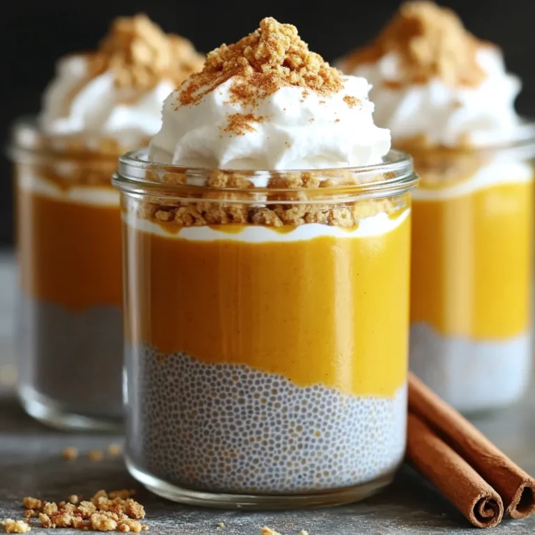 - 1 cup almond milk (or any plant-based milk) - 1/2 cup chia seeds - 1 cup pumpkin puree (unsweetened) - 2 tablespoons maple syrup (or honey) - 1 teaspoon vanilla extract - 1 teaspoon pumpkin pie spice (or a mix of cinnamon, nutmeg, and ginger) - Pinch of salt - Whipped coconut cream - Crushed graham crackers Gathering the right ingredients is key to a delicious Pumpkin Pie Overnight Chia Pudding. Start with almond milk, or any plant-based milk you love. It gives the pudding a creamy base. Chia seeds are a must. They soak up the liquid and turn into a lovely pudding. Pumpkin puree adds a rich flavor and beautiful color. It’s best to use unsweetened puree to control the sweetness. Maple syrup or honey sweetens the mix. You can adjust it based on your taste. A teaspoon of vanilla extract gives a warm touch. The pumpkin pie spice adds that classic fall flavor. If you don't have this spice, mix cinnamon, nutmeg, and ginger for a similar taste. A pinch of salt enhances all the flavors. For toppings, whipped coconut cream adds creaminess and a touch of luxury. Crushed graham crackers provide a nice crunch. You can skip these if you want a simpler dessert. With these ingredients, you create a tasty and healthy treat. Enjoy the process of mixing and creating something wonderful! In a mixing bowl, start by whisking together 1 cup of almond milk, 1 cup of pumpkin puree, 2 tablespoons of maple syrup, 1 teaspoon of vanilla extract, 1 teaspoon of pumpkin pie spice, and a pinch of salt. Make sure the mixture is smooth and well combined. This step sets the base for your pudding, giving it that rich pumpkin flavor we all love. Now, slowly add 1/2 cup of chia seeds while whisking continuously. This is important to prevent clumping. You want each seed to be evenly distributed in the mixture. These tiny seeds will absorb the liquid and help thicken your pudding as it chills. Once the chia seeds are mixed in well, cover the bowl with plastic wrap or a lid. Refrigerate the mixture for at least 4 hours or overnight. This wait time allows the chia seeds to soak up the almond milk and pumpkin puree, transforming the mix into a creamy pudding. The next morning, take the pudding out and give it a good stir. Check the texture; if it feels too thick, add a splash of almond milk to reach your desired consistency. Serve the pudding in individual bowls or jars. Top each serving with a dollop of whipped coconut cream and a sprinkle of crushed graham crackers. This adds a delightful crunch and makes it visually appealing! To keep your chia pudding smooth, add the chia seeds slowly. When you whisk in the seeds, do it gradually. This method helps avoid clumping. If you see clumps forming, just whisk more. A consistent stirring motion makes a big difference. After mixing, let the pudding sit in the fridge. The seeds will absorb liquid, creating a thick, creamy texture. Want to amp up the taste? You can add more spices! Try adding a dash of cinnamon or a pinch of nutmeg. A little ginger can also brighten your pudding. If you like it sweeter, use more maple syrup or honey. Taste as you go until you find the right balance for you. For a stunning look, layer the pudding in clear jars. Start with a layer of pudding, then add whipped coconut cream. Sprinkle crushed graham crackers on top for crunch. You can even add a cinnamon stick for extra flair. These small touches make your dessert stand out and delight your guests. {{image_2}} You can swap almond milk for other plant-based milks. Coconut milk adds a creamy texture and a hint of sweetness. Oat milk brings a mild flavor that pairs well with pumpkin. Both options make your pudding rich and tasty. Maple syrup is great, but you can try other sweeteners too. Agave syrup gives a similar taste and is lighter. Stevia is a low-calorie option. Each choice changes the sweetness and can fit your diet needs. Want to mix it up? You can add flavors like chocolate or vanilla. A tablespoon of cocoa powder creates a rich, chocolatey version. A splash of vanilla extract enhances the warm spices. Both options make your pudding even more exciting! To keep your pumpkin pie overnight chia pudding fresh, store it in an airtight container. Glass jars work great. Ensure the lid is on tight to prevent any odors from the fridge. This keeps the flavors intact. If you plan to serve it later, consider portioning it into smaller jars. This way, you can grab a serving anytime. When stored properly, this pudding lasts about 4 to 5 days in the fridge. The chia seeds help keep the pudding thick and creamy. Just remember to stir it well before serving, as it may thicken a bit more over time. If you notice any changes in smell or texture, it’s best to discard it. If you need longer storage, you can freeze the pudding. Use freezer-safe containers or bags. Leave some space at the top, as it will expand when frozen. To thaw, place it in the fridge overnight. Stir well before eating, and if it's too thick, add a splash of almond milk to get your desired consistency. Enjoy your pumpkin pie chia pudding anytime! To make your pudding thicker, you can adjust the chia seed ratio. Try adding more chia seeds. A good rule is to use 1/2 cup of chia seeds for every cup of liquid. You can also soak the chia seeds longer. If you let them sit overnight, they will absorb more liquid. This helps create a creamier texture. Stir the pudding well after soaking to ensure it’s smooth. Yes, you can use fresh pumpkin. First, cook the pumpkin until soft. You can steam or roast it. Once cooked, mash it to a smooth consistency. This will give a fresher taste. However, it may not blend as easily as canned puree. Adjust the sweetness if needed, as fresh pumpkin can be less sweet. Yes, this recipe is vegan-friendly. All the ingredients used are plant-based. The almond milk and chia seeds are great vegan sources of nutrition. Maple syrup acts as a natural sweetener, keeping it vegan. You can enjoy this delicious pudding without any animal products. Serving this pudding for guests can be fun and creative. Use clear jars to show off the layers. You can layer the pudding and add toppings on each layer. Top with whipped coconut cream and crushed graham crackers. You can also add a sprinkle of cinnamon for extra flavor. This makes for a lovely brunch treat that everyone will enjoy. This blog post shared a simple way to make chia pudding with pumpkin. We covered key ingredients, mixing instructions, and tips for the best texture and flavor. You learned about storage methods and variations to fit your taste. Try adding your favorite toppings or flavor twists for fun. This pudding is easy, tasty, and perfect for any meal. Enjoy the process and make it your own!