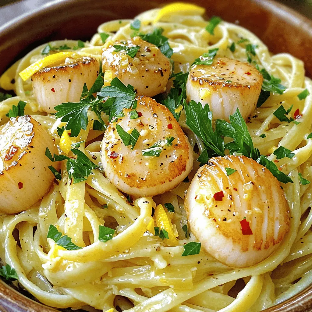 To make Garlic Butter Scallop Pasta, you will need: - 8 oz linguine or spaghetti - 1 lb sea scallops, cleaned and patted dry - 4 tablespoons unsalted butter - 4 cloves garlic, minced - 1 teaspoon crushed red pepper flakes (optional) - 1 lemon, zested and juiced - 1/2 cup chicken broth (or vegetable broth for a vegetarian option) - 1/4 cup fresh parsley, chopped - Salt and pepper to taste - Grated Parmesan cheese for serving (optional) These ingredients create a rich and flavorful dish. The scallops add a sweet taste, while garlic and butter bring depth. The lemon brightens the dish and makes it fresh. You will need a few tools to prepare this dish: - Large pot for boiling pasta - Large skillet for searing scallops and making sauce - Cooking spoon for mixing - Measuring cups and spoons - Tongs or a slotted spoon for handling scallops Having these tools ready will make cooking easier and more fun. To elevate your pasta dish, consider these optional additions: - Fresh herbs like basil or thyme for extra aroma - A splash of white wine for a richer sauce - Cherry tomatoes for a pop of color and sweetness - Capers for a tangy bite These additions help customize the dish to your taste, making it even more delightful. Start by boiling a large pot of salted water. Add 8 oz of linguine or spaghetti. Cook until the pasta is al dente, about 8-10 minutes. Drain the pasta and set it aside. Remember to save about 1/2 cup of the pasta water. This water helps the sauce stick to the pasta. Heat a large skillet over medium-high heat. Add 2 tablespoons of unsalted butter. Let it melt and sizzle. Place 1 lb of cleaned scallops in a single layer. Make sure they are not crowded. Season with salt and cook for 2-3 minutes on each side. You want them golden brown. Once done, remove the scallops and set them aside. In the same skillet, lower the heat to medium. Add the remaining 2 tablespoons of butter. Then, add 4 cloves of minced garlic and 1 teaspoon of crushed red pepper flakes, if you like some heat. Stir for 30 seconds until it smells great. This is where the magic starts! Pour in 1/2 cup of chicken broth, along with the juice and zest of 1 lemon. Stir everything well and let it simmer for a few minutes. This allows the flavors to blend. Now, return the cooked pasta to the skillet. Toss to coat the pasta in the sauce. If it looks dry, add a splash of that reserved pasta water. Finally, gently fold in the seared scallops. To sear scallops well, start with dry scallops. Pat them dry with a paper towel. This step helps them brown better. Use a hot skillet with melted butter. Place scallops in a single layer. Don't crowd them; this helps them cook evenly. Sear each side for 2-3 minutes until golden. When done, remove them and set aside. If you like heat, add crushed red pepper flakes. Start with a small amount. You can always add more if you want. For a milder flavor, skip the flakes. The garlic and lemon will still give it great taste. For a complete meal, serve the pasta with a fresh salad. A light green salad balances the rich dish. You can also add garlic bread on the side. A glass of white wine, like Sauvignon Blanc, pairs well too. It complements the scallops and garlic perfectly. {{image_2}} You can easily make a vegetarian version of garlic butter scallop pasta. Instead of scallops, use mushrooms. They have a nice texture and soak up flavors well. Try portobello or king oyster mushrooms for a meatier bite. For the broth, swap chicken broth with vegetable broth. This keeps the dish rich and tasty. You can also add more veggies like spinach or zucchini for extra color and nutrition. If you love seafood, mix in more options! Shrimp works great with this dish. Just peel and devein them before cooking. You can also add crab meat or lobster for a luxury touch. Cook the seafood just like the scallops, ensuring they are tender and juicy. This will create a delightful medley of flavors. While linguine or spaghetti is great, you can use other pasta types too. Fettuccine or tagliatelle offers a nice twist. These thicker noodles hold the sauce well. You could also try gluten-free pasta for a different texture. Just follow the cooking time on the package for the best results. Each pasta type adds its unique flair to the dish! After you enjoy your garlic butter scallop pasta, store leftovers in an airtight container. Make sure to let it cool down before sealing the container. This helps keep the pasta fresh and tasty. Store it in the fridge for up to three days. If you wait longer, it may lose its flavor and texture. When it's time to eat your leftovers, you can reheat them easily. Place the pasta in a microwave-safe dish. Add a splash of water or broth to keep it moist. Cover the dish with a damp paper towel. Heat it in the microwave for 1-2 minutes, stirring halfway through. You can also reheat it on the stove. Just add a bit of butter or oil in a pan and warm it over low heat. Stir gently until it’s hot. If you want to save your garlic butter scallop pasta for later, freezing is a great option. First, let the dish cool completely. Then, put it in a freezer-safe container or bag. Press out all the air to avoid freezer burn. The pasta can last up to three months in the freezer. When you’re ready to eat, thaw it in the fridge overnight. After that, reheat as mentioned above. Keep in mind that scallops may lose some texture when frozen, but the flavor remains delicious. You should use sea scallops for this dish. They are larger and meatier than bay scallops. Sea scallops have a sweet taste and a firm texture. Look for scallops that are fresh and clean. They should smell like the ocean, not fishy. Yes, you can make this dish gluten-free. Just swap out the pasta for gluten-free options. Look for gluten-free linguine or spaghetti made from rice or corn. Be sure to check the broth too. Use a gluten-free chicken or vegetable broth for best results. Scallops are done when they turn a golden color. Cook them for about 2-3 minutes on each side. They should feel firm and not rubbery. If you cut one, it should be opaque in the middle. Overcooking can make them tough, so keep an eye on them. You can mix in several herbs for extra flavor. Fresh basil or thyme pair well with the garlic butter sauce. Chives can add a nice touch too. You can also try using fresh dill or tarragon for a twist. Just remember to add them at the end for the best taste. This blog post offers a complete guide to making garlic butter scallop pasta. You learned the key ingredients, tools, and easy steps. We covered tips for perfect scallops and exciting variations to try. Proper storage methods help you enjoy leftovers, and the FAQs answered your common questions. As you cook, remember to have fun and be creative. This dish is not just about taste, but also about finding your flair in the kitchen. Enjoy making it your own!