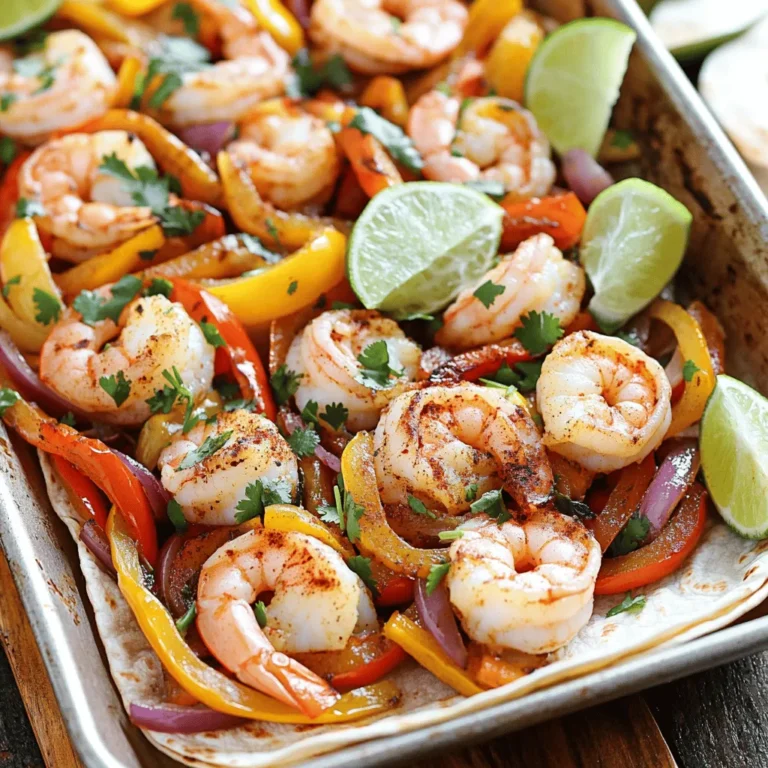 - 1 pound large shrimp, peeled and deveined - 1 red bell pepper, sliced - 1 yellow bell pepper, sliced - 1 small red onion, sliced - Olive oil - Spices and seasonings: chili powder, cumin, smoked paprika, garlic powder, onion powder - Tortillas: flour or corn - Fresh cilantro and lime wedges for garnish When making Sheet Pan Shrimp Fajitas, you need fresh and tasty ingredients. Start with one pound of large shrimp. Make sure they are peeled and deveined for the best flavor. Then, grab a red bell pepper and a yellow bell pepper. Slice them into thin strips. Next, take a small red onion and slice it too. You also need olive oil to help the spices stick and add flavor. For spices, use chili powder, cumin, smoked paprika, garlic powder, and onion powder. These spices give the dish a warm and smoky taste. You can choose flour or corn tortillas. They hold the shrimp and veggies well. Finally, fresh cilantro and lime wedges add a nice touch when serving. These ingredients come together to make a colorful and delicious meal. Each bite brings a burst of flavor. Enjoy this easy and fun dish with friends or family. First, preheat your oven to 400°F (200°C). This heat will help cook everything evenly. Next, take a large baking sheet and line it with parchment paper. This makes cleanup easy. In a big bowl, combine 1 pound of shrimp, 1 sliced red bell pepper, 1 sliced yellow bell pepper, and 1 sliced small red onion. This mix will give your fajitas great flavor and color. Now it's time to add some flavor. Drizzle 3 tablespoons of olive oil over the shrimp and veggies in the bowl. Then, add 2 teaspoons of chili powder, 1 teaspoon of cumin, 1 teaspoon of smoked paprika, 1/2 teaspoon of garlic powder, 1/2 teaspoon of onion powder, and some salt and pepper to taste. These spices will make your dish pop! Toss everything together until the shrimp and vegetables are well coated. This step is key for great taste. Spread the shrimp and veggie mix evenly on the prepared baking sheet. Make sure everything has space to cook well. Bake in the oven for 15-20 minutes. Check for doneness by looking for pink shrimp and tender, slightly caramelized veggies. When done, the shrimp should look bright and cooked through. While the shrimp bakes, warm your tortillas. You can heat them in a dry skillet over medium heat. Alternatively, you can wrap them in foil and place them in the oven for the last 5 minutes of cooking. Warm tortillas add to the enjoyment of your meal. Once cooked, carefully remove the sheet pan from the oven. Let it cool for a minute. Serve the shrimp and veggies on warm tortillas. Garnish with fresh cilantro and lime wedges. These bright flavors will make your fajitas shine! When picking shrimp, fresh shrimp is best. Look for shrimp that smell like the ocean, not fishy. If fresh shrimp is not an option, frozen shrimp works well too. Choose large shrimp, as they cook evenly and stay juicy. If you buy frozen shrimp, thaw it overnight in the fridge. This keeps the shrimp firm and fresh for your fajitas. You can easily change the spice level to fit your taste. For mild fajitas, use less chili powder and skip the cumin. If you like heat, add cayenne pepper or some diced jalapeños. Be sure to taste the spice mix before cooking. This way, you can adjust it until it’s just right for you. Everyone loves a meal that suits their own flavor. To get the best veggies in your fajitas, cut them evenly. This helps them cook at the same time. Use a mix of bell peppers and onions for sweetness and color. Spread them out on the sheet pan. Give them space to caramelize and get a nice char. Check them after 15 minutes. They should be tender and slightly browned for the best taste. {{image_2}} You can easily make this dish vegetarian. Instead of shrimp, use other proteins or veggies. Tofu is a great choice. It soaks up flavors well. You can also try black beans for protein. For veggies, add zucchini or mushrooms. These options keep the meal tasty and colorful. Want to change the taste? Add spices or sauces. For a kick, use cayenne pepper or hot sauce. You can also mix in fresh herbs like oregano or thyme. These tweaks can change the whole vibe of your fajitas. Consider using a store-bought marinade for quick flavor. Pair your fajitas with some tasty sides. Guacamole adds creaminess and flavor. Salsa brings freshness and a little kick. You could serve with rice or beans for a fuller meal. For a crunchy touch, try tortilla chips on the side. These options make your meal even better! To store your leftovers, let the shrimp fajitas cool first. Then, place them in an airtight container. This keeps them fresh and tasty. You can store them in the fridge for up to three days. When you want to enjoy them again, simply reheat them on the stove or in the microwave. If you want to freeze your fajitas, start by cooling them down. Then, pack the shrimp and veggies in a freezer-safe bag or container. Remove as much air as you can to avoid freezer burn. You can freeze the fajitas for up to three months. When you’re ready to eat, thaw them in the fridge overnight. Reheat them in a skillet for the best taste. In the fridge, your shrimp fajitas will stay good for about three days. In the freezer, they last up to three months. Always check for any off smells or changes in texture before eating. This way, you ensure your meal is still safe and delicious! Yes, you can make these fajitas ahead of time. For meal prep, cook the shrimp and veggies as usual. Then let them cool. Store them in an airtight container in the fridge for up to two days. When ready to eat, simply reheat in the oven or microwave. This saves time on busy days. You can also prepare the spice mix ahead. Just keep it in a small jar. This way, you can pull it out and use it when needed. If you run out of a spice, don’t worry! Here are some easy swaps: - Chili powder: Use paprika mixed with cumin. - Cumin: Try coriander for a similar flavor. - Smoked paprika: Regular paprika will work fine. - Garlic powder: Fresh minced garlic is a great choice. - Onion powder: You can use fresh onion for more bite. These substitutions keep the taste close without changing the dish too much. Watch for these signs of doneness: - The shrimp turn pink and opaque. - They curl into a "C" shape when cooked. - They should feel firm to the touch. If you see these signs, your shrimp are ready! Overcooking can make shrimp tough, so keep an eye on them. Cooking time is about 15-20 minutes in the oven. In this blog post, we explored how to make delicious sheet pan shrimp fajitas. You learned about the main and additional ingredients, along with step-by-step instructions. We also shared tips for choosing the best shrimp and adjusting spice levels. Plus, you found variations to create your perfect dish. Remember, cooking is about trying new flavors. Enjoy your fajitas with fresh garnishes, and don't hesitate to experiment! Your kitchen is a fun place to create tasty meals.
