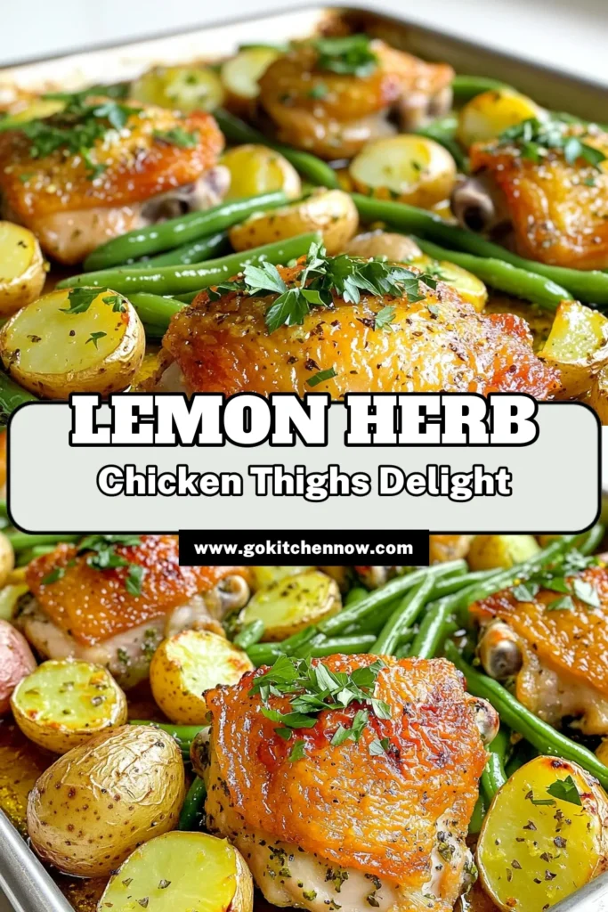 Indulge in the flavors of Zesty Sheet Pan Lemon Herb Chicken Thighs! This easy recipe combines juicy chicken thighs, vibrant lemon, and fresh herbs, all roasted on one pan with potatoes and green beans for a delightful dinner. Perfect for any night when you're short on time! Ready in just one hour, it's delicious and hassle-free. Click to explore the full recipe and bring this tasty dish to your table tonight! #SheetPanDinner #LemonChicken #HealthyRecipes #QuickMeals