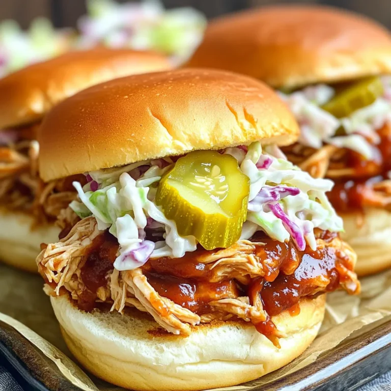 - 2 lbs boneless, skinless chicken breasts - 1 cup BBQ sauce of your choice - 1 teaspoon smoked paprika - 1 teaspoon garlic powder - 1 teaspoon onion powder - ½ teaspoon salt - ½ teaspoon black pepper - 1 tablespoon apple cider vinegar - 1 tablespoon honey - 8 slider buns - Optional toppings: coleslaw, pickles, sliced jalapeños For this recipe, I use simple and fresh ingredients. The chicken is the star. You want boneless and skinless chicken breasts. They cook well in the slow cooker and stay juicy. Next, choose a BBQ sauce you love. This adds flavor. I often go for a sweet or smoky sauce. It brings out the best in the chicken. Spices are key too. The smoked paprika gives a nice depth. Garlic and onion powders add more flavor. Salt and black pepper always enhance taste. Apple cider vinegar adds a tangy kick. Honey balances the flavors, making it sweet. Finally, have slider buns ready. They hold the pulled chicken well. Optional toppings like coleslaw and pickles add crunch. Sliced jalapeños give heat. These ingredients come together for a delightful meal! - Step 1: Place chicken in the slow cooker Start by adding 2 lbs of boneless, skinless chicken breasts into your slow cooker. Make sure they are spread out evenly. This helps them cook well. - Step 2: Mixing the BBQ sauce In a bowl, mix 1 cup of your favorite BBQ sauce with 1 teaspoon each of smoked paprika, garlic powder, and onion powder. Add ½ teaspoon of salt and black pepper. Stir in 1 tablespoon of apple cider vinegar and 1 tablespoon of honey. Mix until smooth. - Step 3: Pouring the sauce over the chicken Pour the BBQ sauce mix over the chicken in the slow cooker. Make sure the chicken gets covered well. This keeps the meat juicy and flavorful. - Step 4: Cooking times: low vs high settings Cover the slow cooker. Set it to low for 6-8 hours or high for 3-4 hours. The chicken should be tender and shred easily with a fork when done. - Step 5: Shredding the chicken Once cooked, take the chicken out. Use two forks to shred it into bite-sized pieces. Return the shredded chicken to the slow cooker and mix it with the sauce. - Step 6: Assembling the sliders Lightly toast the slider buns. Spoon the pulled chicken onto the bottom half of each bun. Add your choice of toppings, like coleslaw, pickles, or sliced jalapeños, for some extra crunch and flavor. Choosing the right type of BBQ sauce Pick a BBQ sauce that matches your taste. Sweet, tangy, or smoky, it all works. I recommend trying a sauce with a balance of flavors. This makes your chicken shine. If you want heat, choose one with chili or pepper notes. For a milder option, go for honey-based sauces. Tips for shredding chicken easily Shredding chicken should be simple. After cooking, let the chicken cool for a few minutes. Use two forks to pull the meat apart. If you find it hard to shred, try a hand mixer on low speed. This saves time and helps keep the chicken tender. Ideas for creative toppings Get creative with your toppings! Coleslaw adds crunch and creaminess. Pickles give a nice tang. If you want heat, add sliced jalapeños. You can also try avocado or even pineapple for a sweet twist. These toppings make each bite exciting. Pairing with sides for a complete meal Sliders are great, but sides make it even better. Pair your sliders with sweet potato fries for a twist. A fresh green salad adds crunch and freshness. You can also serve corn on the cob for a classic touch. These sides round out your meal perfectly. Marinating chicken beforehand Marinating chicken boosts flavor. Mix your BBQ sauce with the spices and let the chicken soak overnight. This makes the flavors deeper and richer. Even a few hours can make a big difference. Try it, and you will taste the change! Adding extra spices for a kick If you like spice, add some cayenne or chipotle powder. A little goes a long way. You can also try adding smoked salt for extra depth. Mix your spices into the BBQ sauce before cooking. This gives your pulled chicken an exciting twist. {{image_2}} You can easily change the taste of your pulled chicken. Here are two fun ideas: - Spicy BBQ Pulled Chicken: Add some cayenne pepper or hot sauce to the BBQ mix. This will give your chicken a nice kick! Perfect for those who love heat. - Sweet and Tangy Options: Use a sweeter BBQ sauce. You can also add a bit more honey or a splash of pineapple juice to the sauce. This makes the chicken taste fresh and bright. Want a lighter version? Here are two simple changes: - Using Leaner Cuts of Chicken: Try using chicken thighs instead of breasts. They stay moist and are full of flavor without being too heavy. - Switching to Whole Wheat Slider Buns: Whole wheat buns add fiber and nutrients. They also taste great with BBQ pulled chicken. You can serve your pulled chicken in different ways. Here are two ideas: - Make It a Wrap Instead of Sliders: Use a large tortilla instead of buns. This is a fun twist and makes it easy to eat on the go. - Serving as a Dip for Parties: Shred the chicken and serve it in a bowl with chips. Guests can scoop it up, making it a hit at parties! To keep your pulled chicken fresh, first refrigerate any leftovers. Place the chicken in an airtight container. It stays good for about three to four days in the fridge. If you want to store it longer, freeze the chicken. Put it in a freezer bag or container, and remove as much air as you can. It can last for up to three months in the freezer. When it's time to eat your leftovers, you can reheat them in two ways. The microwave is quick, but the oven keeps the chicken juicy. In the microwave, heat the chicken in 30-second bursts, stirring in between. If you use the oven, preheat it to 350°F. Place the chicken in a dish and cover it with foil. Heat for about 15-20 minutes. This keeps the chicken moist and tasty. In the fridge, your pulled chicken lasts for about three to four days. If it starts to smell bad or looks gray, it may be spoiled. Always check for any off smells or changes in texture before eating. When in doubt, throw it out! You can tell the chicken is done when it is tender. Use a fork to shred the meat. If it pulls apart easily, it is ready. Aim for an internal temperature of 165°F. Yes, you can use frozen chicken. Just add a little extra time. Cook on high for about 4-5 hours or low for 8-9 hours. You can use homemade sauces or other condiments. Try teriyaki sauce or a spicy chili sauce. Adjust spices to match your taste. Yes, you can make this recipe ahead of time. Cook the chicken and store it in the fridge. Just reheat it before serving. Absolutely! These sliders are great for meal prep. Just pack the chicken and buns separately. Enjoy them throughout the week. To make this recipe gluten-free, use gluten-free BBQ sauce. Also, choose gluten-free slider buns. Check labels to ensure all ingredients are safe. Slow cooker BBQ pulled chicken sliders are easy and fun to make. We covered key ingredients, step-by-step instructions, and helpful tips to ensure success. You can enjoy various flavors and variations too. Don’t forget to store leftovers properly and reheat them safely. With this guide, you can impress your family or guests. Enjoy your sliders as a tasty meal or snack! Happy cooking!