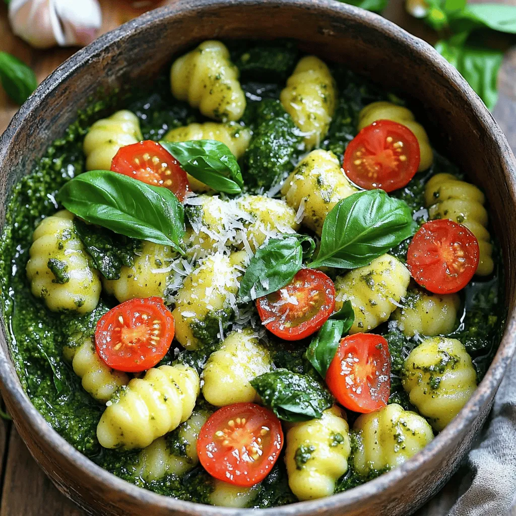 - 1 lb potato gnocchi - 2 cups baby spinach - 1 cup basil pesto (store-bought or homemade) - 1 cup cherry tomatoes, halved - 2 cloves garlic, minced - 1 tablespoon olive oil - 1/2 cup vegetable broth - 1/4 cup grated Parmesan cheese (optional) - Salt and pepper to taste - Fresh basil leaves for garnish These ingredients create a tasty dish. The potato gnocchi is soft and chewy. Baby spinach adds great color and nutrients. The basil pesto gives it a rich flavor. Cherry tomatoes burst with sweetness. Garlic adds a nice kick. Olive oil helps the flavors blend. Vegetable broth keeps everything moist. Parmesan cheese adds creaminess, but it’s optional. - Pine nuts or walnuts for crunch - Lemon zest for brightness - Red pepper flakes for heat Adding crunch with nuts makes it exciting. Lemon zest lifts the dish's flavor. If you like spice, red pepper flakes add great heat. - Cauliflower gnocchi for a low-carb option - Kale instead of spinach for a different green - Chicken broth instead of vegetable broth for more flavor - Nutritional yeast instead of cheese for a vegan option You can swap ingredients to fit your needs. Cauliflower gnocchi is a tasty choice. Kale gives you more texture. Chicken broth adds depth. Nutritional yeast is a great cheese substitute for vegans. This flexibility makes the dish fun and easy! First, grab a large pot or deep skillet. Heat one tablespoon of olive oil over medium heat. When the oil shimmers, add two minced garlic cloves. Sauté them for about one minute. You want the garlic to smell great, but don’t let it burn. After that, pour in half a cup of vegetable broth. Let it come to a gentle simmer. Next, add one pound of potato gnocchi to the pot. Cook them according to the package instructions. This usually takes about two to three minutes. You’ll know they are done when they start floating to the surface. That’s the sign they are ready! Now, it’s time to bring it all together. Stir in one cup of halved cherry tomatoes and two cups of baby spinach. Cook this mix for about one to two minutes, just until the spinach wilts. After that, take the pot off the heat. Add one cup of basil pesto and stir until everything is well-coated. If you like, sprinkle a quarter cup of grated Parmesan cheese on top. Finally, season with salt and pepper to taste. Don’t forget to garnish with fresh basil leaves before serving! Making pesto at home is fun and easy. You need fresh basil, garlic, nuts, cheese, and olive oil. Here’s how to do it: - 2 cups fresh basil leaves - 2 cloves garlic - 1/4 cup pine nuts (or walnuts) - 1/2 cup grated Parmesan cheese - 1/2 cup olive oil - Salt to taste 1. Blend the basil, garlic, and nuts until fine. 2. Add the cheese and pulse a few times. 3. Slowly drizzle in the olive oil while blending. 4. Season with salt to taste. Homemade pesto is bright and fresh. It adds a great flavor to your gnocchi. You can change the texture and flavor of your dish easily. If you want a creamier sauce, add more olive oil or a splash of cream. To make it lighter, use less pesto. If you love a strong garlic taste, add more minced garlic. - For a tangy flavor, squeeze some lemon juice into the mix. - If you prefer a chunky texture, blend less. Taste as you go! Adjust until it is just right for you. How you serve your One Pot Pesto Gnocchi can make it special. Here are a few ideas: - Serve it warm in bowls, topped with fresh basil leaves. - Sprinkle extra Parmesan cheese on top for a cheesy kick. - Add a side salad for a fresh crunch. This dish is perfect for family dinners or casual get-togethers. It’s easy to make and always a hit! {{image_2}} You can make this dish heartier by adding protein. Try cooked chicken, shrimp, or sausage. Each option adds a new flavor. Simply cook the protein in olive oil before adding garlic. Then follow the recipe as usual. This will enhance the meal and keep you full longer. Feel free to swap in different veggies based on your taste. Zucchini, bell peppers, or broccoli work great. Just chop them into bite-sized pieces. Add them when you add the spinach. They will cook just right and add color to your dish. Want to make it vegan? It’s easy! Use a vegan pesto instead of regular pesto. Swap the Parmesan for nutritional yeast or leave it out. This gives the dish a cheesy flavor without dairy. Follow the same steps, and enjoy a dairy-free meal! You can store leftover One Pot Pesto Gnocchi in the fridge. Place it in an airtight container. It stays fresh for up to three days. Make sure it cools down before sealing. This helps keep the flavors intact. When you are ready to eat, check for any signs of spoilage. Freezing this dish is a great option for longer storage. Allow it to cool completely first. Then, transfer the gnocchi to freezer-safe bags or containers. Remove as much air as possible to prevent freezer burn. It can last for about two months in the freezer. Remember to label the containers with a date for easy tracking. Reheat your One Pot Pesto Gnocchi gently to keep it tasty. For the best results, use a skillet. Add a splash of vegetable broth or water to help it heat evenly. Stir it on low heat until warm. If you prefer, you can also use the microwave. Just cover it loosely and heat in short bursts, stirring in between. This keeps the gnocchi from drying out. Enjoy your flavorful meal! Cooking gnocchi is quick and easy. It takes about 2-3 minutes. Once the gnocchi floats, it is ready. You can watch for this sign to know it's done. This fast cooking makes it a perfect dish for busy nights. Yes, you can! Feel free to use any pesto you enjoy. Sun-dried tomato pesto or arugula pesto work well too. Each type will change the dish's flavor a bit. Experimenting with different pestos can be fun and tasty! The gnocchi made from wheat is not gluten-free. However, you can find gluten-free gnocchi at many stores. Just swap it out for the regular kind. This way, you can still enjoy the dish while keeping it gluten-free. This blog post covered key ingredients for making gnocchi and pesto. You learned about substitutions and how to cook the dish step-by-step. We discussed tips for making pesto from scratch and variations to customize your meal. Storage tips help you keep leftovers fresh. In closing, embrace this tasty dish. Experiment with flavors and ingredients. Enjoy your cooking adventure!
