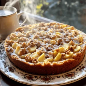 - 2 cups all-purpose flour - 1 cup granulated sugar - 1/2 cup unsalted butter, softened - 1 cup sour cream - 2 large eggs The main ingredients in this cake create a rich and moist base. The all-purpose flour gives structure, while granulated sugar adds sweetness. Unsalted butter brings creaminess, and sour cream keeps the cake tender. Eggs bind everything together for a perfect texture. - 2 medium Granny Smith apples, peeled and diced - 1 tbsp lemon juice - 1 tsp ground cinnamon Granny Smith apples work best for this recipe. Their tartness balances the sweet cake. Lemon juice helps keep the apples fresh and bright. Ground cinnamon adds warmth and spice, making each bite a treat. - 1/2 cup all-purpose flour - 1/2 cup brown sugar - 1/3 cup cold unsalted butter, cubed - 1 tsp ground cinnamon - 1/4 cup chopped walnuts or pecans (optional) The streusel topping gives a crunchy contrast to the soft cake. Brown sugar adds a deep flavor. Cold butter creates that crumbly texture we love. Adding nuts is optional, but they give extra crunch and flavor. First, peel and dice two medium Granny Smith apples. In a bowl, toss them with one tablespoon of lemon juice and one teaspoon of cinnamon. This adds flavor and keeps the apples fresh. Set the apples aside to marinate while you prepare the other parts of the cake. In a medium bowl, combine half a cup of all-purpose flour, half a cup of brown sugar, and one teaspoon of ground cinnamon. If you like, add a quarter cup of chopped walnuts or pecans for extra crunch. Then, take one-third cup of cold, cubed unsalted butter. Use your fingers or a fork to mix until the mixture looks crumbly. Set this aside for later. In a large mixing bowl, cream together half a cup of softened unsalted butter and one cup of granulated sugar. Mix until it looks light and fluffy. Next, beat in two large eggs, one cup of sour cream, and one teaspoon of vanilla extract. Keep mixing until everything is smooth. In a separate bowl, whisk together two cups of all-purpose flour, one tablespoon of baking powder, half a teaspoon of baking soda, and a quarter teaspoon of salt. Gradually add this dry mixture to the wet batter. Stir until just combined. Then, gently fold in the marinated apples from earlier. Pour half of the cake batter into a greased and floured 9-inch round cake pan. Sprinkle half of the streusel topping over the batter. Then, add the remaining batter on top, followed by the rest of the streusel. Bake in a preheated oven at 350°F (175°C) for about 35 to 40 minutes. Check with a toothpick; it should come out clean when the cake is done. Once baked, let the cake cool in the pan for around 10 minutes. Then, carefully transfer it to a wire rack to cool completely. This step is key to keeping the cake moist and fluffy. Enjoy the delicious aroma as it cools! - Choosing the right apples: I love using Granny Smith apples. They are tart and firm. This helps balance the sweetness of the cake. You could use Honeycrisp or Fuji apples too. Just make sure they are crisp and fresh. - Measuring ingredients accurately: Always use the right tools. A kitchen scale or dry measuring cups works best. Spoon flour into your cup, then level it off. This gives you the right amount, which is key for a good rise. - Serving suggestions: Serve your cake on a bright plate. I like to cut it into nice slices. Pair it with a hot cup of coffee or tea. This makes for a cozy treat. - Adding garnishes: A light dusting of powdered sugar adds charm. You can also sprinkle some extra cinnamon on top. If you want to be fancy, add some fresh apple slices or nuts for a pop of color. - Gluten-free substitutes: You can use a gluten-free flour blend. Just make sure it’s a cup-for-cup substitute. This way, your cake will still be soft and tasty. - Reducing sugar content: If you want less sugar, try using applesauce. Replace half of the sugar with applesauce. This keeps the cake moist and sweet. You can also cut down the sugar in the streusel topping for a healthier twist. {{image_2}} To make your apple streusel coffee cake even better, try adding spices! Nutmeg adds a warm, cozy flavor. Just use a pinch for a nice touch. You can also mix in other fruits. Chopped pears or berries can add fresh tastes and colors. Get creative with what you have! If you want vegan options, swap the eggs for flaxseed meal. This works well to bind the cake. Use a plant-based yogurt instead of sour cream. For nut-free alternatives, leave out the walnuts or pecans in the streusel. You can replace them with sunflower seeds or just skip them altogether. During autumn, add spices like cloves or allspice to the batter. These spices bring the essence of fall to your cake. For holiday-themed variations, try adding a splash of orange zest. This gives a festive vibe and brightens the flavors. You can also use cranberries for a tart surprise. To keep your apple streusel coffee cake fresh, store it properly. You can leave it at room temperature for a day or two. Just wrap it in plastic wrap or place it in an airtight container. This keeps it soft and moist. If you want it to last longer, refrigerate it. In the fridge, it stays good for up to a week. Just remember to cover it well to avoid drying. Freezing the cake is a great way to save some for later. To freeze it, let the cake cool completely. Slice it into pieces and wrap each slice in plastic wrap. Then, put the slices in a freezer bag or container. This keeps the air out and the cake fresh. It can last up to three months in the freezer. When you’re ready to enjoy it, take a slice out and place it in the fridge overnight to thaw. To reheat your cake, use the oven or microwave. If using the oven, preheat it to 350°F (175°C). Place the cake slice on a baking sheet and warm it for about 10 minutes. This method keeps it moist and tasty. If you’re in a hurry, the microwave works too. Heat it for 10 to 15 seconds. Warm cake pairs perfectly with coffee or tea, but cold cake is still delightful. Enjoy it however you like! To keep your cake moist, use sour cream. This ingredient adds richness. Make sure not to overmix the batter. Mixing too much can lead to a dry cake. Another tip is to bake it just right. You want it firm but not dry. Yes, you can use different apples. Granny Smith apples work well for their tartness. Other options include Honeycrisp or Fuji apples. Each type will give a unique flavor. Just remember to peel and dice them. To check if the cake is done, insert a toothpick in the center. If it comes out clean, the cake is ready. You can also lightly press the top. If it springs back, it's done baking. This cake pairs well with coffee or tea. You can also serve it with whipped cream or vanilla ice cream. A dusting of powdered sugar on top adds a nice touch too. The cake lasts about three days at room temperature. Store it in an airtight container. If you keep it in the fridge, it can last up to a week. For longer storage, freeze it for up to three months. This article covers apple streusel coffee cake from ingredients to storage tips. You learned how to pick the best apples, prepare the batter, and make a tasty streusel topping. Remember, you can change flavors and make it suit your needs. Fresh and warm is the way to serve it. Following these steps helps to ensure a delicious cake every time. Enjoy your baking and sharing it with family or friends.