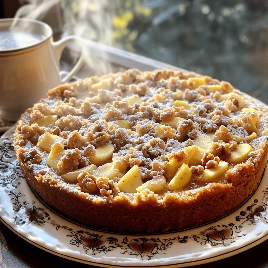 - 2 cups all-purpose flour - 1 cup granulated sugar - 1/2 cup unsalted butter, softened - 1 cup sour cream - 2 large eggs The main ingredients in this cake create a rich and moist base. The all-purpose flour gives structure, while granulated sugar adds sweetness. Unsalted butter brings creaminess, and sour cream keeps the cake tender. Eggs bind everything together for a perfect texture. - 2 medium Granny Smith apples, peeled and diced - 1 tbsp lemon juice - 1 tsp ground cinnamon Granny Smith apples work best for this recipe. Their tartness balances the sweet cake. Lemon juice helps keep the apples fresh and bright. Ground cinnamon adds warmth and spice, making each bite a treat. - 1/2 cup all-purpose flour - 1/2 cup brown sugar - 1/3 cup cold unsalted butter, cubed - 1 tsp ground cinnamon - 1/4 cup chopped walnuts or pecans (optional) The streusel topping gives a crunchy contrast to the soft cake. Brown sugar adds a deep flavor. Cold butter creates that crumbly texture we love. Adding nuts is optional, but they give extra crunch and flavor. First, peel and dice two medium Granny Smith apples. In a bowl, toss them with one tablespoon of lemon juice and one teaspoon of cinnamon. This adds flavor and keeps the apples fresh. Set the apples aside to marinate while you prepare the other parts of the cake. In a medium bowl, combine half a cup of all-purpose flour, half a cup of brown sugar, and one teaspoon of ground cinnamon. If you like, add a quarter cup of chopped walnuts or pecans for extra crunch. Then, take one-third cup of cold, cubed unsalted butter. Use your fingers or a fork to mix until the mixture looks crumbly. Set this aside for later. In a large mixing bowl, cream together half a cup of softened unsalted butter and one cup of granulated sugar. Mix until it looks light and fluffy. Next, beat in two large eggs, one cup of sour cream, and one teaspoon of vanilla extract. Keep mixing until everything is smooth. In a separate bowl, whisk together two cups of all-purpose flour, one tablespoon of baking powder, half a teaspoon of baking soda, and a quarter teaspoon of salt. Gradually add this dry mixture to the wet batter. Stir until just combined. Then, gently fold in the marinated apples from earlier. Pour half of the cake batter into a greased and floured 9-inch round cake pan. Sprinkle half of the streusel topping over the batter. Then, add the remaining batter on top, followed by the rest of the streusel. Bake in a preheated oven at 350°F (175°C) for about 35 to 40 minutes. Check with a toothpick; it should come out clean when the cake is done. Once baked, let the cake cool in the pan for around 10 minutes. Then, carefully transfer it to a wire rack to cool completely. This step is key to keeping the cake moist and fluffy. Enjoy the delicious aroma as it cools! - Choosing the right apples: I love using Granny Smith apples. They are tart and firm. This helps balance the sweetness of the cake. You could use Honeycrisp or Fuji apples too. Just make sure they are crisp and fresh. - Measuring ingredients accurately: Always use the right tools. A kitchen scale or dry measuring cups works best. Spoon flour into your cup, then level it off. This gives you the right amount, which is key for a good rise. - Serving suggestions: Serve your cake on a bright plate. I like to cut it into nice slices. Pair it with a hot cup of coffee or tea. This makes for a cozy treat. - Adding garnishes: A light dusting of powdered sugar adds charm. You can also sprinkle some extra cinnamon on top. If you want to be fancy, add some fresh apple slices or nuts for a pop of color. - Gluten-free substitutes: You can use a gluten-free flour blend. Just make sure it’s a cup-for-cup substitute. This way, your cake will still be soft and tasty. - Reducing sugar content: If you want less sugar, try using applesauce. Replace half of the sugar with applesauce. This keeps the cake moist and sweet. You can also cut down the sugar in the streusel topping for a healthier twist. {{image_2}} To make your apple streusel coffee cake even better, try adding spices! Nutmeg adds a warm, cozy flavor. Just use a pinch for a nice touch. You can also mix in other fruits. Chopped pears or berries can add fresh tastes and colors. Get creative with what you have! If you want vegan options, swap the eggs for flaxseed meal. This works well to bind the cake. Use a plant-based yogurt instead of sour cream. For nut-free alternatives, leave out the walnuts or pecans in the streusel. You can replace them with sunflower seeds or just skip them altogether. During autumn, add spices like cloves or allspice to the batter. These spices bring the essence of fall to your cake. For holiday-themed variations, try adding a splash of orange zest. This gives a festive vibe and brightens the flavors. You can also use cranberries for a tart surprise. To keep your apple streusel coffee cake fresh, store it properly. You can leave it at room temperature for a day or two. Just wrap it in plastic wrap or place it in an airtight container. This keeps it soft and moist. If you want it to last longer, refrigerate it. In the fridge, it stays good for up to a week. Just remember to cover it well to avoid drying. Freezing the cake is a great way to save some for later. To freeze it, let the cake cool completely. Slice it into pieces and wrap each slice in plastic wrap. Then, put the slices in a freezer bag or container. This keeps the air out and the cake fresh. It can last up to three months in the freezer. When you’re ready to enjoy it, take a slice out and place it in the fridge overnight to thaw. To reheat your cake, use the oven or microwave. If using the oven, preheat it to 350°F (175°C). Place the cake slice on a baking sheet and warm it for about 10 minutes. This method keeps it moist and tasty. If you’re in a hurry, the microwave works too. Heat it for 10 to 15 seconds. Warm cake pairs perfectly with coffee or tea, but cold cake is still delightful. Enjoy it however you like! To keep your cake moist, use sour cream. This ingredient adds richness. Make sure not to overmix the batter. Mixing too much can lead to a dry cake. Another tip is to bake it just right. You want it firm but not dry. Yes, you can use different apples. Granny Smith apples work well for their tartness. Other options include Honeycrisp or Fuji apples. Each type will give a unique flavor. Just remember to peel and dice them. To check if the cake is done, insert a toothpick in the center. If it comes out clean, the cake is ready. You can also lightly press the top. If it springs back, it's done baking. This cake pairs well with coffee or tea. You can also serve it with whipped cream or vanilla ice cream. A dusting of powdered sugar on top adds a nice touch too. The cake lasts about three days at room temperature. Store it in an airtight container. If you keep it in the fridge, it can last up to a week. For longer storage, freeze it for up to three months. This article covers apple streusel coffee cake from ingredients to storage tips. You learned how to pick the best apples, prepare the batter, and make a tasty streusel topping. Remember, you can change flavors and make it suit your needs. Fresh and warm is the way to serve it. Following these steps helps to ensure a delicious cake every time. Enjoy your baking and sharing it with family or friends.