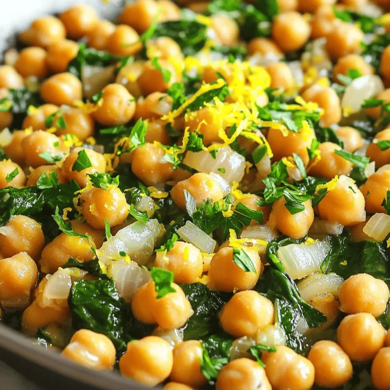 - 2 cans (15 oz each) chickpeas, drained and rinsed - 3 tablespoons olive oil - 4 cloves garlic, minced - 1 medium onion, diced - 1 teaspoon smoked paprika - 1 teaspoon ground cumin - Juice of 1 lemon - Zest of 1 lemon - Salt and pepper to taste The chickpeas are the star of this dish. They give us protein and fiber. I love using canned chickpeas because they save time. Just rinse and drain them. Olive oil adds richness and helps the spices stick. Garlic is key for that bold flavor. I always use fresh garlic for the best taste. Onion brings sweetness and depth. When you sauté it, it gets soft and fragrant. The spices, smoked paprika, and cumin add warmth and earthiness. They make each bite so tasty. The lemon juice and zest add brightness, making the dish pop. - 1/2 teaspoon cayenne pepper (optional) - 2 cups fresh spinach - Fresh parsley, chopped, for garnish Cayenne pepper gives a nice kick. If you like heat, add it! Fresh spinach is a great way to add greens. It wilts down nicely and blends with the dish. I always finish with parsley for color and freshness. It also adds a nice herbal note. - Garnish with fresh parsley - Serve with crusty bread or rice For garnish, a sprinkle of fresh parsley makes it look pretty. You can serve this dish with crusty bread or over rice. Both options soak up the delicious juices. Enjoy your meal! To make this dish, start with the chickpeas. - Open two cans of chickpeas. - Drain and rinse them well under cold water. - This helps remove extra sodium and makes them cleaner. Next, chop your vegetables. - Dice one medium onion into small pieces. - Mince four cloves of garlic finely. - This will add a strong flavor to your skillet. Now, let's begin cooking. - Heat three tablespoons of olive oil in a large skillet over medium heat. - Once hot, add the diced onion. - Sauté for 3-4 minutes until it becomes soft and fragrant. Next, add the minced garlic. - Stir it in and cook for another 1-2 minutes. - Keep stirring so the garlic doesn't burn. Now it's time for the chickpeas. - Add the drained chickpeas to the skillet. - Sprinkle in one teaspoon of smoked paprika, one teaspoon of ground cumin, and cayenne pepper if you like some heat. - Season with salt and pepper. - Mix everything well and cook for about 5-7 minutes. - Stir often until the chickpeas are slightly crispy and heated through. Incorporate the lemon juice and zest. - Squeeze the juice of one lemon into the skillet. - Add the lemon zest for extra flavor. - Stir to mix all the flavors together. Lastly, fold in the spinach. - Add two cups of fresh spinach. - Cook for an additional 2-3 minutes until the spinach wilts. Taste the dish and adjust the seasoning if needed. - Add more salt or pepper to suit your taste. Serve the dish warm. - Garnish with chopped fresh parsley for a pop of color. - Enjoy your flavorful Lemon Garlic Chickpea Skillet! - Ensuring perfect chickpeas: Use canned chickpeas for speed. Rinse them well to remove any canning liquid. This keeps your dish fresh and tasty. If you want to use dried chickpeas, soak them overnight and cook until tender. - Timing for adding spinach: Add spinach last. It cooks quickly and wilts in just a few minutes. This way, it stays bright green and full of nutrients. - Ways to elevate the taste: Squeeze extra lemon juice over the dish before serving. This brightens the flavors. You can also add a splash of balsamic vinegar for a tangy twist. - Using fresh herbs: Fresh parsley is a great choice for garnish. It adds color and flavor. You can also try fresh basil or cilantro for a different taste. - Overcooking vegetables: Keep an eye on your onions and garlic. They should be soft and fragrant but not burnt. Remove them from heat if they start to brown too much. - Wrong spice amounts: Measure your spices carefully. Too much cayenne can make the dish too spicy. Start small, then add more if you want more heat. {{image_2}} You can switch up the beans in this dish. Black beans or white beans work well. They add their own unique flavor. You can also use lentils if you want a twist. For greens, spinach is great, but you can use kale or Swiss chard too. These greens bring different textures. You can also try arugula for a peppery taste. This dish is already vegan, which is nice. If you want to add protein, use tofu or tempeh. These options blend well and keep the dish plant-based. If you need it gluten-free, this recipe is perfect. All the ingredients are gluten-free. Just be sure to check any packaged items. You can serve this dish straight from the skillet. It looks colorful and inviting. If you want a baked version, pour it into a baking dish. Top with breadcrumbs for a crunchy finish. For serving, use bowls or plates that show off the colors. A wide, shallow bowl lets you enjoy the dish's look. You can also use a rustic wooden board for a fun touch. To store leftovers, let the dish cool down. Then, place it in an airtight container. This helps keep it fresh for up to three days. If you want to enjoy it later, store it in the fridge right away. Always label your container, so you know when you made it. To reheat effectively, use a skillet over medium heat. Add a splash of water or olive oil to keep it moist. Stir often to heat evenly. You can also use the microwave. Place it in a safe dish, cover it loosely, and heat for one to two minutes. Check if it’s warm throughout before serving. If you want to freeze the dish, let it cool completely first. Then, portion it into freezer-safe bags or containers. Remove as much air as possible to avoid freezer burn. Label the bags with the date. To defrost, place it in the fridge overnight or use the microwave setting. Reheat as usual after thawing. It takes about 30 minutes to make this dish. You will need 10 minutes for prep and 20 minutes to cook. This quick time means you can have a tasty meal ready in no time. Yes, you can make this dish ahead of time. To meal prep, cook the Lemon Garlic Chickpea Skillet and let it cool. Store it in an airtight container. It stays fresh in the fridge for up to three days. When you're ready to eat, just reheat it on the stove or in the microwave. Yes, this recipe is very healthy. Here are some key benefits: - Chickpeas are high in protein and fiber, which helps keep you full. - Garlic boosts your immune system and adds flavor without extra calories. - Spinach is full of vitamins and minerals, which are great for your health. This dish is packed with nutrients and flavor, making it a smart choice for any meal. This blog post covered the key ingredients like chickpeas, olive oil, and spices. We shared steps for preparation, cooking, and finishing touches. I highlighted tips to enhance flavor, avoid common mistakes, and suggested various adaptations for dietary needs. As you make your dish, remember that simple changes can boost taste. Enjoy experimenting with fresh herbs and different beans! Stay confident in cooking, and you'll create delicious meals every time.