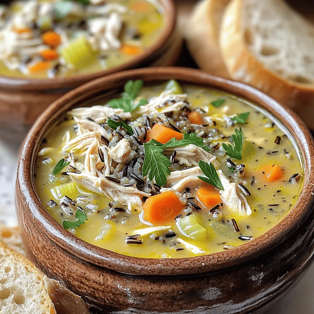 When making Slow Cooker Chicken & Wild Rice Soup, you need fresh and simple ingredients. Here’s what you will need: - 1 lb boneless, skinless chicken breasts - 1 cup wild rice, rinsed - 4 cups low-sodium chicken broth - 1 medium onion, diced - 2 carrots, diced - 2 celery stalks, diced - 3 cloves garlic, minced - 1 tsp dried thyme - 1 tsp dried rosemary - 1 bay leaf - 1 cup heavy cream (or coconut cream for a dairy-free option) - Salt and pepper to taste - Fresh parsley for garnish Each ingredient plays a key role in making this soup warm and tasty. The chicken adds protein and heartiness. Wild rice gives it a unique flavor and texture. The broth creates a rich base, while the veggies add color and crunch. Garlic and herbs bring nice aroma and depth to the dish. You can change some ingredients to fit your needs. For example, use coconut cream for a dairy-free soup. Be sure to have fresh parsley on hand. It adds a bright touch when serving. Gather your ingredients first, and let’s make this cozy soup! First, rinse the wild rice. This step helps remove any dust or debris. Take your time to rinse it under cold water until the water runs clear. Next, dice the vegetables. You will need one medium onion, two carrots, and two celery stalks. Cut these into small pieces for an even cook. Don’t forget to mince three cloves of garlic. This adds great flavor to the soup. Now, it’s time to layer your ingredients in the slow cooker. Start by placing the chicken breasts at the bottom. Then, add the rinsed wild rice on top of the chicken. Next, sprinkle in your diced onion, carrots, celery, and minced garlic. Pour in four cups of low-sodium chicken broth. Add one teaspoon each of dried thyme and rosemary. Toss in one bay leaf, and season with salt and pepper to taste. Gently stir to mix everything together. Set the slow cooker to low for six to eight hours. If you’re short on time, you can set it to high for three to four hours. The chicken should be cooked through, and the rice must be tender when done. Once the cooking time is up, carefully remove the chicken breasts. Use two forks to shred the chicken into bite-sized pieces. Return the shredded chicken to the slow cooker. Now stir in one cup of heavy cream. Mix well until everything combines. Allow it to simmer for an extra 15 to 20 minutes to heat through. Before serving, taste the soup and adjust the seasoning. Add more salt and pepper if needed. Finally, make sure to remove the bay leaf. This step prevents any bitterness in your soup. Enjoy your warm bowl of chicken and wild rice soup! To get a creamy and thick soup, you need the right balance. Start with enough liquid. Use four cups of low-sodium chicken broth. This keeps your soup from being too thick or too runny. If you want it thicker, add more wild rice. The rice absorbs liquid as it cooks. Stir the soup before serving. This helps mix all the flavors and keeps the texture even. Spices and herbs can really boost the taste. I love using dried thyme and rosemary in this recipe. They add a warm, earthy flavor. A bay leaf also brings depth to the soup. If you want more heat, try adding a pinch of red pepper flakes. Fresh herbs like parsley are great too. Add them right before serving for bright flavor. Preparing ahead can save you time. Chop the onions, carrots, and celery a day before. Store them in the fridge for easy use. You can also rinse the wild rice in advance. Just make sure to keep it in a dry place. When you’re ready to cook, everything will be ready to go. This way, you can enjoy your soup without the stress. {{image_2}} If you want a dairy-free soup, you can use coconut cream. It adds a rich, creamy taste. Simply swap the heavy cream for one cup of coconut cream. You can also try almond milk or oat milk for a lighter option. These alternatives work well without losing flavor. Don’t have chicken? No problem! You can use turkey instead. Just replace the chicken breasts with an equal weight of turkey. For a plant-based option, try tofu. Use firm tofu and cut it into cubes. Add it to the slow cooker with the other ingredients. Want to pack in more veggies? You can add spinach, kale, or peas. These add color and nutrients. You can also toss in beans for extra protein. Just make sure to add them in the last hour of cooking to keep them tender. To keep your soup fresh, let it cool first. Then, place it in an airtight container. This helps keep the flavors locked in. Store the container in the fridge. Your soup will last about three to four days. Be sure to label it with the date it was made. When you're ready to eat, just take it out. Freezing is a great way to save extra soup. First, cool the soup completely. Then, pour it into freezer-safe bags or containers. Make sure to leave some space at the top for expansion. You can freeze the soup for up to three months. When you're ready for a warm meal, just thaw it in the fridge overnight. When you want to reheat the soup, use a pot on the stove. Heat it slowly over low to medium heat. Stir often to keep it from sticking. If the soup seems too thick, add a bit of water or broth to thin it out. You want to keep that creamy texture and rich flavor. Enjoy your comforting bowl of soup! Slow Cooker Chicken & Wild Rice Soup lasts about 3 to 4 days in the fridge. Store it in an airtight container. Make sure it cools down before sealing it. If you want to keep it longer, consider freezing it. You can use brown rice, but it has a different texture. Brown rice takes longer to cook. If you choose brown rice, add it at the start with the other ingredients. Adjust the cooking time to ensure it cooks fully. Yes, you can make this soup in a regular pot. Use a large pot over medium heat. Add all the ingredients and bring to a boil. Then, reduce heat and simmer for about 30 to 45 minutes. Stir occasionally to prevent sticking. This soup is quite nutritious. Each serving has about 300 calories. It offers protein from chicken and fiber from wild rice. If you use heavy cream, it adds fat and calories. To make it lighter, use coconut cream or reduce the cream amount. This article covered a simple and tasty slow cooker chicken and wild rice soup. We discussed the key ingredients, preparation steps, and tips to enhance flavor and texture. You learned how to store leftovers and even had some variations to try. In the end, this dish is not only easy to make but also flexible. You can adapt it to suit your needs. Get creative in the kitchen, and enjoy warm bowls of soup!