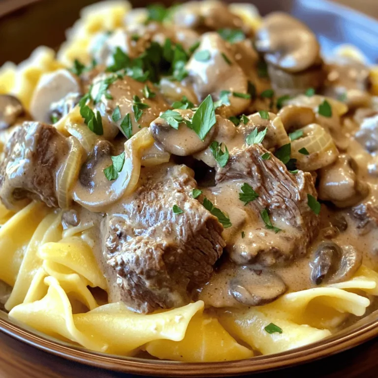 - 2 lbs beef stew meat, cut into 1-inch pieces - 1 medium onion, finely chopped - 3 cloves garlic, minced - 8 oz mushrooms, sliced (button or cremini) - 4 cups beef broth - 1 tablespoon Worcestershire sauce - 1 tablespoon Dijon mustard - 1 teaspoon dried thyme - 1 teaspoon paprika - Salt and pepper to taste - 1 cup sour cream - 2 tablespoons cornstarch (for thickening) - Fresh parsley, chopped (for garnish) - 8 oz egg noodles (for serving) Gather these ingredients before you start. The beef stew meat gives the dish its hearty base. I love using tender cuts that melt in your mouth. Onion and garlic add a sweet and savory flavor. Mushrooms bring a nice earthiness. Beef broth is key for a rich sauce. For seasonings, Worcestershire sauce adds depth. Dijon mustard brings a touch of tang. Thyme and paprika round out the flavors beautifully. Don't forget salt and pepper to taste! If you want a thicker sauce, cornstarch is your friend. Fresh parsley adds color and freshness. Egg noodles make the perfect base for serving this dish. Enjoy the process of cooking! First, take 2 lbs of beef stew meat and cut it into 1-inch pieces. Heat 2 tablespoons of olive oil in a large skillet over medium-high heat. Add the beef in small batches. Sear it until it turns brown on all sides. This step adds great flavor. Once seared, transfer the beef to your slow cooker. In the same skillet, add 1 tablespoon of olive oil. Then, add 1 medium onion, finely chopped, and 3 cloves of minced garlic. Cook these for about 2-3 minutes until they look soft and clear. Next, add 8 oz of sliced mushrooms. Cook them for an extra 4-5 minutes until they are tender. This mix brings a nice taste to the dish. Now, transfer the onion, garlic, and mushrooms into the slow cooker with the beef. Pour in 4 cups of beef broth, 1 tablespoon of Worcestershire sauce, and 1 tablespoon of Dijon mustard. Add 1 teaspoon each of dried thyme and paprika. Season with salt and pepper to your liking. Stir to mix all the ingredients well. Cover the slow cooker and set it to low for 6-8 hours or high for 3-4 hours. The beef is done when it is tender and easy to pull apart. You can check it with a fork. If you want a thicker sauce, mix 2 tablespoons of cornstarch with a little water until smooth. Stir this into the slow cooker about 30 minutes before serving. Once done cooking, mix in 1 cup of sour cream. Stir it well until combined. Adjust the seasoning if needed. Cook 8 oz of egg noodles according to the package instructions. Once cooked, drain them well. Serve the beef stroganoff over the egg noodles. To finish, garnish the dish with freshly chopped parsley for a pop of color. Enjoy your hearty meal! To boost umami flavor in beef stroganoff, use beef broth with low sodium. This gives a rich taste without too much salt. Adding Worcestershire sauce and Dijon mustard also enhances the depth of flavor. Consider using fresh thyme instead of dried for a brighter taste. When choosing beef cuts, go for tougher pieces like chuck or round. These cuts become tender after slow cooking. Always cut the meat into 1-inch pieces for even cooking. Searing the beef first helps lock in flavors. For the best results, cook on low for 6-8 hours. This makes the beef tender and juicy. If you’re short on time, cook on high for 3-4 hours. Keep in mind that each slow cooker can vary in cooking times. Check your meat for tenderness before serving. You can prep the ingredients in advance. Chop the onions and garlic, and slice the mushrooms a day before. Store them in the fridge to save time. However, I recommend not adding the sour cream until you're ready to serve. For storage, keep the uncooked beef stroganoff in the fridge for up to 24 hours. Just remember to cover it well. This way, you can enjoy a delicious meal without too much hassle. {{image_2}} You can switch out beef for chicken or pork. Both options taste great. Chicken gives a lighter flavor, while pork adds a nice sweetness. You might also try other mushrooms like shiitake or portobello. These will change the taste of your stroganoff. For broth, you can use chicken or vegetable broth if you prefer. It will still be tasty! If you need a gluten-free meal, use gluten-free noodles. Also, check the Worcestershire sauce. Some brands contain gluten. For a dairy-free option, swap sour cream for cashew cream or coconut yogurt. Both will give you a creamy texture. To add depth, consider adding a splash of red wine. It brings a rich taste to the dish. You can also use herbs like rosemary or bay leaves. These will give your stroganoff a fresh and unique flavor. Don’t be afraid to experiment and find your favorite twist! How long can you store leftovers? You can store leftover beef stroganoff in the fridge for about 3 to 4 days. Make sure it cools down first before putting it in the fridge. Best containers for storing stroganoff Use airtight containers to keep your stroganoff fresh. Glass containers work well since they don’t stain. Plastic ones are also fine if they are BPA-free. Can you freeze cooked stroganoff? Yes, you can freeze beef stroganoff! It stays good for about 2 to 3 months in the freezer. Just let it cool before you freeze it. How to reheat frozen stroganoff To reheat, thaw it in the fridge overnight. Then, heat it in a pot over low heat. Stir it often to avoid burning. You can add a splash of beef broth if it looks too thick. Tips to refresh texture before serving Before serving, stir the stroganoff well. You might want to add a bit of sour cream to bring back its creamy texture. What to serve with leftover stroganoff Leftover stroganoff goes great with egg noodles or rice. You can also serve it with a side of crusty bread or a fresh salad for a nice balance. You can enjoy this dish with many sides. Here are some tasty options: - Egg noodles: A classic choice that soaks up the sauce well. - Rice: White or brown rice works great and adds a nice base. - Mashed potatoes: Creamy and comforting, they pair well with beef. - Steamed vegetables: Broccoli or green beans add a fresh touch. - Salad: A light salad helps balance the richness of the stroganoff. Yes, you can skip sour cream if needed. Here are some tasty swaps: - Greek yogurt: It adds creaminess and a tangy flavor. - Cream cheese: Blend it well for a rich texture. - Coconut milk: Use for a dairy-free option that adds creaminess. - Cashew cream: Blend soaked cashews for a nutty flavor. To keep your beef tender, follow these tips: - Choose the right cut: Use beef stew meat or chuck roast. - Sear the beef: Browning adds flavor and helps with tenderness. - Cook low and slow: Cooking on low heat breaks down tough fibers. - Don’t rush it: Let it cook for the full time for the best results. Yes, you can easily double this recipe! Here’s how: - Use a larger slow cooker: Make sure it can hold double the food. - Adjust cooking time: It may need a bit more time to cook through. - Stir well: Mix all ingredients thoroughly for even cooking. Yes, you can cook it overnight, but follow these tips for safety: - Set it on low: This ensures even cooking while you sleep. - Check your slow cooker: Ensure it has a timer or auto shut-off feature. - Cool it down: Don’t fill it too full to avoid spills while cooking. This beef stroganoff recipe uses simple ingredients like beef, onions, and mushrooms. I showed you how to prepare and cook them in a slow cooker. Feel free to add your own twists and flavors. Store any leftovers properly to keep them fresh. This dish is flexible and great for sharing. Enjoy making it your own!