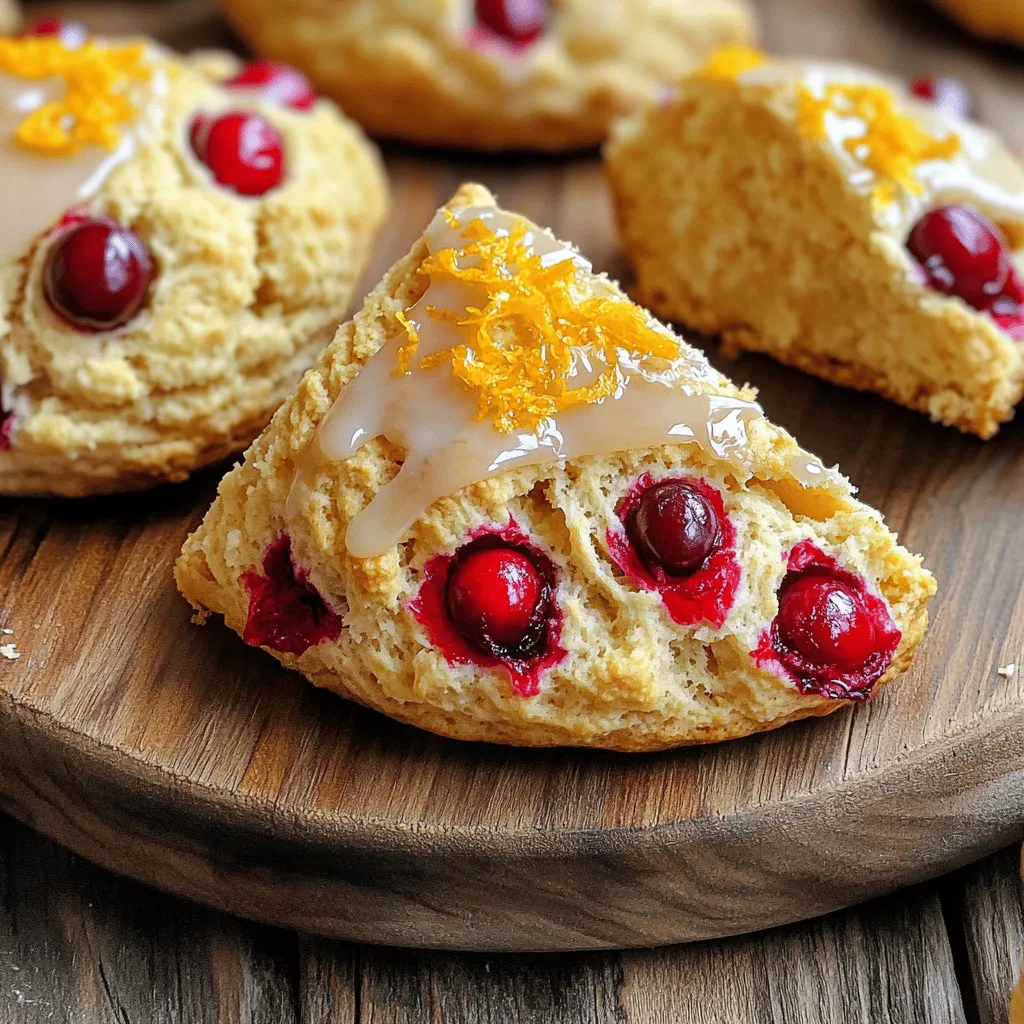 - 2 cups all-purpose flour - 1/3 cup granulated sugar - 1 tablespoon baking powder - 1/2 teaspoon salt - 1/2 cup unsalted butter, cold and cubed - 1 cup fresh cranberries, roughly chopped - Zest of 1 orange - 1/2 cup heavy cream - 1 large egg - 1 teaspoon vanilla extract - 1 cup powdered sugar - 2 tablespoons fresh orange juice - Zest of 1/2 orange (for garnish) Gathering the right ingredients is key to making these scones truly shine. The all-purpose flour gives the scones structure. Granulated sugar adds sweetness, while baking powder helps them rise. Salt balances the flavors. The cold butter is essential. It creates flakiness in the scones. Fresh cranberries bring a tart burst, and orange zest adds bright flavor. Heavy cream gives richness, while the egg binds everything together. Vanilla extract rounds out the taste nicely. For the glaze, use powdered sugar and fresh orange juice. This combination creates a sweet and tangy finish. The extra orange zest on top adds a nice touch. These ingredients pair well together, making each bite delightful. - Preheat your oven to 400°F (200°C) and line a baking sheet with parchment paper. - In a large bowl, mix together 2 cups of flour, 1/3 cup of sugar, 1 tablespoon of baking powder, and 1/2 teaspoon of salt. - Add 1/2 cup of cold, cubed butter to the dry mix. Use a pastry cutter or your fingers to blend it until it looks like coarse crumbs. - Stir in 1 cup of chopped cranberries and the zest of 1 orange into the dry mix. - In a separate small bowl, whisk together 1/2 cup of heavy cream, 1 large egg, and 1 teaspoon of vanilla extract. - Pour the wet mixture into the dry mix. Stir until just combined; lumps are okay. - Turn the dough onto a floured surface. Pat it into a circle about 1 inch thick. Cut into 8 wedges or use a round cutter for circles. Place them on the baking sheet. - Bake for 15-20 minutes until the tops are lightly golden. Watch them closely! - While the scones bake, mix 1 cup of powdered sugar with 2 tablespoons of fresh orange juice in a small bowl until smooth. - After baking, let the scones cool for about 10 minutes. Drizzle the glaze over them. - For a pretty touch, garnish with the zest of 1/2 orange. Enjoy your tasty treats! - Importance of cold butter: Cold butter is key. It helps scones rise and stay flaky. Use a pastry cutter or your fingers to mix it in. Aim for coarse crumbs. This step creates those tender layers we love. - Avoiding over-mixing: Mix just until combined. If you over-mix, your scones will turn tough. Remember, lumps are okay. A gentle hand makes a big difference. - Keeping scones fresh for longer: To store scones, place them in an airtight container. Keep them at room temperature for up to two days. For longer storage, freeze them. Just wrap each scone in plastic wrap. - Reheating instructions: To reheat, use the oven. Preheat it to 350°F (175°C). Place scones on a baking sheet for about 5-10 minutes. This restores their warmth and texture. - Stylish serving suggestions: Arrange the scones on a wooden platter for a rustic look. Drizzle glaze over each one. It adds a lovely shine and makes them look tempting. - Using garnishes effectively: Sprinkle extra orange zest on top for added flavor. Whole cranberries also make a fun garnish. These touch-ups make your scones pop and impress guests. {{image_2}} You can switch up the fruit in these scones. If fresh cranberries are out of season, try using dried cranberries. They add a sweet and chewy bite. Just chop them into smaller pieces for even mixing. You can also incorporate blueberries or raspberries. These fruits provide a nice flavor twist. Blueberries add a burst of sweetness, while raspberries bring a tart kick. Mix and match these fruits to find your favorite combo. For added warmth, consider adding spices like cinnamon or nutmeg. A dash of cinnamon pairs well with the orange flavor. Nutmeg adds a cozy touch, perfect for chilly mornings. You can also swap vanilla for almond extract. This change brings a nutty taste that enhances the scones. Just a teaspoon is enough to make a difference. If you need gluten-free options, you can use gluten-free flour blends. They work just as well in this recipe. Make sure the blend includes a binding agent for the best texture. For dairy-free needs, you can replace the heavy cream with coconut cream or a nut milk. Use a dairy-free butter alternative in the dough. This way, everyone can enjoy these tasty scones without worry. To keep your scones fresh, store them correctly. You can leave them at room temperature for a short time. Make sure they stay in an airtight container. This helps keep the moisture in and prevents them from drying out. If you plan to eat them later, refrigerate them. Just remember that refrigeration can change the texture a bit. You can freeze scones both before and after baking. To freeze unbaked scones, shape them and place them on a baking sheet. Put the sheet in the freezer until the scones are firm. Then, transfer them to a freezer bag. This way, they stay fresh for about three months. To freeze baked scones, let them cool completely first. Then, wrap each one in plastic wrap and place them in a freezer bag. When you want to enjoy them, take out a scone and let it thaw. You can reheat it in the oven at 350°F for about 10 minutes. This brings back their warmth and flavor. Can I use dried cranberries instead of fresh? Yes, you can use dried cranberries. They will add sweetness and chewiness. If using dried cranberries, soak them in warm water for 10 minutes. This helps soften them and keeps your scones moist. What if I don’t have heavy cream on hand? If you don't have heavy cream, you can use milk. Whole milk or buttermilk works well. Mix in a bit of melted butter to mimic the fat content of heavy cream. This will help keep your scones tender. Why are my scones dense? Dense scones may come from over-mixing the dough. When you combine wet and dry ingredients, mix just until you see no dry flour. Also, make sure your baking powder is fresh. Old baking powder can fail to rise. How can I make my scones sweeter? To add sweetness, increase the sugar in the dough. You can also add a touch of honey or maple syrup. Drizzling more glaze on top after baking will also boost sweetness and flavor. Can I make the glaze in advance? Yes, the glaze can be made ahead. Store it in the fridge for up to three days. Just whisk it again before using to restore its smooth texture. What can I use as a substitute for orange juice in the glaze? If you lack orange juice, lemon juice works. It adds a nice tangy flavor. You can also use apple juice or even water if you need to. Just remember to adjust the sweetness if needed. Making scones is a fun and rewarding process. You learned the key ingredients, step-by-step instructions, and tips for perfect scones. Don’t forget the delicious glaze that adds a sweet touch. Experiment with flavors and different fruits to find your favorite twist. Store your scones properly so they stay fresh. By following these tips, your scones will impress anyone who tries them. Enjoy your baking journey and share these tasty treats with friends!