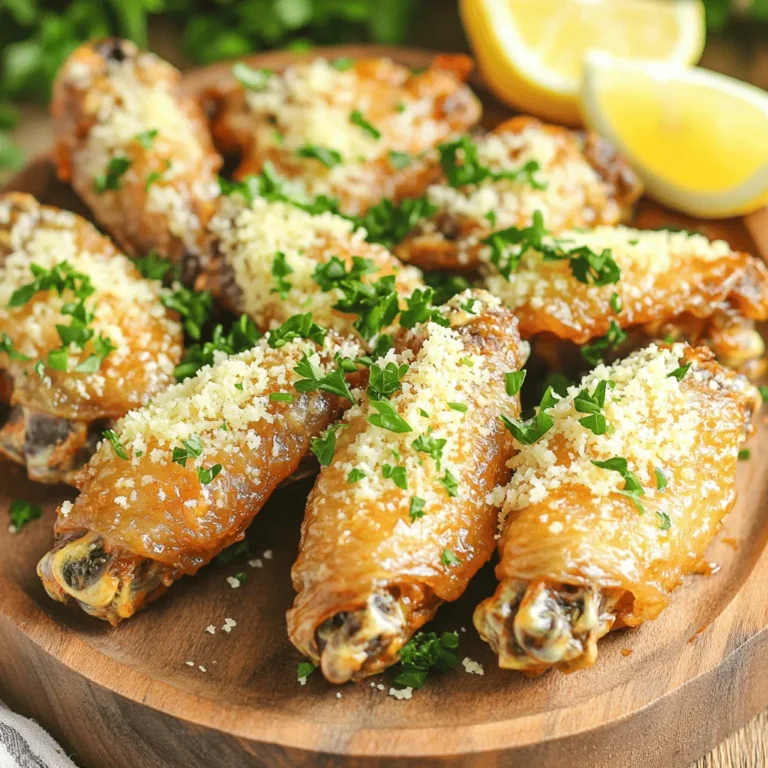 To make these tasty wings, you need: - 2 pounds chicken wings, fresh or frozen - 2 tablespoons olive oil - 1 teaspoon garlic powder - 1 teaspoon onion powder - 1 teaspoon smoked paprika - ½ teaspoon black pepper - ½ teaspoon salt - ¾ cup grated Parmesan cheese These main ingredients are key to making your wings flavorful and crispy. Fresh wings give the best taste, but you can use frozen ones too. Just remember to thaw them fully before cooking. The seasonings add depth to the wings. You will mix olive oil, garlic powder, onion powder, smoked paprika, black pepper, and salt. This blend creates a tasty marinade. Toss the wings in the marinade for at least 30 minutes. It helps the flavors soak in. For even better taste, marinate them overnight in the fridge. Garnishing makes your dish look appealing. I recommend adding: - 2 tablespoons chopped fresh parsley (for garnish) - Optional: Fresh lemon wedges for serving Chopped parsley adds a pop of color. Lemon wedges give a fresh zing when squeezed over the wings. Serve the wings hot for the best experience. Enjoy them on a rustic wooden platter for a great look! Start by checking your chicken wings. If they are frozen, you must thaw them first. Once thawed, pat them dry with paper towels. Dry wings help the seasoning stick better. Place the wings in a large bowl. This makes it easy to mix later. Next, let’s make our marinade. In the same large bowl, add the olive oil. Then, mix in the garlic powder, onion powder, smoked paprika, black pepper, and salt. Stir everything well until it combines. Now, add the chicken wings to the bowl. Toss them around to coat every wing with the marinade. For the best taste, let them sit for at least 30 minutes. You can chill them in the fridge for up to 24 hours if you have time. It’s time to cook! Preheat your air fryer to 400°F (200°C) for about 5 minutes. Once heated, place the wings in the basket in a single layer. Be careful not to overcrowd them. If you have a lot, cook them in batches. Cook the wings for 25-30 minutes. Flip them halfway through to ensure crispiness on both sides. When they look golden brown and crispy, take them out. Immediately toss the hot wings in grated Parmesan cheese. Make sure they are well-coated. Serve them hot, garnished with chopped parsley and lemon wedges for extra flavor. To get wings that are crispy, you must dry them well. If you use frozen wings, thaw them fully. Pat them with paper towels to remove moisture. The air fryer needs air to circulate. If your wings are wet, they will steam instead of crisp. Marinating adds a lot of flavor. I suggest marinating for at least 30 minutes. If you have time, marinate for up to 24 hours. This allows the spices to soak into the meat. The longer you marinate, the more intense the flavor will be. Preheat your air fryer before cooking. This helps wings start crisping right away. Cook them in a single layer to avoid overcrowding. If needed, cook in batches. Flip the wings halfway for even cooking. Once golden brown, toss them in Parmesan cheese right away for the best taste. {{image_2}} If you want some heat, add hot sauce to your marinade. Mix in 1-2 tablespoons of your favorite hot sauce with the olive oil and spices. You can also sprinkle red pepper flakes for an extra kick. This spicy twist keeps the garlic and Parmesan flavor while adding warmth. For a fresh taste, try adding herbs to your wings. Mix in 1 tablespoon of dried oregano, thyme, or rosemary into the marinade. Fresh herbs work well too! Chop them finely and add them to the mix. This gives the wings a lovely aroma and a burst of flavor. If you don’t have an air fryer, you can bake these wings. Preheat your oven to 425°F (220°C). Place the marinated wings on a baking sheet lined with parchment paper. Bake for 40-45 minutes, flipping halfway through. This method will still give you crispy wings, just a little less quick than the air fryer. After enjoying your delicious wings, store leftovers properly. Place the cooled wings in an airtight container. They can last in the fridge for up to three days. Make sure to keep them sealed to avoid drying out. If you want to keep wings longer, freezing is a great option. First, let them cool completely. Then, wrap each wing in plastic wrap. Place the wrapped wings in a freezer-safe bag. They can last up to three months in the freezer. When ready, just take them out and defrost before reheating. To enjoy wings like fresh, reheat them in the air fryer. Preheat the air fryer to 350°F (175°C). Place the wings in a single layer. Heat them for about 10-15 minutes. This method keeps them crispy and tasty. You can also use an oven at 375°F (190°C) for about 20 minutes. Always check they are hot all the way through before serving. Yes, you can use frozen chicken wings. Just remember to thaw them first. This step helps them cook evenly. Pat them dry with paper towels to get rid of extra moisture. This helps the wings get crispy in the air fryer. To ensure wings are cooked thoroughly, use a meat thermometer. The inside should reach 165°F (75°C). Cook them for 25-30 minutes. Flip them halfway to help them cook evenly. If they look golden brown and crispy, they’re ready! Any air fryer that fits your needs can work well. Models with adjustable temperature settings are best. Look for one with a good basket size. This ensures you can cook enough wings at once without overcrowding. Store leftover wings in an airtight container. They can last in the fridge for up to 3 days. For longer storage, freeze them. Just make sure to wrap them well to prevent freezer burn. Yes, you can switch the cheese! Try using mozzarella or asiago for a new taste. Each cheese will add its own flavor and texture. Just remember to adjust the amount to match your preference. In this blog post, we covered how to make tasty garlic parmesan wings in an air fryer. We discussed key ingredients, marinating tips, and step-by-step cooking instructions. You learned about variations like spicy options and how to store leftovers. Remember, great wings start with the right seasonings and cooking method. Enjoy experimenting with flavors and techniques to make these wings your own. Happy cooking!