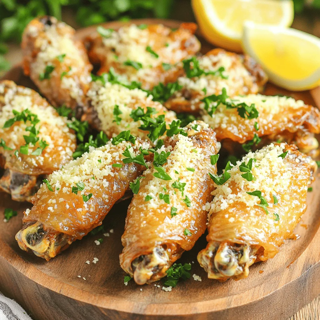 To make these tasty wings, you need: - 2 pounds chicken wings, fresh or frozen - 2 tablespoons olive oil - 1 teaspoon garlic powder - 1 teaspoon onion powder - 1 teaspoon smoked paprika - ½ teaspoon black pepper - ½ teaspoon salt - ¾ cup grated Parmesan cheese These main ingredients are key to making your wings flavorful and crispy. Fresh wings give the best taste, but you can use frozen ones too. Just remember to thaw them fully before cooking. The seasonings add depth to the wings. You will mix olive oil, garlic powder, onion powder, smoked paprika, black pepper, and salt. This blend creates a tasty marinade. Toss the wings in the marinade for at least 30 minutes. It helps the flavors soak in. For even better taste, marinate them overnight in the fridge. Garnishing makes your dish look appealing. I recommend adding: - 2 tablespoons chopped fresh parsley (for garnish) - Optional: Fresh lemon wedges for serving Chopped parsley adds a pop of color. Lemon wedges give a fresh zing when squeezed over the wings. Serve the wings hot for the best experience. Enjoy them on a rustic wooden platter for a great look! Start by checking your chicken wings. If they are frozen, you must thaw them first. Once thawed, pat them dry with paper towels. Dry wings help the seasoning stick better. Place the wings in a large bowl. This makes it easy to mix later. Next, let’s make our marinade. In the same large bowl, add the olive oil. Then, mix in the garlic powder, onion powder, smoked paprika, black pepper, and salt. Stir everything well until it combines. Now, add the chicken wings to the bowl. Toss them around to coat every wing with the marinade. For the best taste, let them sit for at least 30 minutes. You can chill them in the fridge for up to 24 hours if you have time. It’s time to cook! Preheat your air fryer to 400°F (200°C) for about 5 minutes. Once heated, place the wings in the basket in a single layer. Be careful not to overcrowd them. If you have a lot, cook them in batches. Cook the wings for 25-30 minutes. Flip them halfway through to ensure crispiness on both sides. When they look golden brown and crispy, take them out. Immediately toss the hot wings in grated Parmesan cheese. Make sure they are well-coated. Serve them hot, garnished with chopped parsley and lemon wedges for extra flavor. To get wings that are crispy, you must dry them well. If you use frozen wings, thaw them fully. Pat them with paper towels to remove moisture. The air fryer needs air to circulate. If your wings are wet, they will steam instead of crisp. Marinating adds a lot of flavor. I suggest marinating for at least 30 minutes. If you have time, marinate for up to 24 hours. This allows the spices to soak into the meat. The longer you marinate, the more intense the flavor will be. Preheat your air fryer before cooking. This helps wings start crisping right away. Cook them in a single layer to avoid overcrowding. If needed, cook in batches. Flip the wings halfway for even cooking. Once golden brown, toss them in Parmesan cheese right away for the best taste. {{image_2}} If you want some heat, add hot sauce to your marinade. Mix in 1-2 tablespoons of your favorite hot sauce with the olive oil and spices. You can also sprinkle red pepper flakes for an extra kick. This spicy twist keeps the garlic and Parmesan flavor while adding warmth. For a fresh taste, try adding herbs to your wings. Mix in 1 tablespoon of dried oregano, thyme, or rosemary into the marinade. Fresh herbs work well too! Chop them finely and add them to the mix. This gives the wings a lovely aroma and a burst of flavor. If you don’t have an air fryer, you can bake these wings. Preheat your oven to 425°F (220°C). Place the marinated wings on a baking sheet lined with parchment paper. Bake for 40-45 minutes, flipping halfway through. This method will still give you crispy wings, just a little less quick than the air fryer. After enjoying your delicious wings, store leftovers properly. Place the cooled wings in an airtight container. They can last in the fridge for up to three days. Make sure to keep them sealed to avoid drying out. If you want to keep wings longer, freezing is a great option. First, let them cool completely. Then, wrap each wing in plastic wrap. Place the wrapped wings in a freezer-safe bag. They can last up to three months in the freezer. When ready, just take them out and defrost before reheating. To enjoy wings like fresh, reheat them in the air fryer. Preheat the air fryer to 350°F (175°C). Place the wings in a single layer. Heat them for about 10-15 minutes. This method keeps them crispy and tasty. You can also use an oven at 375°F (190°C) for about 20 minutes. Always check they are hot all the way through before serving. Yes, you can use frozen chicken wings. Just remember to thaw them first. This step helps them cook evenly. Pat them dry with paper towels to get rid of extra moisture. This helps the wings get crispy in the air fryer. To ensure wings are cooked thoroughly, use a meat thermometer. The inside should reach 165°F (75°C). Cook them for 25-30 minutes. Flip them halfway to help them cook evenly. If they look golden brown and crispy, they’re ready! Any air fryer that fits your needs can work well. Models with adjustable temperature settings are best. Look for one with a good basket size. This ensures you can cook enough wings at once without overcrowding. Store leftover wings in an airtight container. They can last in the fridge for up to 3 days. For longer storage, freeze them. Just make sure to wrap them well to prevent freezer burn. Yes, you can switch the cheese! Try using mozzarella or asiago for a new taste. Each cheese will add its own flavor and texture. Just remember to adjust the amount to match your preference. In this blog post, we covered how to make tasty garlic parmesan wings in an air fryer. We discussed key ingredients, marinating tips, and step-by-step cooking instructions. You learned about variations like spicy options and how to store leftovers. Remember, great wings start with the right seasonings and cooking method. Enjoy experimenting with flavors and techniques to make these wings your own. Happy cooking!