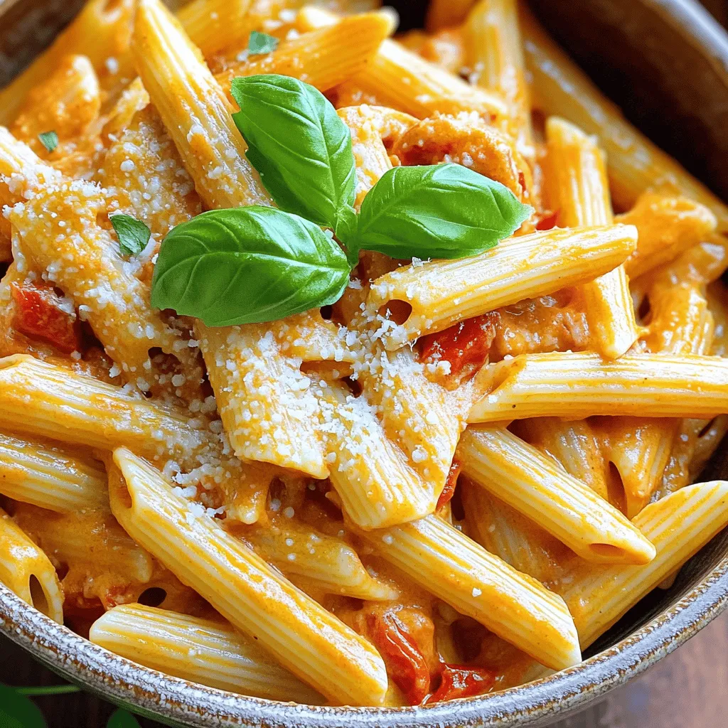 - 12 oz pasta (penne or fettuccine works well) - 2 large red bell peppers - 3 cloves garlic, minced - 1 cup heavy cream (or coconut cream for a vegan option) - 1/2 cup grated Parmesan cheese (or nutritional yeast for vegan option) The main ingredients make this dish shine. I love using penne or fettuccine. Both types of pasta hold the sauce well. Red bell peppers add sweetness and a vibrant color. Garlic brings a punch of flavor. For creaminess, use heavy cream or coconut cream. The cheese brings a salty note to balance the sweetness. - 2 tablespoons olive oil - 1 teaspoon Italian seasoning - Salt and pepper to taste Pantry staples are key to this recipe. Olive oil adds richness as you roast the peppers. Italian seasoning brings warmth and depth. Salt and pepper enhance all the flavors. They are must-haves in any kitchen. - Fresh basil leaves - Optional toppings Garnish makes your dish look pretty. Fresh basil leaves add a pop of color and flavor. You can also add crushed red pepper for heat or extra cheese for richness. These finishing touches take your pasta to the next level. - Roasting the bell peppers: Preheat your oven to 400°F (200°C). Place the red bell peppers on a baking sheet. Drizzle with 1 tablespoon of olive oil. Roast for 25-30 minutes. Look for charred and blistered skin. - Peeling and chopping process: After roasting, put the peppers in a bowl and cover with plastic wrap. Let them sit for 10 minutes. This helps the skin come off easily. Once cool, peel the skin, remove seeds, and chop the peppers. - Boiling instructions for al dente pasta: Fill a large pot with salted water. Bring it to a boil. Add your pasta, either penne or fettuccine. Cook until al dente, following package instructions. - Reserving pasta water: Before draining, save 1 cup of pasta water. This will help adjust the sauce later. - Blending the roasted peppers with cream and seasonings: In a blender, add the chopped roasted peppers, minced garlic, and 1 cup of heavy cream. Add Italian seasoning, salt, and pepper. Blend until smooth and creamy. - Simmering the sauce with cheese: Heat a large skillet over medium heat. Add the red pepper sauce to the skillet. Let it simmer for about 5 minutes. Then, stir in the grated Parmesan cheese until melted. - Tossing the pasta in the sauce: Add the cooked pasta to the skillet. Toss it well to coat the pasta with the creamy sauce. - Adjusting consistency with reserved water: If the sauce is too thick, add some reserved pasta water. Mix until you reach your desired sauce thickness. To make the sauce smooth and creamy, blend the roasted peppers well. After blending, check the texture. If it's too thick, add a bit of reserved pasta water. This will help achieve the right creaminess. For flavor, taste the sauce before serving. Add more salt or pepper as needed to enhance the taste. To avoid mushy pasta, cook it just until al dente. Check the package for cooking time and set a timer. Reserve some pasta water before draining. This water is starchy and can help adjust the sauce later. When the pasta is ready, mix it with the sauce right away. Timing is key to keep everything warm and fresh. Pair this pasta with a simple side salad for balance. A green salad with lemon dressing works great. For garnish, sprinkle fresh basil leaves on top. You can also add extra cheese for flavor. Serve it hot to enjoy the creamy texture. {{image_2}} To make this dish vegan, you can easily swap out some key ingredients. Use coconut cream instead of heavy cream. This will keep your sauce rich and creamy. For cheese, replace Parmesan with nutritional yeast. This adds a cheesy flavor without dairy. Together, these changes keep the taste delightful and satisfying. For those who want extra protein, grilled chicken or shrimp works well. Simply cook your choice of protein and add it to the pasta before serving. Grilled chicken adds a nice texture and flavor. Shrimp cooks quickly and pairs great with the creamy sauce. You can even season them with Italian spices for extra flavor. Don’t hesitate to play with seasonal veggies or herbs. In spring, fresh asparagus or peas add color and taste. In summer, try cherry tomatoes or zucchini for a light touch. In fall, roasted squash can make it heartier. Fresh herbs like parsley or thyme can brighten the dish. Using what's in season makes your meal fresh and exciting! To store leftovers, let the pasta cool first. Then, place it in an airtight container. Make sure to cover it well to keep it fresh. You can keep it in the fridge for up to three days. When you want to eat it again, check for any signs of spoilage. If you want to freeze the pasta, first let it cool down completely. Then, place it in freezer-safe bags or containers. Make sure to remove as much air as possible to avoid freezer burn. It can last in the freezer for about three months. When you are ready to eat it, move it to the fridge overnight to thaw. To reheat the pasta, use medium heat on the stove. Add a splash of water or cream to keep it moist. Stir often until it heats through. You can also use the microwave, but cover it to keep moisture in. Heat in short bursts, stirring in between, until warm. Enjoy your creamy roasted red pepper pasta just like it was fresh! Yes, you can make this dish gluten-free. Use gluten-free pasta, like brown rice or chickpea pasta, as a substitute. These options give you a tasty meal without gluten. The pasta is not spicy. However, you can add red pepper flakes for some heat. Start with a small amount, then taste and add more if you like it spicier. The sauce lasts up to five days in the fridge. Store it in an airtight container. You can also freeze it for about three months. Just thaw and reheat gently when ready to use. This blog post covered a tasty pasta dish using simple, fresh ingredients. You learned how to roast red bell peppers, cook pasta to perfection, and blend a creamy sauce. I shared tips to ensure your sauce is smooth and your pasta stays firm. You also discovered vegan options and how to store leftovers effectively. By trying these ideas, you can create a delicious meal that's both fun and satisfying. Enjoy cooking and customizing your dish to make it your own!