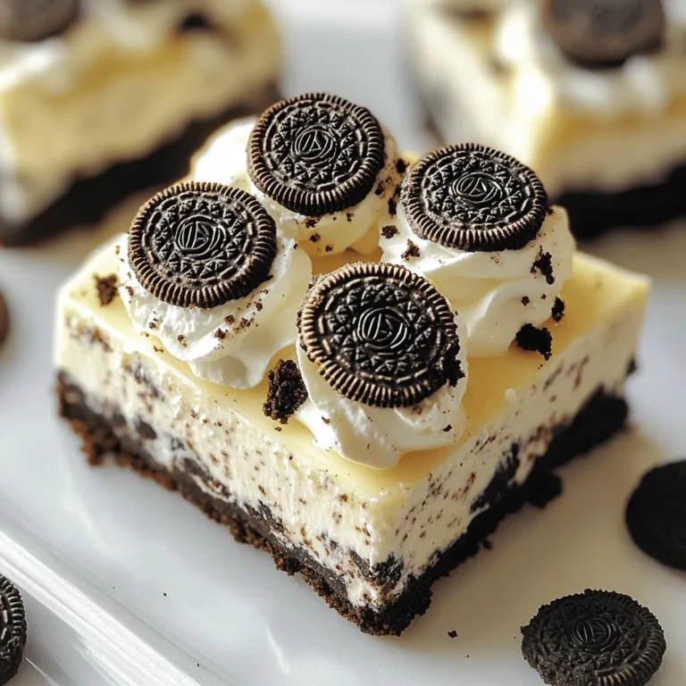 To make these No-Bake Oreo Cheesecake Bars, you will need: - 24 Oreo cookies, crushed - 4 tablespoons unsalted butter, melted - 16 oz cream cheese, softened - 1 cup powdered sugar - 1 teaspoon vanilla extract - 2 cups heavy whipping cream - 12 Oreo cookies, chopped (for filling) - Additional Oreo cookies for topping (optional) The base of this recipe is the Oreo cookies. Their chocolatey flavor shines through. The crushed Oreos mixed with melted butter form a tasty crust. The cream cheese adds a rich and creamy texture. Make sure it is softened for easy mixing. The heavy whipping cream gives the bars their light and fluffy feel. It’s important to whip it until stiff peaks form for the best results. You can also add more chopped Oreos into the filling. This gives extra bits of crunch and flavor. Topping the bars with additional Oreos adds a nice touch. It makes the dessert even more fun and appealing. With these simple ingredients, you’ll create a delightful dessert that everyone will enjoy. To start, grab a medium bowl. Combine 24 crushed Oreo cookies with 4 tablespoons of melted butter. Mix them well until the crumbs are evenly coated. This step is key for a tasty crust. Next, take a 9x9 inch baking dish. Press the Oreo mixture firmly into the bottom of the dish. Make sure it's nice and even. Refrigerate it for 10 to 15 minutes. This helps the crust set well. Now, let’s make the cheesecake filling. In a large mixing bowl, beat 16 oz of softened cream cheese with an electric mixer. Mix until it becomes smooth and creamy. Gradually add 1 cup of powdered sugar and 1 teaspoon of vanilla extract. Mix until everything is well combined. In a separate bowl, whip 2 cups of heavy cream until stiff peaks form. This adds a light texture to your filling. Gently fold the whipped cream into the cream cheese mixture. Mix until fully incorporated. Finally, stir in 12 chopped Oreo cookies. This adds little bursts of cookie goodness to each bite. Spread the cheesecake filling over the prepared crust. Use a spatula to smooth the top. It should be nice and even. Now, it’s time to refrigerate the cheesecake bars. Let them chill for at least 4 hours. This gives them time to set well. Once they're firm, cut them into squares. Feel free to add extra Oreo cookies on top if you like. Enjoy your delicious no-bake Oreo cheesecake bars! Tips for whipping cream To get the best whipped cream, start with cold heavy cream. Use a chilled bowl and beaters. This helps the cream whip faster. Whip until stiff peaks form. Do not overwhip, or it may turn grainy. Achieving a smooth cream cheese mixture Make sure your cream cheese is soft. You can leave it out for a bit. Beat it well until there are no lumps. Add the powdered sugar slowly. This will help mix it evenly. Mix until it looks creamy and smooth. Topping ideas for finishing touches You can add more crushed Oreos on top for a fun look. Try drizzling chocolate sauce or caramel for extra flavor. Whipped cream dollops are also a nice touch. Fresh berries can add color and freshness. Serving suggestions for special occasions Cut the bars into nice squares for serving. Use a sharp knife for clean cuts. Serve on a pretty platter. A sprinkle of cocoa powder can add flair. These bars are perfect for parties, birthdays, or any gathering. {{image_2}} You can easily change up the flavors in your no-bake Oreo cheesecake bars. Here are some fun ideas: - Mint Oreos: Swap regular Oreos for mint-flavored ones. This adds a fresh twist. - Peanut Butter: Mix in some creamy peanut butter to the filling for a nutty flavor. - Fruit: Add chopped strawberries or raspberries for a fruity touch. They mix well with the cream. - Chocolate Drizzle: Top with melted chocolate for extra richness. For the crust, you can use graham crackers instead of Oreos. They give a nice crunch and work well with the filling. If you need gluten-free options, use gluten-free Oreos or any gluten-free cookie for the crust. This way, everyone can enjoy them. For lower-sugar alternatives, try using a sugar substitute. You can also reduce the powdered sugar in the filling. The taste will still be great with less sugar. Just remember to adjust to your liking. To keep your no-bake Oreo cheesecake bars fresh, proper storage is key. First, let them chill in the fridge for at least four hours. After that, you can store them in the fridge. Use an airtight container to prevent any odors from mixing. If you want to save some for later, you can freeze them. Slice the bars and wrap each piece in plastic wrap. Place the wrapped bars in a freezer-safe bag or container. This way, they stay fresh and tasty. In the fridge, these cheesecake bars can last up to five days. Check for any signs of spoilage before eating them. If you notice an off smell, discoloration, or a change in texture, it's best to toss them. If you freeze the bars, they can last for about three months. Just remember to thaw them in the fridge before enjoying. Yes, you can use reduced-fat cream cheese. However, it may change the texture and taste. Full-fat cream cheese gives the cheesecake a rich and creamy feel. Reduced-fat options might make it less smooth and a bit crumbly. If you want a lighter version, this is a good choice. Just keep in mind that it won't taste quite the same. To make these bars vegan, swap the cream cheese and heavy cream for dairy-free options. Use vegan cream cheese, which is made from nuts or soy. For the heavy cream, you can use coconut cream or a soy-based whip. Check the labels to ensure they are dairy-free. Also, use vegan cookies instead of Oreos. This way, you keep the flavor while making it vegan-friendly. If your filling is too runny, there are simple fixes. First, try adding more cream cheese to thicken it. Start with a small amount and mix well. You can also chill the mixture for about 30 minutes. This helps it set up a bit. If you whipped the cream too little, try whipping it more. Stiff peaks are key to a thick filling. Adjusting these steps will help you get the right consistency. In this blog post, we covered how to make delicious Oreo cheesecake bars. We detailed the main ingredients and shared clear steps for preparing the crust and cheesecake filling. I offered tips to ensure the right texture, along with ideas for presentation and variations. Remember, storage is key for freshness, so follow those guidelines closely. Enjoy your cheesecake bars with friends or family. The joy of baking is in sharing these tasty treats with loved ones. Happy baking!