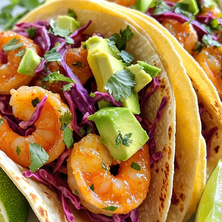 - Large shrimp: 1 lb, peeled and deveined - Unsalted butter: 4 tablespoons - Garlic: 4 cloves, minced - Red pepper flakes: 1 teaspoon (adjustable) - Lime juice: from 1 lime - Seasoning: salt and pepper to taste - Corn tortillas: 8 small - Shredded red cabbage: 1 cup - Avocado: 1, sliced - Fresh cilantro: for garnish - Lime wedges: for serving For these tacos, I use large shrimp as the main star. They are sweet and juicy, which pairs well with the spicy garlic butter. You can find peeled and deveined shrimp at most stores. If you want, you can use frozen shrimp. Just thaw them first. Unsalted butter is key. It allows the garlic to shine without added salt. You’ll need fresh garlic, minced finely for the best flavor. Red pepper flakes bring the heat. Adjust them based on your taste. Lime juice adds a bright zing. Use it fresh for the best taste. Don’t forget salt and pepper for seasoning. Corn tortillas are perfect for holding all the good stuff. They warm well and give a nice texture. Shredded red cabbage adds crunch and color. It balances the richness of the shrimp. Sliced avocado lends creaminess, while cilantro adds a burst of freshness. Lime wedges on the side help brighten every bite. This mix of ingredients makes each taco a flavor bomb. Trust me, you’ll love this combo! First, melt the butter in a large skillet over medium heat. Watch it closely, so it doesn’t burn. Once it's melted, add the minced garlic and red pepper flakes. Cook this mix for about one minute. The garlic should smell amazing. Next, add the shrimp into the skillet. Season it with salt and pepper. Cook the shrimp for about two to three minutes. Stir occasionally. The shrimp will turn pink and opaque when done. Once ready, squeeze lime juice over the shrimp. Stir it all together and then take it off the heat. While the shrimp cooks, it’s time to warm the corn tortillas. You can do this in another skillet or directly over the flame for a few seconds. Just warm them until they get soft and pliable. Now, grab each tortilla and start layering. Place a handful of shredded red cabbage on the bottom. Then, add a generous scoop of that spicy garlic shrimp. This adds a nice crunch and flavor. Now, let’s add some finishing touches. Top each taco with slices of creamy avocado. Sprinkle fresh cilantro on top for color and taste. Don't forget lime wedges on the side. They add a zesty kick when you squeeze them over the tacos. Serve your delicious tacos right away to enjoy the best flavor and texture! To make your shrimp tacos even better, adjust the spice level. Red pepper flakes are perfect for this. If you want more heat, add more flakes. For less heat, use less. You can also swap in other spices. Try cumin for warmth or smoked paprika for depth. These changes keep your tacos fun and fresh. Cooking shrimp perfectly is key. Always use medium heat to avoid overcooking. When shrimp turn pink and opaque, they are done. This usually takes about 2-3 minutes. For warming tortillas, you can use a skillet or direct heat. Just warm them for a few seconds until they are soft. This makes them easy to fold. Make your tacos shine with good presentation. Start with colorful layers. Use bright red cabbage, green avocado, and fresh cilantro. This not only looks great but also adds flavor. For sides, serve with lime wedges or a fresh salad. These pair well with the spicy shrimp tacos and add variety to your meal. {{image_2}} You can easily swap shrimp for chicken or tofu. For chicken, use boneless pieces. Cut them into small bits. Cook chicken until it turns golden brown. For tofu, choose firm or extra-firm. Cut it into cubes and fry until crispy. Both options work great with the garlic butter sauce. Adjust cooking times based on the protein you choose. Want a gluten-free option? Use lettuce wraps instead of tortillas. Just take large leaves from romaine or butter lettuce. They add a nice crunch and fresh taste. If you prefer a vegan dish, replace shrimp with jackfruit or mushrooms. You can cook them in the same garlic butter sauce. This keeps the flavors vibrant and delicious. Spice up your tacos with different herbs and spices. Try cumin, paprika, or even curry powder. These will add depth to your dish. You can also add fruits like mango or pineapple for a sweet twist. A fresh salsa with tomatoes, onions, and cilantro pairs well too. This fusion gives your tacos a fun spin and keeps things exciting. To keep your shrimp tacos fresh, store them in an airtight container. Place the shrimp, cabbage, and avocado separately from the tortillas. This helps prevent soggy tacos. You can store them in the fridge for up to two days. After that, the shrimp may lose flavor and texture. When reheating, you have two main options: the microwave or the stovetop. The microwave is quick, but it may make the shrimp tough. Instead, heat the shrimp in a skillet over low heat. This keeps them tender and juicy. Warm the tortillas in the skillet for a few seconds to refresh them. You can freeze the shrimp taco filling for later use. Place it in a freezer-safe bag. Be sure to remove as much air as possible. The filling can last up to three months in the freezer. When you’re ready to eat, thaw it in the fridge overnight. Reheat it gently before serving. It takes only 15 minutes to make these shrimp tacos. You need about 10 minutes to prep and 5 minutes to cook. This quick time lets you enjoy a tasty meal without long waits. Yes, you can use frozen shrimp. Just thaw them first. Place the shrimp in a bowl of cold water for about 15 minutes. Pat them dry before cooking. This keeps them from getting watery. Several toppings can enhance your shrimp tacos. Here are some great choices: - Shredded red cabbage for crunch - Slices of creamy avocado - Fresh cilantro for flavor - Lime wedges for a zesty kick - Sliced jalapeños for extra heat These shrimp tacos are easy and full of flavor. We covered the main ingredients, step-by-step cooking, and ways to customize them. You can swap shrimp for chicken or make them vegan. Remember to store and reheat leftovers properly to enjoy later. With a few adjustments, these tacos can fit any diet. Try different spices for new tastes. Enjoy making and sharing these delicious tacos with friends and family!
