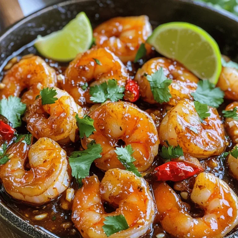 - 1 pound large shrimp, peeled and deveined - 4 cloves garlic, minced - 1-2 red chilies, thinly sliced - 2 tablespoons olive oil - 1 tablespoon soy sauce - 1 tablespoon honey - 1 teaspoon ginger, grated - Salt and pepper to taste - Fresh cilantro or parsley, for garnish - Lime wedges, for serving To make Minute Chili Garlic Shrimp, you need fresh ingredients. Start with one pound of large shrimp, which are easy to find. Make sure they are peeled and deveined for quick cooking. Next, we will use four cloves of minced garlic. Garlic adds a strong flavor that makes this dish pop. For heat, choose one or two red chilies. Slice them thinly, but adjust the amount based on your spice preference. For cooking, grab two tablespoons of olive oil. This oil helps the shrimp cook evenly. You will also need one tablespoon of soy sauce for umami flavor. One tablespoon of honey adds a sweet touch to balance the heat. Next, use one teaspoon of grated ginger. Ginger adds warmth and depth to the dish. Don’t forget salt and pepper, which you will use to season to taste. Lastly, fresh cilantro or parsley serves as a garnish. It adds a bright color and fresh taste. Serve with lime wedges for that zesty finish. Now you’re ready to create a quick, tasty meal! To start, grab a bowl. Whisk together the soy sauce, honey, grated ginger, minced garlic, and sliced chilies. Add salt and pepper to your taste. This mix will give your shrimp a punch of flavor. Next, add the peeled and deveined shrimp to your marinade. Toss them well so they are fully coated. Let the shrimp sit in the marinade for about 10 minutes. This step helps the shrimp soak up all the tasty flavors. While the shrimp marinates, heat olive oil in a large skillet or wok. Use medium-high heat until the oil shimmers. This means it's hot enough to start cooking the shrimp. Now, add the marinated shrimp to the hot skillet. Spread them out in a single layer. Cook for 2-3 minutes without stirring. This allows the shrimp to sear and get a nice color. After the first cook time, flip the shrimp over. Cook for another 2-3 minutes until they turn pink and opaque. Keep an eye on them to avoid overcooking. Perfectly cooked shrimp are tender and juicy. Once cooked, remove the shrimp from heat. Garnish with fresh cilantro or parsley. Serve hot with lime wedges on the side. A squeeze of lime adds a bright flavor that pairs well with the dish. Enjoy your Minute Chili Garlic Shrimp! To change the heat of your Minute Chili Garlic Shrimp, adjust the chilies. Use one chili for mild heat. If you want more spice, use two or three. You can also remove the seeds for less heat. Taste the marinade before adding the shrimp. This way, you know how spicy it will be. Shrimp cook quickly. They turn pink and opaque when ready. Keep an eye on them while cooking. After about 3 minutes, check one shrimp. If it looks pink throughout, it’s done. Overcooked shrimp can be tough, so don’t wait too long. To avoid overcooking, use high heat. Sear the shrimp for 2-3 minutes on each side. Don’t stir too much while they cook. Let them get a nice sear first. If you see them curling tightly, they are overcooked. Remove them from the heat as soon as they look perfect. {{image_2}} You can boost the flavor and nutrition by adding vegetables. Broccoli, bell peppers, and snap peas work well. Just chop them into small pieces. Add the veggies to the skillet after cooking the shrimp for about a minute. This way, they get tender but stay crisp. If you want to switch it up, try other proteins. Chicken breast, scallops, or firm tofu are great choices. Cut chicken into bite-sized pieces and follow the same steps. For tofu, use extra-firm tofu and press it first. This helps it absorb the marinade better. Feel free to get creative with the marinade. You can use lime juice instead of honey for a tangy twist. Try adding sesame oil for a nutty flavor. If you want more heat, use sriracha or chili paste in place of sliced chilies. These changes make the dish your own! You can keep leftovers in the fridge. Place the shrimp in an airtight container. They stay fresh for up to three days. Make sure to cool them before storing. This keeps the shrimp tasty and safe to eat. If you want to save shrimp for later, freezing works well. Seal the shrimp in a freezer bag. Remove as much air as possible before sealing. You can freeze them for up to three months. When ready to eat, thaw overnight in the fridge. To reheat shrimp, use a skillet over medium heat. Add a little olive oil to prevent sticking. Heat for about two to three minutes until warm. Avoid cooking too long, or the shrimp will turn tough. You can also microwave them in short bursts. Just be careful not to overcook. Shrimp cooks fast. It usually takes about 4 to 6 minutes total. You will notice they turn pink and opaque when they are done. Overcooked shrimp can become rubbery, so keep an eye on them. Yes, you can use frozen shrimp. Just make sure to thaw them first. You can do this by placing them in cold water for about 10-15 minutes. Pat them dry before marinating. Chili garlic shrimp pairs well with many sides. You can serve it with rice or noodles. Steamed veggies or a fresh salad also make great choices. Add lime wedges for a zesty touch. Yes, this recipe can be gluten-free. Just use a gluten-free soy sauce or tamari. The other ingredients are naturally gluten-free, so you can enjoy this dish worry-free. To reduce the heat, use fewer red chilies. You can also remove the seeds. Another option is to add more honey to balance the spice. This will give you a milder flavor while keeping it tasty. This blog post covered the essential steps to make tasty chili garlic shrimp. We discussed ingredients, marinating the shrimp, and cooking tips. Remember to adjust spices to your taste and ensure the shrimp is cooked just right. You can also try adding veggies or using different proteins for variety. Store leftovers properly and reheat them well. Enjoy making this dish that’s simple yet flavorful. Your kitchen will smell amazing, and you’ll impress anyone who tries it!
