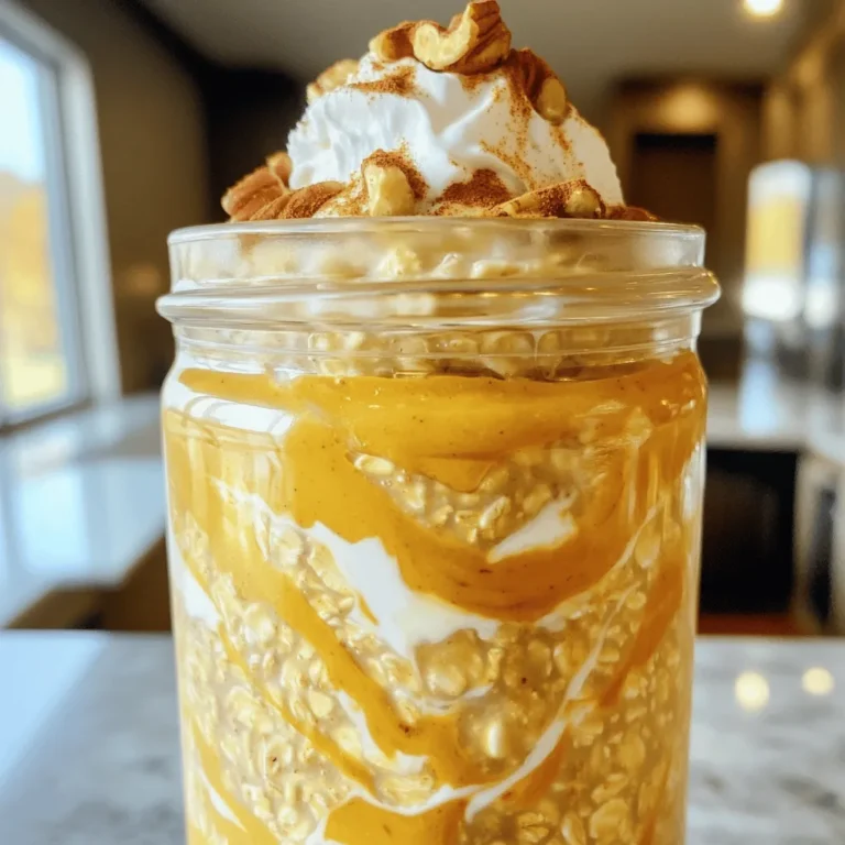To make pumpkin pie overnight oats, gather these simple ingredients: - 1 cup rolled oats - 1 cup unsweetened almond milk (or any milk of choice) - 1/2 cup canned pumpkin puree - 1 tablespoon maple syrup (adjust based on sweetness preference) - 1 teaspoon pumpkin pie spice - 1/2 teaspoon vanilla extract - 1/4 teaspoon salt - 2 tablespoons chopped pecans (optional, for crunch) - 2 tablespoons raisins or dried cranberries (optional, for sweetness) - Whipped coconut cream or yogurt for topping (optional) These ingredients create a creamy, spiced bowl of goodness. The pumpkin puree gives it a nice smooth texture. The oats soak up the milk, creating a filling breakfast. You can play with your oats by adding optional ingredients. This can make your overnight oats even better! Here are some ideas: - Chopped nuts like walnuts or almonds for more crunch. - Fresh fruit like sliced bananas or apples for extra sweetness. - A scoop of protein powder for an energy boost. - Chia seeds or flaxseeds for added fiber and nutrition. Feel free to mix and match these options to suit your taste! Each serving of these pumpkin pie overnight oats is packed with nutrients. Here’s a quick breakdown: - Calories: About 250-300, depending on added ingredients. - Protein: Roughly 8-10 grams. - Fiber: Around 8 grams, thanks to oats and pumpkin. - Healthy fats: From nuts and coconut cream, if used. These oats are not just tasty; they also provide energy to kickstart your day. Enjoy the health benefits along with the great flavor! To make pumpkin pie overnight oats, start with a medium bowl. Add 1 cup of rolled oats. Pour in 1 cup of unsweetened almond milk or your favorite milk. Mix in 1/2 cup of canned pumpkin puree. Add 1 tablespoon of maple syrup for sweetness. Stir in 1 teaspoon of pumpkin pie spice and 1/2 teaspoon of vanilla extract. Don’t forget to sprinkle in 1/4 teaspoon of salt! Mix all the ingredients well until combined. If you want more texture, fold in 2 tablespoons of chopped pecans and 2 tablespoons of raisins or cranberries. Once mixed, divide the mixture into two jars. Seal them and place in the fridge overnight. Let them chill for at least 4 hours. When mixing, ensure everything blends evenly. This helps the oats soak up the flavors. I recommend tasting the mixture before sealing the jars. You can adjust the maple syrup based on your sweetness needs. Use a spatula to scrape the sides of the bowl. This ensures no ingredients get left behind. If you want a creamier texture, use whole milk or coconut milk. For a nut-free version, skip the pecans. In the morning, take the jars from the fridge. Stir the oats well to check the consistency. If it’s too thick, add a splash of milk. Serve topped with whipped coconut cream or yogurt. For a festive look, sprinkle extra pecans on top. You can also dust a little more pumpkin pie spice. This adds color and makes it eye-catching. Enjoy your healthy and tasty pumpkin pie overnight oats! For the creamiest overnight oats, use rolled oats. They soak up the liquid well. Mixing in your almond milk and pumpkin puree is key. Stir until everything is smooth. If you like it thicker, use less milk. If you prefer a runnier mix, add more milk. The oats will keep soaking overnight. Check the texture in the morning; it should be soft but not mushy. Sweetness can change based on your taste. Start with one tablespoon of maple syrup. If you like it sweeter, add more. You can also try honey or agave syrup. The pumpkin pie spice adds warmth and flavor. If you want a kick, add a pinch of cinnamon. Always taste as you go to find your perfect balance. Store your oats in airtight jars. This keeps them fresh and prevents spills. They last up to 5 days in the fridge. For reheating, just pop them in the microwave for about a minute. Stir well before eating. You can also enjoy them cold right out of the fridge. Top with whipped coconut cream or yogurt for a tasty finish. {{image_2}} You can change the spices in your Pumpkin Pie Overnight Oats. Try cinnamon, nutmeg, or ginger. Each spice gives a new taste. For a winter twist, add a pinch of cardamom. In summer, try fresh berries with a dash of vanilla. This keeps your oats fun and fresh all year! You can easily make this recipe vegan. Just choose almond milk or coconut milk. They both work great in this dish. If you want creaminess, use coconut yogurt instead of regular yogurt. This way, you keep it tasty and plant-based! Want to give your oats a protein boost? Mix in a scoop of protein powder. You can use vanilla or unflavored kinds. Chia seeds are also great. They add protein and fiber. Just one tablespoon can make a big difference. You can even add flaxseeds or hemp seeds for more nutrients. These little changes will help you start your day strong! I recommend using airtight containers for your oats. Glass jars work great. Make sure to fill them to the top to limit air exposure. This keeps your oats fresh and tasty. If you add toppings, store them separately. This way, your oats stay creamy, and the toppings stay crunchy. Your pumpkin pie overnight oats can last in the fridge for up to five days. After this time, the oats may lose their texture and flavor. Always check for any off smells or changes in color. If they look good and smell fresh, they’re still safe to eat. You can freeze overnight oats for up to three months. Just use freezer-safe containers. When you want to eat them, take them out and let them thaw in the fridge overnight. You can also heat them in the microwave for a quick breakfast. Just stir in a splash of milk to restore the creamy texture. Yes, you can use quick oats. Quick oats cook faster and absorb liquid quickly. This means your oats may turn out creamier. However, rolled oats offer a chewier texture. If you want more bite, stick with rolled oats. You can use mashed sweet potatoes or butternut squash. Both options give a similar taste and texture. They also add a nice color to your oats. If you want a lighter option, try using applesauce. It will change the flavor but still taste great. To make this recipe gluten-free, choose certified gluten-free oats. Some oats may contain gluten due to cross-contamination. Always check the label before buying. The rest of the ingredients are naturally gluten-free, so you’re good to go! Pumpkin pie overnight oats are simple and tasty. We explored their ingredients and how to make them. You can customize them, store them, and even add new flavors. Remember, you can use quick oats, swap pumpkin puree, or make them gluten-free. Try these tips to enjoy a delicious breakfast. I hope you feel inspired to make this fun meal!