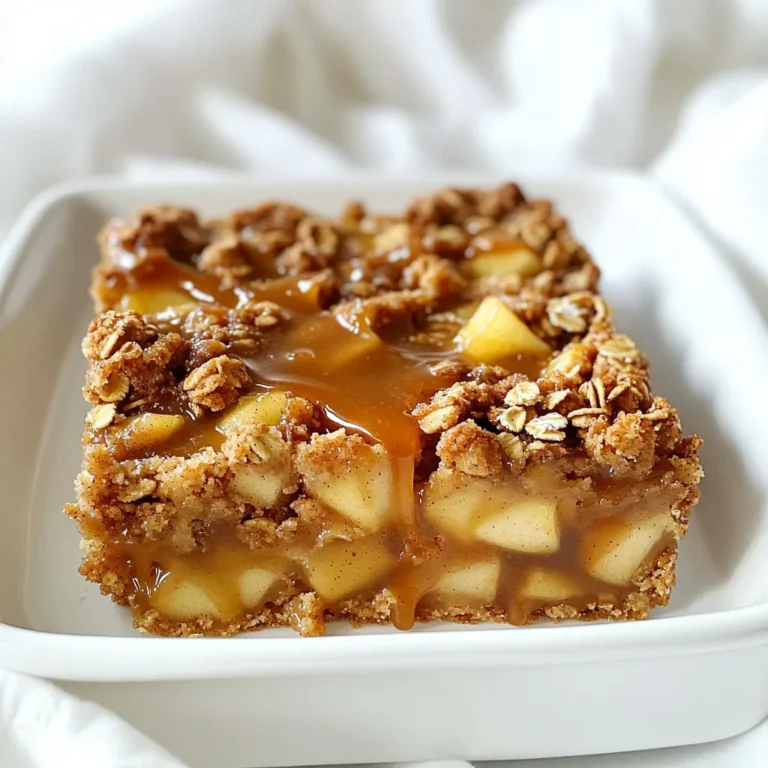 - Medium-sized apples: Use 3 medium apples. I recommend Granny Smith or Honeycrisp. They give great flavor. - Sugars: You need 1 cup of granulated sugar and 1/2 cup of packed brown sugar. This mix adds sweetness and depth. - Spices: Use 1 teaspoon of cinnamon and 1/4 teaspoon of nutmeg. These warm spices enhance the apple flavor. - Other essential ingredients: - 1 cup all-purpose flour - 1 cup old-fashioned rolled oats - 1/2 cup unsalted butter, melted - 1/2 teaspoon baking powder - 1/2 teaspoon salt - 3/4 cup caramel sauce (you can use store-bought or homemade) - 1/2 cup chopped nuts, like walnuts or pecans, for extra crunch Each ingredient plays a key role in making these caramel apple crisp bars delicious. The apples provide the main flavor, while the sugars balance the tartness. The spices add warmth, and the oats create a lovely crumble. First, preheat your oven to 350°F (175°C). While it warms up, grease a 9x9 inch baking dish with butter or oil. This step helps the bars come out easily after baking. Next, prepare the apples. Take 3 medium-sized apples, peel them, and dice them into small pieces. In a large bowl, mix the diced apples with 1 cup of granulated sugar, 1/2 cup of brown sugar, 1 teaspoon of cinnamon, and 1/4 teaspoon of nutmeg. Add 2 tablespoons of lemon juice to this mix. Toss the apples well to coat them evenly. Let the apples sit for about 15 minutes. This marinating step brings out their sweet and spicy flavors. While the apples marinate, it’s time to make the crust. In another bowl, combine 1 cup of all-purpose flour, 1 cup of old-fashioned rolled oats, 1/2 cup of melted unsalted butter, 1/2 teaspoon of baking powder, and 1/2 teaspoon of salt. Mix these dry ingredients until you have a crumbly texture. This will form a delicious base for your bars. Reserve 1 cup of this oat mixture for the topping. Next, press the remaining mixture firmly into the bottom of your greased baking dish. Make sure it’s even and compact. Now, let’s layer the bars. Spread the marinated apples evenly over the crust. Drizzle 3/4 cup of caramel sauce on top of the apples. Make sure most of the apples are covered with the sauce. Take the reserved oat mixture and sprinkle it over the caramel-covered apples. For extra crunch, you can add 1/2 cup of chopped nuts, like walnuts or pecans, on top of the oat layer. This adds a nice texture to your bars. Place the dish in your preheated oven. Bake for about 30-35 minutes. Keep an eye on the bars. You want the top to be golden brown and the apples to be bubbly. Once done, take them out and let them cool in the pan for at least 20 minutes. This cooling time helps them set before you cut them into bars. To ensure a perfectly golden crust, follow these steps: - Preheat your oven to 350°F (175°C) before starting. - Grease your baking dish well to prevent sticking. - Bake for 30-35 minutes. Check for a golden top and bubbly apples. If your oven runs hot or cool, adjust the time. Test the bars a few minutes early. Every oven is different, so keep an eye on them. For a lovely presentation, serve the bars on a decorative platter. Drizzle extra caramel sauce on top. Add a sprinkle of cinnamon for a warm touch. You can even garnish with thin apple slices. This makes the dish look festive and inviting. These caramel apple crisp bars taste great with several accompaniments: - A scoop of vanilla ice cream adds creaminess. - Whipped cream brings a light, fluffy texture. - A drizzle of extra caramel sauce enhances sweetness. Try these pairings to elevate your bars. They will bring joy to your dessert table! {{image_2}} You can switch out apples for other fruits. Pears or peaches work great. You can also try berries for a fresh twist. This will change the taste but keep it yummy. If you need a gluten-free option, use gluten-free flour. Many brands offer good choices. Just check the packaging to ensure it meets your needs. Adding spices can make your bars even better. Try ginger for warmth or allspice for depth. Vanilla extract adds nice sweetness, too. Just a little can go a long way. You can also mix in lemon zest for a bright flavor. It lifts the taste and adds a fun twist. To make these bars nut-free, just leave out the nuts. The oat crumble will still be crunchy and satisfying. You can add extra oats for texture. Another option is to use seeds, like sunflower seeds or pumpkin seeds. They add crunch without the nut allergy risk. To keep your caramel apple crisp bars fresh, start by letting them cool completely. Cut them into bars and place them in an airtight container. If you stack the bars, use parchment paper between layers to avoid sticking. Store the container in the fridge. These bars will stay fresh for up to a week. Want to save some for later? You can freeze these bars! Wrap each bar in plastic wrap or foil. Then, place them in a freezer-safe bag or container. They can freeze well for up to three months. When you're ready to enjoy, just take them out and let them thaw in the fridge overnight. To reheat the bars, you can use the oven or microwave. For the oven, preheat to 350°F (175°C). Place the bars on a baking sheet and warm them for about 10 minutes. This will make them warm and soft again. If you're in a hurry, use the microwave. Heat each bar for about 15-20 seconds. Enjoy them warm for the best taste! Yes, you can swap granulated sugar for coconut sugar or honey. Coconut sugar adds a rich flavor. Honey will make the bars sweeter, so adjust it carefully. To make these bars vegan, use plant-based butter and replace regular caramel with a vegan version. You can find many recipes for vegan caramel online. If your apples are juicy, add a tablespoon of cornstarch to the apple mix. This helps absorb excess moisture and keeps the bars from getting soggy. These bars stay fresh in the fridge for about 5 days. Store them in an airtight container to keep them tasty. Absolutely! Homemade caramel sauce works great. Just ensure it’s thick enough to drizzle over the apples. This will enhance the flavor and richness of the bars. This blog post provided a complete guide to baking delicious caramel apple crisp bars. We covered the needed ingredients, preparation steps, and baking instructions. We also shared tips for a perfect crust and serving suggestions. You learned about variations, storage tips, and frequently asked questions. Now you can confidently make these bars. Enjoy the sweet blend of apples, caramel, and oats. Happy baking!