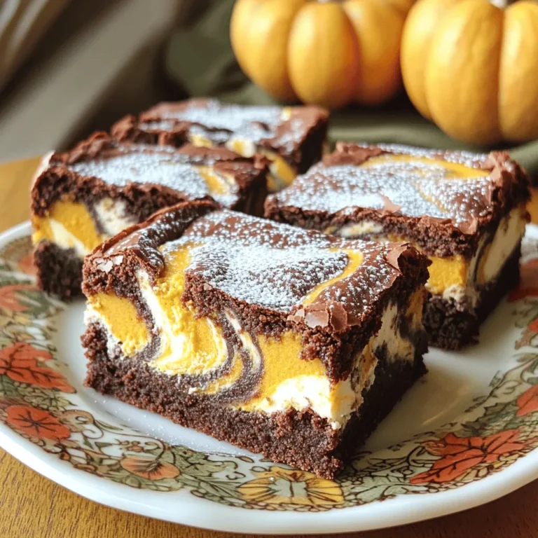 Creating Pumpkin Cream Cheese Swirl Brownies requires a mix of simple yet delightful ingredients. Here’s what you need: - 1 cup all-purpose flour - 1 cup granulated sugar - 1/3 cup unsweetened cocoa powder - 1/2 teaspoon baking powder - 1/4 teaspoon salt - 1/2 cup unsalted butter, melted - 2 large eggs - 1 teaspoon vanilla extract - 1/2 cup pumpkin puree - 1/2 teaspoon pumpkin spice (a mix of cinnamon, nutmeg, and ginger) - 4 oz cream cheese, softened - 1/4 cup powdered sugar - 1 egg yolk Each ingredient plays a vital role in the flavor and texture of the brownies. The all-purpose flour gives the brownies body. It helps them rise and hold their shape. Granulated sugar adds sweetness that balances the cocoa. Unsweetened cocoa powder brings rich chocolate flavor, making these brownies a treat. Baking powder helps the brownies puff up a bit. The salt enhances all the flavors. Unsalted butter provides moisture and richness, while the eggs give structure and help with binding. Vanilla extract adds a warm aroma and depth to the flavor. Now, let’s talk about the pumpkin. Pumpkin puree gives these brownies that seasonal charm and moistness. The pumpkin spice adds warmth with its comforting blend of spices. For the cream cheese swirl, you need cream cheese, which adds a creamy texture and tangy flavor. The powdered sugar sweetens this mixture, and the extra egg yolk helps it blend smoothly. Together, these ingredients create a lovely balance of flavors. Get ready to enjoy a sweet treat that captures the essence of fall! First, preheat your oven to 350°F (175°C). This step warms the oven for even baking. Next, grease your 8x8-inch baking pan with butter or cooking spray. Line the bottom with parchment paper. This makes it easy to lift out the brownies later. In a large bowl, whisk together these dry ingredients: - 1 cup all-purpose flour - 1 cup granulated sugar - 1/3 cup unsweetened cocoa powder - 1/2 teaspoon baking powder - 1/4 teaspoon salt Make sure they blend well. This mix gives your brownies structure and sweetness. In a different bowl, whisk together: - 1/2 cup unsalted butter, melted - 2 large eggs - 1 teaspoon vanilla extract Whisk until smooth. Then, add this wet mix to the dry ingredients. Stir gently until just combined. Do not overmix, or your brownies may become tough. In another bowl, mix together: - 1/2 cup pumpkin puree - 4 oz cream cheese, softened - 1/4 cup powdered sugar - 1 egg yolk - 1/2 teaspoon pumpkin spice Blend until creamy and smooth. This mix adds a rich, pumpkin flavor to your brownies. Pour half of the brownie batter into your prepared pan. Spread it evenly. Next, dollop the pumpkin cream cheese mixture on top in spoonfuls. Then, carefully spoon the remaining brownie batter over the pumpkin layer. Using a knife or toothpick, gently swirl the pumpkin mixture into the brownie batter. Aim for a marbled effect. Avoid overmixing; you want to see the distinct swirls of pumpkin. Place your pan in the oven and bake for 30-35 minutes. Check if the edges are set and use a toothpick to test the center. If it comes out clean, your brownies are done. Let them cool in the pan for at least 15 minutes. After that, lift them out using the parchment paper. Allow the brownies to cool completely on a wire rack before cutting. To get the best brownies, avoid common errors. First, don't overmix the batter. This makes brownies tough. Mix just until combined. Second, watch your baking time. An underbaked brownie is gooey, while an overbaked one is dry. Aim for a toothpick that comes out clean from the brownie part, not the pumpkin. Lastly, allow them to cool fully before cutting. This keeps the edges from crumbling. For a lovely presentation, dust your brownies with powdered sugar. Place them on a nice plate. A small dollop of whipped cream adds a nice touch. You can also sprinkle cinnamon for extra warmth. These brownies pair well with coffee or a warm cup of tea. The rich flavors balance perfectly with a hot drink. Want to take your brownies up a notch? Try adding chocolate chips or walnuts. The chocolate adds richness, while nuts give crunch. If you want to make them even more indulgent, consider adding a layer of caramel. The gooey sweetness pairs well with the pumpkin and cream cheese. {{image_2}} You can make these brownies gluten-free. Just swap the all-purpose flour for a gluten-free blend. Look for a mix that includes xanthan gum. It helps to bind the ingredients together. Use the same amount of the gluten-free flour as the recipe calls for. This way, you keep the taste and texture you love. Want to make these brownies vegan? It's easy! Replace the cream cheese with a vegan cream cheese. You can use cashew cream or tofu blended until smooth. For eggs, use flaxseed meal. Mix one tablespoon of flaxseed with three tablespoons of water. Let it sit for a few minutes until it thickens. This mix works great as an egg substitute. You can add even more flavor to your brownies. Try adding a pinch of nutmeg or a splash of almond extract. For a fun twist, mix in some chocolate chips or nuts. You can also use different spices like cardamom or allspice. Each option gives a unique taste that makes every batch special. To keep your brownies fresh, place them in an airtight container. This helps prevent them from drying out. You can also wrap each brownie in plastic wrap for extra protection. Store them at room temperature for up to three days. If you want to keep them longer, consider refrigerating them. To freeze brownies, let them cool completely first. Once cooled, cut them into squares. Wrap each square in plastic wrap, then place them in a freezer bag. This helps keep them fresh. They can stay frozen for up to three months. To reheat, simply thaw them in the fridge overnight, then warm them in the oven or microwave. At room temperature, these brownies last about three days. If you store them in the fridge, they can stay fresh for up to a week. Be sure to check for any signs of spoilage before enjoying them again. Proper storage helps maintain their rich flavor and soft texture. Yes, you can use fresh pumpkin. First, cook and puree the pumpkin. Make sure it is smooth and has the same water content as canned pumpkin. This helps keep your brownies moist. If you prefer fresh, it adds a great taste. The brownies are done when the edges look set. Insert a toothpick in the middle. If it comes out clean or with a few moist crumbs, they're ready. Don't overbake, or they can dry out. Yes, you can add nuts or chocolate chips. Mix in about half a cup. Walnuts or pecans add a nice crunch. Chocolate chips enhance the chocolate flavor. Just fold them in gently after mixing your batter. To reheat, place brownies in the microwave for about 10-15 seconds. This warms them up nicely. You can also use an oven. Bake at 350°F (175°C) for a few minutes. This keeps them soft and tasty. You can definitely double the recipe. Use a larger pan, like a 9x13-inch. Just remember to adjust the baking time. Check for doneness a bit earlier, as they may bake faster in a bigger pan. To store brownies, wrap them in plastic wrap or foil. Place them in an airtight container. They stay fresh for about four to five days at room temperature. For longer storage, freeze them for up to three months. This blog post covered how to make delicious pumpkin brownies. You learned about essential ingredients like flour, sugar, and pumpkin puree. We explored each step from mixing to baking. I shared tips to perfect your brownies and highlighted variations for gluten-free and vegan diets. You also got smart storage methods to keep your brownies fresh. In the end, these brownies are fun to make and enjoy. Try your hand at them, and wow your friends and family!