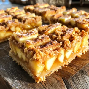 To make your Cinnamon Apple Crumble Bars, you will need the following ingredients: - 2 large apples, peeled, cored, and diced - 1 tablespoon lemon juice - 1 teaspoon ground cinnamon - ½ cup granulated sugar - 1 ½ cups all-purpose flour - ½ cup rolled oats - 1 teaspoon baking powder - ½ teaspoon salt - ½ cup unsalted butter, melted - 1 teaspoon vanilla extract - ½ cup packed brown sugar To choose the best apples, look for firm ones. Varieties like Granny Smith or Honeycrisp work well. They add a nice balance of sweet and tart. When picking apples, check for bright color and no bruises. Fresh apples give the best flavor in your crumble bars. First, let's prep the apples. You need two large apples. Peel, core, and dice them. This will make the bars sweet and tasty. Toss the diced apples in a bowl. Add one tablespoon of lemon juice and one teaspoon of ground cinnamon. Mix this well and set it aside. Let those flavors mix for a bit. Next, we’ll combine the dry ingredients. In another bowl, mix one and a half cups of all-purpose flour, half a cup of rolled oats, one teaspoon of baking powder, and half a teaspoon of salt. Stir until everything is well mixed. Then, add half a cup of melted unsalted butter and one teaspoon of vanilla extract to this mixture. Mix until it becomes crumbly. Reserve about one cup of this for the topping. Now, let's assemble the layers in the baking pan. Take your 8x8-inch pan and line it with parchment paper. Press the remaining mixture firmly into the bottom of the pan. This will be the base for our bars. Spread the apple mixture evenly over this layer. Make sure the apples are spread out well. Finally, crumble the reserved mixture on top of the apple layer. This will create a nice, thick topping. Now it's time to bake! Preheat your oven to 350°F (175°C). Once it's ready, place the pan in the oven. Bake for about 35 to 40 minutes. Keep an eye on it. The top should be golden brown, and the apples should be soft. When the bars are done, take them out and let them cool completely in the pan on a wire rack. Cooling is important. It helps the bars set up nicely. Once they are cool, lift the bars out of the pan by using the parchment paper edges. Cut them into squares for the best presentation. Enjoy your delicious Cinnamon Apple Crumble Bars! To get the best crumble, aim for a mix of crumbliness and moisture. It should hold together but still break apart easily. Start by mixing your dry ingredients well. When you add the melted butter, don’t overmix. This keeps some chunks, which is key. One common mistake is using too much butter. This can make your crust soggy, which we want to avoid. Also, don’t skip reserving some crumble for the top. This layer adds a nice crunch and helps keep the apples juicy without making the bottom too soft. To boost the taste, try adding a pinch of nutmeg or ginger. These spices pair well with cinnamon and add depth. Vanilla extract is also a great choice. It enhances the apple flavor, making each bite richer. When it comes to apples, you can mix types for a better taste. Try tart apples like Granny Smith for a nice balance. Sweet apples, like Fuji or Honeycrisp, add sweetness. Mixing them gives a great flavor and keeps the texture interesting. {{image_2}} You can easily change up your Cinnamon Apple Crumble Bars with fun flavors. Try adding nuts like walnuts or pecans for extra crunch. You can also mix in dried fruits like raisins or cranberries. They add a nice chewiness to the bars. For spices, consider using nutmeg or allspice. They bring a warm taste that pairs well with apples. You could also add a splash of maple syrup for a sweeter twist. Each option adds a new layer of flavor, making your treat unique. If you need gluten-free options, substitute all-purpose flour with gluten-free flour. Many brands work well in this recipe. Just make sure to check the label. For a vegan version, replace the butter with coconut oil or vegan butter. You can also use flaxseed meal mixed with water as an egg replacement if a binding agent is needed. These adjustments keep the bars delicious while meeting dietary needs. Enjoy exploring these variations to suit your taste! To keep your leftover bars fresh, first let them cool. Once cooled, cut the bars into squares. Place them in an airtight container. This helps keep the bars moist. Store them at room temperature for up to three days. If you want to keep them longer, the fridge is a good option. Just make sure to seal them well. To freeze your bars, start by letting them cool completely. Cut them into squares as before. Then, wrap each square in plastic wrap. After that, place the wrapped squares in a freezer-safe bag. This way, they stay fresh for up to three months. When you're ready to enjoy a bar, take it out of the freezer. Let it sit at room temperature for about an hour. For a warm treat, you can also microwave it for 15-20 seconds. This will make the flavors pop again! You can store your Cinnamon Apple Crumble Bars for up to five days. Keep them in an airtight container at room temperature. If you want to keep them longer, refrigerate them for up to a week. The flavors will stay fresh and delicious. Yes, you can make these bars without oats. Just replace the oats with extra flour. Use ½ cup of all-purpose flour instead. This will keep the texture similar while still being tasty. To reheat leftover bars, preheat your oven to 350°F (175°C). Place the bars in an oven-safe dish. Cover them with aluminum foil to keep them moist. Heat for about 10-15 minutes or until warm. You can also use a microwave for quick heating. Just heat for about 20-30 seconds. - Can I add nuts to the recipe? Absolutely! Chopped walnuts or pecans can add nice crunch. Just mix them in with the apples or sprinkle on top. - What type of apples work best? I recommend using firm apples like Granny Smith or Honeycrisp. They hold their shape well and add a nice tartness. - Can I make these bars ahead of time? Yes! You can prepare them a day before serving. Just store them in an airtight container until ready to enjoy. In this blog post, we covered how to make delicious Cinnamon Apple Crumble Bars. We discussed key ingredients, tips for prep, and step-by-step baking instructions. You learned how to perfect the crumble texture and explore fun flavor variations. I also shared storage tips to keep your bars yummy. Remember, small details make a big difference in your baking. Enjoy creating these tasty treats and share them with others! Happy baking!