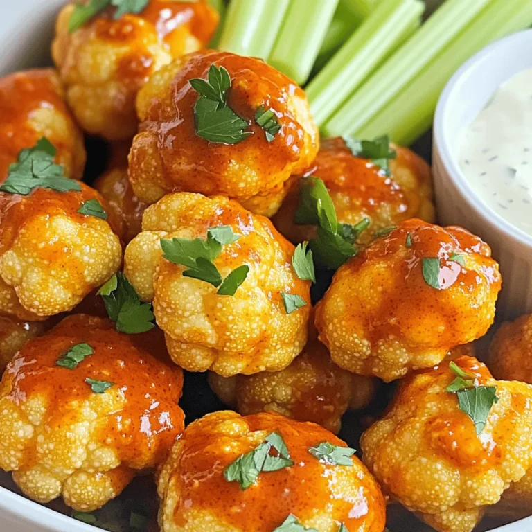 - 1 medium head of cauliflower, cut into bite-sized florets - 1 cup all-purpose flour (or gluten-free flour for a gluten-free option) - 1 teaspoon garlic powder - 1 teaspoon onion powder - 1 teaspoon smoked paprika - 1/2 teaspoon salt - 1/4 teaspoon black pepper - 1 cup buttermilk (or plant-based milk for a vegan option) - 1 cup buffalo sauce (store-bought or homemade) - 2 tablespoons olive oil - Chopped fresh parsley for garnish - Optional: celery sticks and ranch dressing for serving If you need alternatives, here are some ideas: - Use chickpea flour instead of all-purpose flour for a protein boost. - Swap buttermilk for almond milk or oat milk in vegan diets. - You can use sriracha instead of buffalo sauce for a different kick. - Fresh herbs like cilantro can replace parsley for garnish. To make this snack, gather the following: - Air fryer - Large mixing bowl - Whisk - Paper towels - Measuring cups and spoons - Tongs or a slotted spoon for tossing - Serving platter or bowl for serving Start by washing the medium head of cauliflower. Cut it into small, bite-sized florets. Pat them dry with a paper towel. This step helps the batter stick better. In a large bowl, mix one cup of all-purpose flour with one teaspoon of garlic powder, one teaspoon of onion powder, one teaspoon of smoked paprika, a half teaspoon of salt, and a quarter teaspoon of black pepper. Gradually add one cup of buttermilk, stirring until it becomes smooth. This batter should be thick enough to coat the florets well. Set your air fryer to 400°F (200°C). Preheat it for about five minutes. This ensures even cooking and crispiness. Lightly spray the air fryer basket with olive oil. Place the battered cauliflower in a single layer. Do not overcrowd the basket; cook in batches if needed. Air fry for 12 to 15 minutes. Shake the basket halfway through to make sure they cook evenly. Once they are golden brown and crispy, transfer the cauliflower to a large bowl. Pour in one cup of buffalo sauce and drizzle with two tablespoons of olive oil. Toss gently to coat all the florets. For extra crispiness, return the coated cauliflower to the air fryer. Cook for an additional 3 to 5 minutes. This step gives them a nice finish. To make your buffalo cauliflower extra crispy, follow these tips. First, dry the cauliflower well after washing. Moisture makes it hard to get crispy bites. Second, use a light coat of batter. If the batter is too thick, it will not crisp up. Third, shake the basket during cooking. This helps to circulate the hot air and cook all sides evenly. Lastly, add a final air fry after tossing in buffalo sauce. This step gives it that perfect crunchy finish. Avoid these common mistakes for the best results. First, don't overcrowd the air fryer basket. Leave space for air to flow around each piece. Second, skip the buttermilk if you can. It adds a nice flavor and helps the batter stick. Third, don't skip the preheating step. An air fryer needs to be hot for the best crispiness. Lastly, watch closely near the end of cooking. Cauliflower can go from golden to burnt quickly. Serve your buffalo cauliflower with cool celery sticks. They balance the heat nicely. You can also add ranch dressing for dipping. It adds creaminess that many enjoy. For a fun twist, try drizzling extra buffalo sauce on top. This makes each bite even more flavorful. For a party, these bites are great as finger food. Set them out with toothpicks for easy eating. {{image_2}} To make this snack vegan, swap buttermilk for plant-based milk. Almond or soy milk works great. Use a gluten-free flour blend if needed. These simple changes keep the dish tasty without dairy. You can still enjoy that spicy buffalo flavor! If you need a gluten-free option, replace regular flour with gluten-free flour. Look for blends that mimic all-purpose flour. The taste and texture will remain delicious, and everyone can enjoy it. Make sure to check labels to avoid hidden gluten. Adjust the spice level to fit your taste. For a mild kick, use less buffalo sauce. If you love heat, add cayenne pepper or extra hot sauce to the batter. You can also mix in different spices like cumin or chili powder for a unique twist. Get creative and find your favorite flavor! After enjoying your Air Fryer Buffalo Cauliflower, let leftovers cool first. Place the cooled florets in an airtight container. This keeps them fresh and tasty. Store them in the fridge for up to three days. If you want to keep them longer, freezing is a good choice. To reheat, I recommend using the air fryer for best results. Preheat your air fryer to 350°F (175°C). Place the cauliflower in the basket and heat for 5-7 minutes. This method brings back their crispiness. You can also use the oven. Set it to 350°F (175°C) and bake for about 10 minutes. If you want to freeze your buffalo cauliflower, first, let it cool completely. Then, spread the florets on a baking sheet in a single layer. Freeze for about an hour. This prevents them from sticking together. After that, place them in a freezer-safe bag or container. They will last up to three months in the freezer. When you're ready to eat, just reheat as mentioned above. The best cauliflower for this recipe is fresh, medium-sized heads. Look for florets that are tight and firm. Avoid any that are brown or soft. Fresh cauliflower gives the best taste and texture. Yes, you can. If you don’t have an air fryer, bake the cauliflower. Preheat your oven to 450°F (232°C). Place the battered cauliflower on a baking sheet lined with parchment paper. Bake for 20-25 minutes, flipping halfway. This method will still give you crispy bites. To adjust spiciness, use mild or medium buffalo sauce. You can also mix in honey or butter for less heat. If you like it spicy, add cayenne pepper or use a hotter sauce. Taste as you go to find your perfect level. This post covered everything you need for crispy air-fried cauliflower. We discussed the key ingredients, with some fun alternatives. You learned how to prepare, batter, and air fry the cauliflower for the perfect crunch. I shared tips to avoid mistakes and help you serve it right. You also found variations for different diets and flavors. Finally, I included storage and reheating tips to keep your leftovers tasty. Enjoy making this dish and impressing your taste buds!