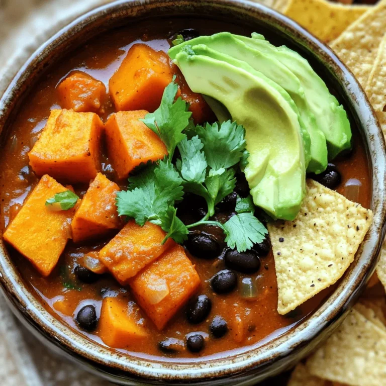 - 2 medium sweet potatoes, peeled and diced - 1 onion, chopped - 3 cloves garlic, minced - 1 bell pepper, diced (red or green) - Fresh cilantro, for garnish - Avocado slices, for topping - 1 can (15 oz) black beans, drained and rinsed - 1 can (14.5 oz) diced tomatoes with green chilies - 2 cups vegetable broth - 2 tablespoons chili powder - 1 teaspoon cumin - 1 teaspoon smoked paprika - 1 teaspoon oregano - Salt and pepper to taste Sweet potatoes are the star of this dish. They add a nice sweetness and texture. The onion and garlic bring out great flavors when you sauté them. Bell peppers add crunch and color. Cilantro gives a fresh touch, while avocado adds creaminess on top. For canned goods, black beans are a great source of protein. The diced tomatoes with green chilies add spice and texture. Vegetable broth makes the chili rich and hearty. The spices are key to the flavor. Chili powder gives heat, while cumin adds warmth. Smoked paprika gives a smoky flavor. Oregano adds aromatic notes. Salt and pepper round out the taste. Gather all these ingredients for a delicious and healthy sweet potato black bean chili! - Sautéing the Onion and Bell Pepper Start by heating the olive oil in a large pot over medium heat. Add the chopped onion and sauté it for about 5 minutes. You want it to become soft and see-through. Then, add the diced bell pepper. Cook for another 2-3 minutes. The pepper should be tender at this point. - Adding Garlic to the Mixture Next, stir in the minced garlic. Cook for just 1-2 minutes until it smells great. Don't let it burn; burnt garlic can taste bitter. - Combining with Spices Add the diced sweet potatoes to your pot. Mix them well with the onion and bell pepper. Then, sprinkle in the chili powder, cumin, smoked paprika, oregano, salt, and pepper. Stir everything so the sweet potatoes are coated with the spices. - Adding Diced Tomatoes and Broth Now, pour in the can of diced tomatoes with green chilies and the vegetable broth. Bring this mix to a boil. Once it bubbles, turn the heat down low. Cover your pot and let it simmer. This will take about 20-25 minutes. The sweet potatoes should become soft during this time. - Simmering the Chili After the sweet potatoes are tender, it’s time to add the black beans. Stir them in gently and let everything simmer for an extra 5 minutes. This warms up the beans and blends the flavors. - Adding Black Beans and Final Seasoning Taste your chili and adjust the seasoning if needed. You can add more salt or spices to suit your taste. Serve your chili hot, topped with fresh cilantro and slices of avocado for extra creaminess. Enjoy! - Optimal Heat Settings: Start by heating olive oil over medium heat. This helps the onion cook well. Stir occasionally to keep it from burning. Once the onion is soft, add garlic and bell pepper. Cook these for a few minutes. This builds a tasty base. - Timing for Ingredients: Add sweet potatoes next. They take longer to cook. Stir the spices in right after. This helps release their flavor. Pour in the tomatoes and broth after. Let it simmer gently. Check for doneness after 20 minutes. Sweet potatoes should be soft but not mushy. - Adjusting Spice Levels: Want more heat? Add extra chili powder or diced jalapeños. For less heat, use mild chili powder. You can also leave out the diced tomatoes with green chilies. This will keep it milder. - Adding Extra Ingredients: Mix in corn or zucchini for added texture. You can also use lime juice for a fresh twist. If you like, toss in some cooked quinoa for extra protein. - Serving Style: Serve your chili in deep bowls. This lets the colors shine through. You can layer ingredients for a fun look. Add beans on top for extra appeal. - Garnishing Options: Fresh cilantro adds a nice touch. Slices of avocado make it creamy. For a crunchy finish, include tortilla chips. Arrange them around the bowl for a nice touch. {{image_2}} You can add more protein to your Sweet Potato Black Bean Chili in simple ways. - Adding Tofu: Tofu is a great choice. It absorbs flavors well. Use firm tofu for the best texture. Cut it into cubes and sauté it with the onion and bell pepper. This adds a nice chewy bite to your chili. - Incorporating Lentils: Lentils are another excellent protein option. They cook quickly and thicken the chili nicely. Add a cup of cooked lentils when you mix in the black beans. This will boost the protein and fiber in your dish. Adjusting the spice level can make your chili perfect for your taste. - Making it Mild: If you want a milder chili, cut back on the chili powder. Start with just one tablespoon. You can also add a little sugar to balance the flavors. This helps if you have kids or prefer less heat. - Increasing Heat Levels: For those who love spice, add more heat with jalapeños or cayenne pepper. Start with one diced jalapeño when you sauté the onions. You can also sprinkle in cayenne to taste. Just remember to taste as you go! Making this chili fit different diets is easy and fun. - Vegan Cheese or Sour Cream: If you want a creamy topping, use vegan cheese or sour cream. They add a nice touch without dairy. Sprinkle some on top before serving for extra flavor. - Gluten-Free Options: This recipe is naturally gluten-free, but always check labels on canned goods. Ensure your vegetable broth and any toppings are gluten-free. This way, everyone can enjoy this hearty dish! You can keep your sweet potato black bean chili in the fridge for about four days. Store it in an airtight container. This way, it stays fresh and tasty. Let the chili cool down to room temperature before sealing it up. I always label the container with the date, so I know when I made it. To freeze chili, first, let it cool completely. Use freezer-safe containers or bags for storage. Leave some space at the top of the container, as the chili may expand when frozen. It can last up to three months in the freezer. When you're ready to eat, just thaw it overnight in the fridge. For reheating, the stovetop is best for keeping flavor. Pour the chili into a pot and heat it over medium heat. Stir it often to avoid sticking. You can also use the microwave. Place it in a microwave-safe bowl and cover it loosely. Heat it in short bursts, stirring in between. This way, your chili stays warm and delicious! Yes, you can make this chili in advance. It tastes even better the next day. Just let it cool, then store it in an airtight container. You can keep it in the fridge for up to three days. This makes it a great meal prep option for a busy week. Leftovers of this chili will last about three to four days in the refrigerator. Make sure to store it in a sealed container. If you want to keep it longer, consider freezing it. You can freeze chili for up to three months. Just thaw it overnight before reheating. Yes, you can substitute many ingredients in this chili. If you don't have sweet potatoes, try regular potatoes or butternut squash. You can use any type of beans too, like kidney beans or pinto beans. For a spicier kick, add jalapeños or cayenne pepper. Be creative and make this recipe your own! This article covered key ingredients and steps to make delicious chili. We explored fresh produce, canned goods, spices, and seasonings. I shared tips to enhance flavors and suggestions for various dietary needs. You learned about proper storage and reheating methods for the best taste. Chili is versatile and adaptable, making it a great meal option. Enjoy experimenting with flavors and ingredients. Your next pot of chili could become a new favorite.