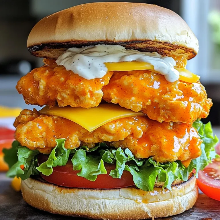 - 2 large chicken breasts, sliced in half horizontally - 1 cup buttermilk - 1 cup all-purpose flour - 1 teaspoon garlic powder - 1 teaspoon onion powder - 1 teaspoon paprika - 1/2 teaspoon cayenne pepper (adjust for spice level) - 1/2 teaspoon salt - 1/4 teaspoon black pepper - 1/2 cup buffalo sauce - 4 burger buns - 4 slices of pepper jack cheese (optional) - Lettuce, tomato, and ranch dressing for serving You can switch things up with your toppings. Try adding avocado or jalapeños for extra flavor. If you want a milder sandwich, use mozzarella cheese instead of pepper jack. You can also make it healthier by using whole wheat buns or adding more veggies. Always choose fresh chicken breasts. Look for ones that are pink and firm. For buttermilk, check the date on the container. Using fresh spices will make a big difference in flavor. Buy them whole if possible and grind them at home for the best taste. Lastly, pick a buffalo sauce you love! Different brands have different heat levels and flavors. Start by slicing the chicken breasts in half. This helps them cook faster. Place the chicken in a bowl and pour in the buttermilk. Make sure the chicken is fully covered. Cover the bowl and chill it in the fridge for about 30 minutes. For more flavor, you can let it marinate for up to 2 hours. In a separate bowl, mix your dry ingredients. Combine the flour, garlic powder, onion powder, paprika, cayenne pepper, salt, and black pepper. Stir these ingredients well. This mix gives the chicken a nice flavor and crunch. Preheat your air fryer to 400°F (200°C) for about 5 minutes. Take the marinated chicken out of the fridge. Let excess buttermilk drip off. Dredge each piece in the flour mix. Make sure each piece is well coated, then shake off any extra flour. Place the chicken in the air fryer basket in a single layer. Cook for 10-12 minutes. Flip the chicken halfway through cooking. The chicken should be crispy and fully cooked. Once the chicken is done, toss it in a bowl with buffalo sauce. Coat each piece well. Toast the burger buns in the air fryer for a few minutes if you like them warm. On the bottom half of the bun, place a piece of buffalo chicken. If you want, add a slice of pepper jack cheese. Top with lettuce, a slice of tomato, and a drizzle of ranch dressing. Finally, cap it with the top half of the bun. Enjoy your tasty creation! To get crispy chicken, start with good buttermilk. The buttermilk helps tenderize the chicken. Marinate it for at least 30 minutes. For even better flavor, marinate for up to 2 hours. When you coat the chicken, shake off excess buttermilk. Then dredge it in the flour mix. Make sure to coat every piece evenly. The spices in the flour add great taste. In the air fryer, cook at 400°F (200°C). Flip the chicken halfway for even cooking. This gives you a crispy outside and juicy inside. Always preheat your air fryer before cooking. This helps the chicken cook evenly. Place chicken in a single layer. Don’t overcrowd the basket. Cook in batches if needed. Check the chicken's internal temperature. It should reach 165°F (74°C) for safety. Use a meat thermometer for accuracy. After cooking, toss the chicken in buffalo sauce while it's hot. This helps the sauce stick better. One common mistake is not marinating long enough. Short marination can lead to dry chicken. Another mistake is using too much flour. Too much flour can make the coating too thick. Avoid cooking at too low a temperature. This can result in soggy chicken. Lastly, don’t skip shaking off excess flour. This ensures the chicken gets crispy. Following these tips will help you make the best buffalo chicken sandwiches! {{image_2}} You can switch up the sauce for a new taste. Try ranch or blue cheese dressing for a creamy touch. A sweet chili sauce gives a nice twist if you want something different. For those who love heat, a spicy sriracha or chipotle sauce can work wonders. Just remember, the sauce can change the whole vibe of your sandwich. Feel free to get creative with your toppings. Swap lettuce for spinach or arugula for a fresh crunch. Add sliced avocado for creaminess or pickles for a tangy bite. You can even include sliced jalapeños if you like extra heat. If you're not a fan of tomatoes, try roasted red peppers or sautéed onions for added flavor. To make this sandwich gluten-free, use gluten-free flour and buns. Check the labels to ensure they are safe. For a lighter option, consider using grilled chicken instead of fried. You can also skip the cheese for fewer calories and less fat. Serve it on a lettuce wrap instead of a bun for a fresh, low-carb alternative. Enjoying this dish can be both tasty and healthy! To store leftover sandwiches, start by separating the components. Place the chicken in an airtight container. Wrap the buns in foil or plastic wrap to keep them fresh. Store the lettuce, tomato, and dressing separately in small containers. This helps keep everything fresh and tasty. You can store the chicken and buns in the fridge for up to three days. To reheat your buffalo chicken sandwiches and keep them crispy, use the air fryer. Preheat your air fryer to 350°F (175°C). Place the chicken in the basket and heat for about 5-7 minutes. This will help restore the crunch. If you want to warm the buns, add them for the last 2 minutes. Avoid the microwave. It makes the chicken soggy. You can freeze the chicken for meal prep. First, cool the cooked chicken completely. Wrap each piece tightly in plastic wrap. Then place them in a freezer bag or container. You can freeze the chicken for up to three months. When ready to eat, thaw them in the fridge overnight. Reheat in the air fryer for a quick meal. Yes, you can use frozen chicken breasts. However, you should thaw them first. Thawing helps the chicken cook evenly. To thaw, place the chicken in the fridge overnight or use the defrost setting on your microwave. After thawing, follow the recipe as usual. This ensures that the chicken absorbs the buttermilk well. Buffalo chicken sandwiches pair well with many sides. Here are some great ideas: - French fries - Sweet potato fries - Coleslaw - Potato chips - Pickles These sides add crunch and flavor to your meal. You can also serve them with extra ranch dressing or buffalo sauce for dipping. The spice level of buffalo chicken sandwiches can vary. It largely depends on the buffalo sauce you use. Most sauces have a good kick but are not overly spicy. You can adjust the heat by changing the amount of cayenne pepper in the chicken coating. For a milder flavor, use less cayenne or select a mild buffalo sauce. Enjoy the spice that fits your taste! We covered the key ingredients for a great buffalo chicken sandwich, from chicken to optional toppings. I shared step-by-step instructions to marinate, coat, and cook your chicken in an air fryer. I offered useful tips to ensure your chicken turns out crispy every time. Consider variations for sauces and veggie options to change up your meal. Finally, I provided storage tips for leftovers and reheating. Enjoy making this fun and tasty sandwich your way!