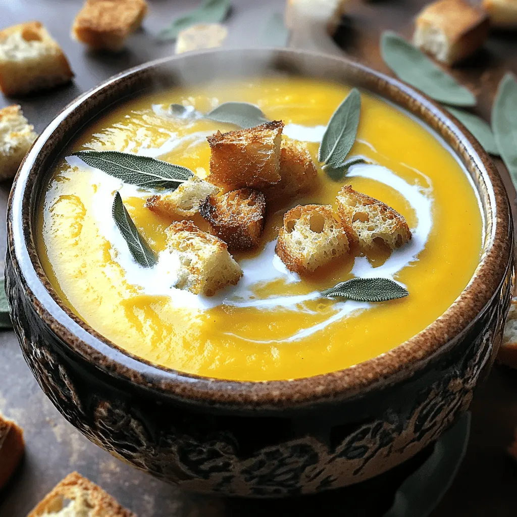 - Butternut squash - Onion - Garlic - Vegetable broth - Coconut milk For my butternut squash soup, I start with one medium butternut squash. I peel and cube it into small pieces. This helps it cook evenly and blend well. Next, I chop one medium onion. The onion adds sweetness and depth to the soup. Two cloves of minced garlic bring a lovely aroma and flavor. I use four cups of vegetable broth as the soup base. This broth gives the soup its rich flavor. Finally, I add half a cup of coconut milk. The coconut milk makes the soup creamy and adds a hint of sweetness. - Ground cumin - Ground nutmeg - Salt and pepper For spices, I use one teaspoon of ground cumin. Cumin adds warmth to the soup. I also use half a teaspoon of ground nutmeg for a subtle nutty flavor. To finish, I season with salt and pepper to taste. Adjusting the seasoning is key to a well-balanced soup. - Olive oil - Crusty bread - Fresh sage leaves For my crispy sage croutons, I need two tablespoons of olive oil. Olive oil helps the bread crisp up nicely. I use one cup of crusty bread, cut into small cubes. The bread adds a nice crunch. I also use ten fresh sage leaves, finely chopped. Sage gives the croutons a fragrant, earthy taste that pairs perfectly with the soup. To start, heat 1 tablespoon of olive oil in a large pot over medium heat. Add your cubed butternut squash, chopped onion, and minced garlic. Sauté these veggies for about 5 to 7 minutes. You want the onion to turn translucent and soft. This step builds a great base of flavor for your soup. Next, stir in the ground cumin and nutmeg. Cook this mix for another minute. This blooms the spices and adds depth. The aroma will be inviting! Now, it’s time to add the vegetable broth. Pour it in and bring it to a boil. Once boiling, reduce the heat to low. Cover the pot and let it simmer for 20 to 25 minutes. This helps the squash become tender. After simmering, use an immersion blender to puree the soup until it’s smooth. If you don’t have one, you can transfer the soup to a regular blender in batches. Stir in the coconut milk and heat it through. Season with salt and pepper to your liking for that perfect taste. For the croutons, heat the remaining tablespoon of olive oil in a separate pan over medium heat. Add your cubed bread and sauté it until golden brown and crispy. This should take just a few minutes. Now, mix in the finely chopped sage leaves. Cook for 1 to 2 more minutes until the sage becomes fragrant. These crispy sage croutons will add a lovely crunch to your soup! You can add different milk for creaminess. Try almond or oat milk. They work well. If you want a richer taste, use more coconut milk. Always taste your soup. You may need more salt or pepper. Adjust the flavor to your liking. Change the herbs for a new flavor. Thyme or rosemary can be good choices. You can also use garlic bread for croutons. It adds a nice twist. Just cut it into cubes and toast until crisp. Serve the soup in deep bowls for warmth. Drizzle some coconut milk on top for a swirl. Add a sprinkle of crispy sage for crunch. You can also use a few whole sage leaves as a garnish. This makes your dish look fancy. {{image_2}} If you want to make this soup dairy-free, use almond milk or oat milk instead of coconut milk. These options add creaminess without the dairy. Almond milk has a light, nutty flavor. Oat milk offers a smooth texture that blends well. Both work great in this recipe. To boost the protein in your soup, try adding cooked lentils or chickpeas. They blend well and add texture. You can also stir in shredded rotisserie chicken for a hearty meal. Tofu is another great choice; it soaks up the flavors nicely. You can mix in seasonal veggies to enhance the soup. Carrots add sweetness and color. Sweet potatoes offer a nice creaminess. Kale or spinach can add greens and nutrients. Each vegetable brings its own flavor and makes the soup more vibrant. To keep your butternut squash soup fresh, use airtight containers. Glass or plastic containers work well. Make sure to cool the soup first. This way, it stays tasty and safe. Label the containers with the date. Your soup will last about three to five days in the fridge. When reheating, the stove is best. Pour the soup into a pot and warm it over low heat. Stir often to avoid burning. You can also use the microwave. Heat in short bursts, stirring in between. This keeps the soup smooth and hot. To freeze the soup, let it cool completely. Then, pour it into freezer-safe bags or containers. Leave some space at the top for expansion. It can stay good for up to three months. When ready to eat, transfer it to the fridge overnight. Then, reheat it on the stove or microwave. Enjoy your cozy meal! Butternut squash soup can last about 4 to 5 days in the fridge. Make sure to store it in an airtight container. This keeps it fresh and safe to eat. Yes, you can make this soup ahead of time. It tastes even better the next day as the flavors meld. Just reheat it on the stove when you are ready to serve. You can use almond milk or oat milk if you want a nutty flavor. For a creamier texture, try using heavy cream or half-and-half. Each option gives a unique twist to the soup. Yes, butternut squash soup is healthy. It is low in calories and high in vitamins. This soup has fiber and antioxidants, making it a nutritious choice. You can prepare the croutons ahead of time. Just store them in an airtight container after they cool. They should stay crispy for about 2 days. This blog post covers how to make a delicious butternut squash soup. It details the main ingredients, spices, and croutons, providing step-by-step instructions. You can customize the soup with tips on creaminess, crouton variations, and presentation ideas. For added convenience, it shares storage info and answers common questions. Enjoy creating your soup masterpiece! Feel free to experiment with flavors and share your results. Your kitchen journey awaits!