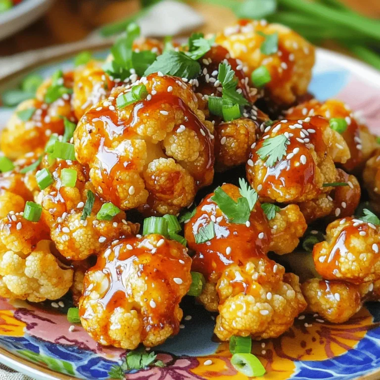 - 1 medium head of cauliflower, cut into florets - 3 tablespoons honey - 2 tablespoons sriracha sauce - 2 tablespoons olive oil - 1 teaspoon garlic powder - 1 teaspoon onion powder - 1/2 teaspoon smoked paprika - Salt and pepper to taste - Chopped green onions - Sesame seeds To make Air Fryer Honey Sriracha Cauliflower, you need fresh and tasty ingredients. Start with a medium head of cauliflower, cut into bite-sized florets. This vegetable holds the marinade well. Next, grab honey, about three tablespoons. It adds sweetness and helps balance the heat. You also need sriracha sauce. Two tablespoons give a spicy kick. Olive oil, two tablespoons, keeps the florets moist during cooking. Next, gather your spices. You will need garlic powder and onion powder, both one teaspoon. These spices add depth. Smoked paprika, half a teaspoon, brings a nice smoky flavor. Don't forget salt and pepper to taste; they enhance all the flavors. For garnishments, chop some green onions and set aside sesame seeds. These add a lovely finish to the dish. Each ingredient plays a role in creating a delicious flavor profile. Now you are ready to combine them for a tasty dish! To make the marinade, grab a large bowl. Add the honey, sriracha sauce, olive oil, garlic powder, onion powder, smoked paprika, salt, and pepper. Use a whisk to mix until all ingredients blend well. Aim for a smooth and sticky paste. If it seems too thick, add a bit more olive oil. This will help the marinade coat the cauliflower better. Next, take your cauliflower florets and place them in the bowl. Toss the florets in the marinade until each piece is well-coated. This step is key for great flavor. Make sure every floret gets some marinade. Allow the cauliflower to sit for at least 15 minutes. This time lets the flavors soak in for a delicious result. Before cooking, preheat your air fryer to 400°F (200°C) for about five minutes. This helps the cauliflower cook evenly. When ready, arrange the marinated florets in a single layer in the air fryer basket. Avoid overcrowding. If needed, cook in batches. Air fry the cauliflower for 15 to 18 minutes. Shake the basket halfway through. This ensures the cauliflower gets crispy and golden brown. Enjoy the tasty aroma while it cooks! To achieve crispy cauliflower, start by cutting the florets into even sizes. Smaller pieces cook faster and get crispier. After marinating, ensure you shake off excess liquid. This keeps the cauliflower dry, allowing it to crisp up well in the air fryer. The ideal cooking temperature is 400°F (200°C). This high heat helps create a golden, crunchy exterior while keeping the inside tender. To make your dish even tastier, consider adding spices like cumin or chili powder. These spices give an extra layer of flavor. You can also try adding a splash of lime juice for brightness. Balancing sweetness and heat is key. Adjust the honey and sriracha to your taste. If you prefer less heat, add more honey. For extra spice, increase the sriracha. Serve the honey sriracha cauliflower on a vibrant plate. Drizzle some extra sriracha on top for a fun look. You can also sprinkle fresh herbs around for color and flavor. Pair the dish with rice or quinoa for a complete meal. It also goes well with grilled chicken or fish. This way, you create a balanced and delicious dinner everyone will enjoy. {{image_2}} You can switch honey with maple syrup or agave nectar. Both options add sweetness. If you want a low-calorie choice, try stevia. It gives a nice flavor without the extra sugar. For hot sauces, feel free to experiment. Use jalapeño sauce for a fresher taste. Try chipotle sauce for a smoky flavor. These swaps can change the dish's profile. Cooking in an oven is simple. Preheat your oven to 425°F (220°C). Spread the marinated cauliflower on a baking sheet. Bake for 20-25 minutes until crispy. Shake the pan halfway through for even cooking. Keep an eye on the color; you want a golden brown finish. Adjust cooking times based on your oven’s efficiency. Many veggies work well with this marinade. Try broccoli for a similar crunch. Brussels sprouts also soak up the flavors nicely. For a unique twist, use carrots or sweet potatoes. Cooking times will vary. Broccoli takes about 12-15 minutes. Brussels sprouts may need 18-20 minutes. Always check for tenderness and browning. To keep your Air Fryer Honey Sriracha Cauliflower fresh, store it in an airtight container. Place it in the fridge right after it cools down. This dish stays fresh for about 3 to 4 days. After that, the texture and flavor may change. The best way to reheat this dish is in the air fryer. Set it to 350°F (175°C) and heat for about 5 to 7 minutes. This method helps keep the cauliflower crispy. To avoid sogginess, do not cover the cauliflower while reheating. You can make this dish ahead of time for meal prep. Just marinate the cauliflower and store it in the fridge for up to 24 hours. This allows the flavors to soak in. You can also add it to grain bowls or salads during your meal prep routine for a tasty boost. Yes, you can use frozen cauliflower. Just be aware that it may need more time to cook. Before cooking, thaw the florets and pat them dry. This helps them get crispy. I recommend cooking them for about 20-25 minutes in the air fryer. Shake the basket halfway through for even cooking. To spice up the dish, add more sriracha sauce. You can also mix in some red pepper flakes for extra heat. If you want to cool it down, reduce the sriracha. Try adding more honey to balance the heat. Mixing in yogurt as a dip can also help tone down the spice. Cleaning your air fryer is simple. First, unplug it and let it cool. Remove the basket and pan. Wash them in warm, soapy water. Use a soft sponge to avoid scratches. For the exterior, wipe it with a damp cloth. Make sure everything is dry before putting it back together. This blog post guides you through making delicious air-fried cauliflower. We covered the main ingredients like cauliflower florets, honey, and sriracha sauce. You learned how to prepare a tasty marinade, marinate the cauliflower, and cook it for perfect crispiness. We also shared tips for texture, flavor enhancements, and serving ideas. Lastly, you can make variations and store any leftovers properly. Remember, meal prep can make cooking easier. Enjoy this tasty dish, and feel free to experiment with your favorite ingredients!