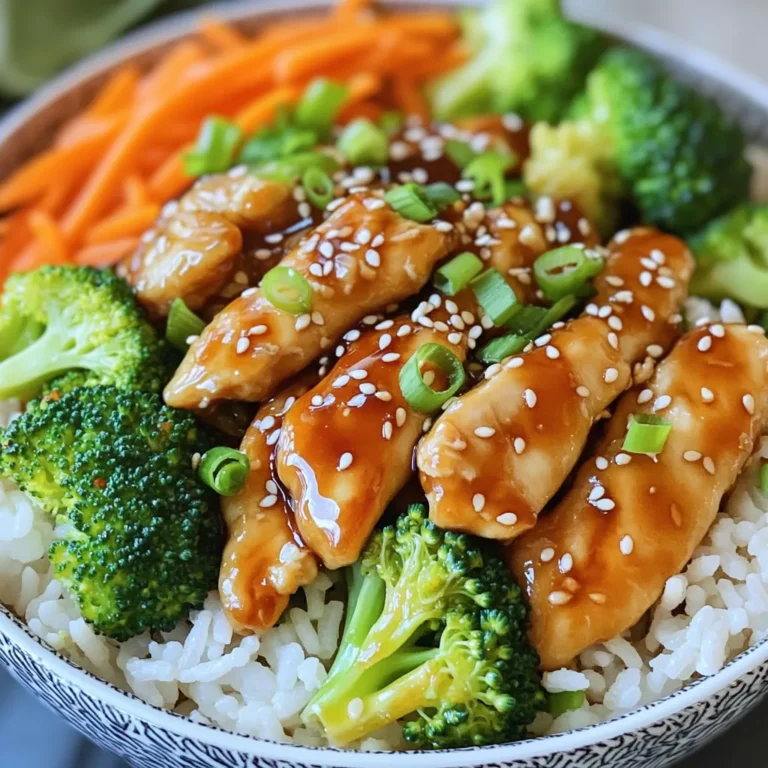 - 2 boneless, skinless chicken breasts - 1 cup jasmine rice - 1 tablespoon sesame oil - 1 tablespoon vegetable oil - ½ cup soy sauce - 2 tablespoons honey or maple syrup - 1 tablespoon rice vinegar - 1 tablespoon grated ginger - 2 cloves garlic, minced - 1 cup broccoli florets - ½ cup carrots, julienned - 2 green onions, chopped - Sesame seeds Gathering the right ingredients is key to making teriyaki chicken rice bowls. Start with boneless, skinless chicken breasts. They cook quickly and stay juicy. You also need jasmine rice for a perfect base. The rice absorbs flavors well and adds a fragrant touch. For the cooking oils, sesame oil gives a rich taste. Vegetable oil is great for cooking the chicken. Soy sauce is essential for that savory flavor. Choose low-sodium if you prefer a lighter touch. To sweeten your sauce, use honey or maple syrup. Both add a nice glaze. Rice vinegar brightens the flavor, while ginger and garlic add depth. For veggies, broccoli and carrots provide crunch and color. Green onions add freshness, and sesame seeds give a lovely finish. These ingredients make your teriyaki chicken rice bowls both tasty and colorful. - Rinse jasmine rice under cold water. This removes excess starch. - In a medium saucepan, combine the rice with 2 cups of water or chicken broth. Bring it to a boil. - Once boiling, reduce the heat to low. Cover and simmer for about 15 minutes. - After 15 minutes, remove from heat and let it sit, covered, for 5 minutes. Fluff the rice with a fork. - While the rice cooks, heat 1 tablespoon of sesame oil and 1 tablespoon of vegetable oil in a skillet over medium-high heat. - Add 2 boneless, skinless chicken breasts, sliced into thin strips. Cook for about 5-7 minutes. - Stir the chicken occasionally until it turns golden brown and is fully cooked. - In a separate bowl, whisk together ½ cup of soy sauce, 2 tablespoons of honey or maple syrup, 1 tablespoon of rice vinegar, 1 tablespoon of grated ginger, and 2 cloves of minced garlic. - Pour this sauce over the cooked chicken in the skillet. - Bring the sauce to a gentle boil. This helps to enhance the flavors. - Add 1 tablespoon of cornstarch mixed with 2 tablespoons of water. Stir well. - Cook for an additional 2-3 minutes, stirring constantly to thicken the sauce. - Incorporate 1 cup of broccoli florets and ½ cup of julienned carrots into the skillet. - Cover the skillet and steam the vegetables for about 3-4 minutes. They should be tender yet vibrant. - In serving bowls, place a generous scoop of jasmine rice. - Top the rice with the teriyaki chicken and the steamed vegetables. - For a final touch, sprinkle with chopped green onions and sesame seeds. - Ideal chicken cooking time: Cook the chicken for about 5-7 minutes. Look for golden brown color to know it’s done. This ensures it stays juicy and tender. - Perfect rice texture tips: Rinse jasmine rice until the water is clear. This removes excess starch. Cook it with a 1:2 ratio of rice to water or broth. Let it sit covered after cooking for 5 minutes. This helps the rice fluff up nicely. - Sweetness level modifications: Adjust the sweetness by changing the honey or maple syrup. Use less for a less sweet dish, or add more for a sweeter flavor. - Sauce thickness variations: If you want a thicker sauce, add more cornstarch mixed with water. For a thinner sauce, use less cornstarch or add a splash of water. - Adding spices or additional ingredients: Try adding a pinch of red pepper flakes for heat. You can also mix in sesame seeds or chopped nuts for extra flavor and crunch. - Recommended marinades before cooking: Marinate the chicken for 30 minutes in soy sauce and ginger. This adds depth and richness to the dish. {{image_2}} For a tasty vegetarian option, you can swap chicken for tofu or tempeh. These ingredients soak up flavors well. - Substitutes for chicken: Use firm tofu or tempeh, cut into strips. - Alternate vegetables: Try bell peppers, snap peas, or mushrooms for extra flavor and color. Making this dish gluten-free is easy. Just choose the right soy sauce. - Gluten-free soy sauce alternatives: Use tamari or coconut aminos instead of regular soy sauce. - Adjusting additional ingredients: Check other ingredients for hidden gluten, like certain broths or sauces. If you want more protein, shrimp or chicken can be great choices. - Using shrimp or tofu: If using shrimp, cook them for about 3-4 minutes. Tofu takes longer, around 5-7 minutes. - Cooking times for different proteins: Adjust cooking time based on the protein you choose to ensure it cooks evenly and is safe to eat. To store leftover teriyaki chicken rice bowls, place them in an airtight container. This keeps the food fresh and prevents spills. Always let the meal cool to room temperature before sealing the container. The rice bowls can last up to 3 days in the fridge. To freeze teriyaki chicken rice bowls, portion them into freezer-safe containers. Make sure to separate the chicken from the rice and vegetables. This helps maintain texture. They can last up to 2 months in the freezer. For defrosting, place the container in the fridge overnight. When ready to eat, reheat in the microwave or on the stove until hot. For easy meals, you can prep the chicken, rice, and vegetables ahead of time. Cook the rice and chicken on one day, then store them separately. You can mix and match the veggies too. Portion everything into containers. This way, you have quick meals ready for busy days. Teriyaki sauce is a blend of simple ingredients. It usually has soy sauce, honey or maple syrup, rice vinegar, ginger, and garlic. Each ingredient plays a key role. Soy sauce gives a salty base. Honey adds sweetness, while rice vinegar gives a slight tang. Ginger and garlic add depth and warmth to the flavor. This mix creates a rich and savory sauce that coats the chicken beautifully. Yes, you can prepare teriyaki chicken rice bowls in advance. Cook the chicken and sauce, then store them separately from the rice. You can keep them in the fridge for about 3 days. When ready to eat, reheat the chicken and sauce on the stove. Cook the rice just before serving for the best taste. This method saves time and keeps your meal fresh. Cooking teriyaki chicken is quick. It takes about 5 to 7 minutes in a skillet. Heat the oil, add the chicken, and stir occasionally. Cook until the chicken turns golden brown and reaches an internal temperature of 165°F (75°C). This ensures it is safe to eat and keeps the chicken juicy. You can serve many tasty sides with your teriyaki chicken rice bowls. Try steamed broccoli or snap peas for crunch. Sautéed bok choy or bell peppers add color and flavor. You can also sprinkle sesame seeds or add sliced radishes for extra texture. These options enhance the meal and make it even more delicious. Teriyaki chicken can be a healthy choice. It contains lean protein from chicken and vitamins from the vegetables. Using low-sodium soy sauce helps reduce salt intake. Honey, while sweet, has antioxidants. Pair it with brown rice for added fiber. This way, you enjoy a balanced meal that is both nutritious and tasty. This blog post covered a simple and tasty Teriyaki Chicken Rice Bowl. We highlighted key ingredients, detailed cooking steps, and provided helpful tips. You can easily adapt the recipe to meet dietary needs and enjoy variations like vegetarian or gluten-free options. Understanding storage methods ensures your meals stay fresh. Use these insights to create your own delicious bowls at home. Cooking can be fun and rewarding, so try it out! Enjoy your tasty creation!