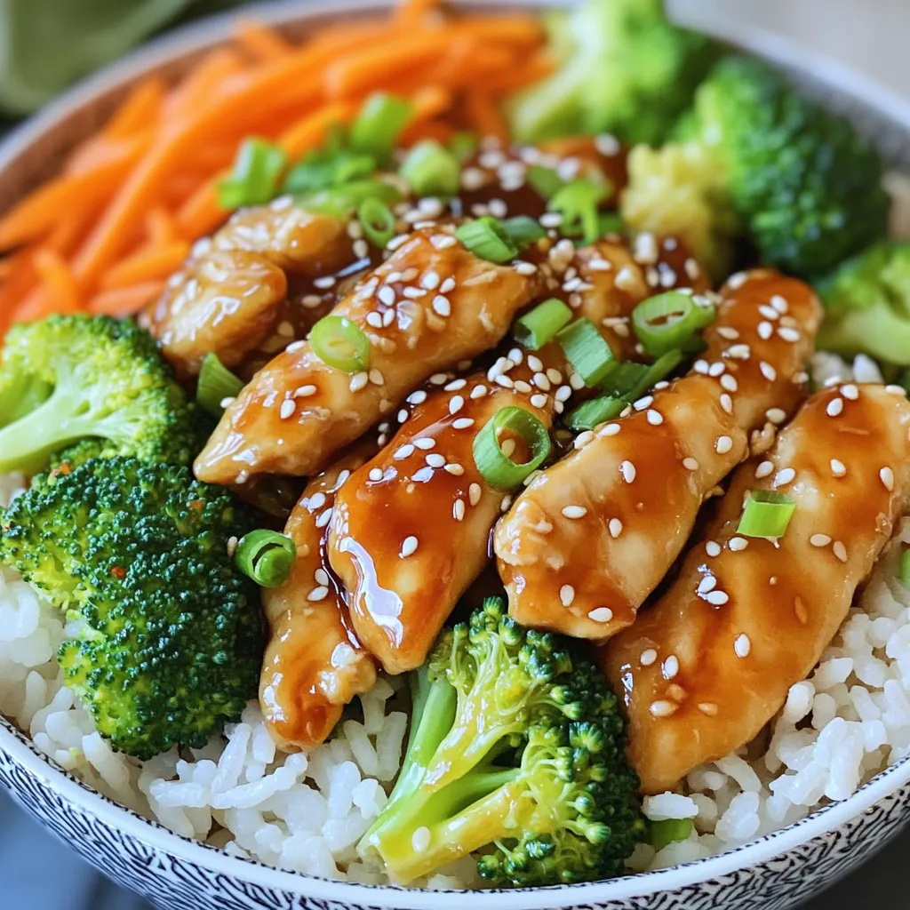 - 2 boneless, skinless chicken breasts - 1 cup jasmine rice - 1 tablespoon sesame oil - 1 tablespoon vegetable oil - ½ cup soy sauce - 2 tablespoons honey or maple syrup - 1 tablespoon rice vinegar - 1 tablespoon grated ginger - 2 cloves garlic, minced - 1 cup broccoli florets - ½ cup carrots, julienned - 2 green onions, chopped - Sesame seeds Gathering the right ingredients is key to making teriyaki chicken rice bowls. Start with boneless, skinless chicken breasts. They cook quickly and stay juicy. You also need jasmine rice for a perfect base. The rice absorbs flavors well and adds a fragrant touch. For the cooking oils, sesame oil gives a rich taste. Vegetable oil is great for cooking the chicken. Soy sauce is essential for that savory flavor. Choose low-sodium if you prefer a lighter touch. To sweeten your sauce, use honey or maple syrup. Both add a nice glaze. Rice vinegar brightens the flavor, while ginger and garlic add depth. For veggies, broccoli and carrots provide crunch and color. Green onions add freshness, and sesame seeds give a lovely finish. These ingredients make your teriyaki chicken rice bowls both tasty and colorful. - Rinse jasmine rice under cold water. This removes excess starch. - In a medium saucepan, combine the rice with 2 cups of water or chicken broth. Bring it to a boil. - Once boiling, reduce the heat to low. Cover and simmer for about 15 minutes. - After 15 minutes, remove from heat and let it sit, covered, for 5 minutes. Fluff the rice with a fork. - While the rice cooks, heat 1 tablespoon of sesame oil and 1 tablespoon of vegetable oil in a skillet over medium-high heat. - Add 2 boneless, skinless chicken breasts, sliced into thin strips. Cook for about 5-7 minutes. - Stir the chicken occasionally until it turns golden brown and is fully cooked. - In a separate bowl, whisk together ½ cup of soy sauce, 2 tablespoons of honey or maple syrup, 1 tablespoon of rice vinegar, 1 tablespoon of grated ginger, and 2 cloves of minced garlic. - Pour this sauce over the cooked chicken in the skillet. - Bring the sauce to a gentle boil. This helps to enhance the flavors. - Add 1 tablespoon of cornstarch mixed with 2 tablespoons of water. Stir well. - Cook for an additional 2-3 minutes, stirring constantly to thicken the sauce. - Incorporate 1 cup of broccoli florets and ½ cup of julienned carrots into the skillet. - Cover the skillet and steam the vegetables for about 3-4 minutes. They should be tender yet vibrant. - In serving bowls, place a generous scoop of jasmine rice. - Top the rice with the teriyaki chicken and the steamed vegetables. - For a final touch, sprinkle with chopped green onions and sesame seeds. - Ideal chicken cooking time: Cook the chicken for about 5-7 minutes. Look for golden brown color to know it’s done. This ensures it stays juicy and tender. - Perfect rice texture tips: Rinse jasmine rice until the water is clear. This removes excess starch. Cook it with a 1:2 ratio of rice to water or broth. Let it sit covered after cooking for 5 minutes. This helps the rice fluff up nicely. - Sweetness level modifications: Adjust the sweetness by changing the honey or maple syrup. Use less for a less sweet dish, or add more for a sweeter flavor. - Sauce thickness variations: If you want a thicker sauce, add more cornstarch mixed with water. For a thinner sauce, use less cornstarch or add a splash of water. - Adding spices or additional ingredients: Try adding a pinch of red pepper flakes for heat. You can also mix in sesame seeds or chopped nuts for extra flavor and crunch. - Recommended marinades before cooking: Marinate the chicken for 30 minutes in soy sauce and ginger. This adds depth and richness to the dish. {{image_2}} For a tasty vegetarian option, you can swap chicken for tofu or tempeh. These ingredients soak up flavors well. - Substitutes for chicken: Use firm tofu or tempeh, cut into strips. - Alternate vegetables: Try bell peppers, snap peas, or mushrooms for extra flavor and color. Making this dish gluten-free is easy. Just choose the right soy sauce. - Gluten-free soy sauce alternatives: Use tamari or coconut aminos instead of regular soy sauce. - Adjusting additional ingredients: Check other ingredients for hidden gluten, like certain broths or sauces. If you want more protein, shrimp or chicken can be great choices. - Using shrimp or tofu: If using shrimp, cook them for about 3-4 minutes. Tofu takes longer, around 5-7 minutes. - Cooking times for different proteins: Adjust cooking time based on the protein you choose to ensure it cooks evenly and is safe to eat. To store leftover teriyaki chicken rice bowls, place them in an airtight container. This keeps the food fresh and prevents spills. Always let the meal cool to room temperature before sealing the container. The rice bowls can last up to 3 days in the fridge. To freeze teriyaki chicken rice bowls, portion them into freezer-safe containers. Make sure to separate the chicken from the rice and vegetables. This helps maintain texture. They can last up to 2 months in the freezer. For defrosting, place the container in the fridge overnight. When ready to eat, reheat in the microwave or on the stove until hot. For easy meals, you can prep the chicken, rice, and vegetables ahead of time. Cook the rice and chicken on one day, then store them separately. You can mix and match the veggies too. Portion everything into containers. This way, you have quick meals ready for busy days. Teriyaki sauce is a blend of simple ingredients. It usually has soy sauce, honey or maple syrup, rice vinegar, ginger, and garlic. Each ingredient plays a key role. Soy sauce gives a salty base. Honey adds sweetness, while rice vinegar gives a slight tang. Ginger and garlic add depth and warmth to the flavor. This mix creates a rich and savory sauce that coats the chicken beautifully. Yes, you can prepare teriyaki chicken rice bowls in advance. Cook the chicken and sauce, then store them separately from the rice. You can keep them in the fridge for about 3 days. When ready to eat, reheat the chicken and sauce on the stove. Cook the rice just before serving for the best taste. This method saves time and keeps your meal fresh. Cooking teriyaki chicken is quick. It takes about 5 to 7 minutes in a skillet. Heat the oil, add the chicken, and stir occasionally. Cook until the chicken turns golden brown and reaches an internal temperature of 165°F (75°C). This ensures it is safe to eat and keeps the chicken juicy. You can serve many tasty sides with your teriyaki chicken rice bowls. Try steamed broccoli or snap peas for crunch. Sautéed bok choy or bell peppers add color and flavor. You can also sprinkle sesame seeds or add sliced radishes for extra texture. These options enhance the meal and make it even more delicious. Teriyaki chicken can be a healthy choice. It contains lean protein from chicken and vitamins from the vegetables. Using low-sodium soy sauce helps reduce salt intake. Honey, while sweet, has antioxidants. Pair it with brown rice for added fiber. This way, you enjoy a balanced meal that is both nutritious and tasty. This blog post covered a simple and tasty Teriyaki Chicken Rice Bowl. We highlighted key ingredients, detailed cooking steps, and provided helpful tips. You can easily adapt the recipe to meet dietary needs and enjoy variations like vegetarian or gluten-free options. Understanding storage methods ensures your meals stay fresh. Use these insights to create your own delicious bowls at home. Cooking can be fun and rewarding, so try it out! Enjoy your tasty creation!