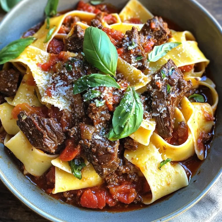 To make Slow Cooker Balsamic Beef Ragu, gather these items: - 2 lbs beef chuck roast, cut into chunks - 1 cup balsamic vinegar - 2 medium onions, diced - 4 cloves garlic, minced - 1 cup beef broth - 1 can (14 oz) crushed tomatoes - 2 tablespoons brown sugar - 1 tablespoon olive oil - 2 teaspoons dried oregano - 1 teaspoon salt - 1/2 teaspoon black pepper - Fresh basil leaves, for garnish - Pasta of your choice (like pappardelle or spaghetti) If you can't find some ingredients, here are some easy swaps: - Use red wine vinegar instead of balsamic vinegar for a different taste. - Try chicken broth if you don’t have beef broth. - Maple syrup can replace brown sugar for sweetness. - Fresh oregano is great if you have it instead of dried. Here are some quick conversions: - 1 cup = 8 fluid ounces - 1 tablespoon = 3 teaspoons - 1 pound = 16 ounces - 1 can of tomatoes is about 400 grams. These details will help you prepare and adjust the recipe as needed. Enjoy making this rich and flavorful meal! Start by cutting your beef chuck roast into bite-sized chunks. This helps the meat cook evenly. The pieces should be about two inches wide. Next, heat olive oil in a large skillet over medium-high heat. Once hot, add the beef chunks. Brown them on all sides for about 5-7 minutes. This step adds a lot of flavor. Once browned, move the beef to your slow cooker. In the same skillet, lower the heat to medium. Add the diced onions and minced garlic. Sauté these for around 5 minutes, until the onions turn soft and clear. This step builds a nice base for your sauce. The smell will be amazing! Once ready, add them to the slow cooker with the beef. In a bowl, mix balsamic vinegar, beef broth, crushed tomatoes, brown sugar, oregano, salt, and black pepper. Stir this mix well to combine all flavors. Pour this mixture over the beef in your slow cooker. Give it a gentle stir to coat the beef evenly. Cover the slow cooker and set it to low. Let it cook for 6 to 8 hours. The longer it cooks, the more tender the beef will be. When it's done, shred the beef with two forks right in the slow cooker and mix it into the sauce. To get the best flavor, cook your beef ragu on low for 6 to 8 hours. This long cooking time helps the beef become very tender. The low heat allows all the flavors to blend well. It makes the sauce rich and tasty. If you are short on time, you can cook on high for about 4 hours, but I recommend low for the best taste. Cooking on low heat lets the beef break down slowly. It keeps the meat juicy and tender. High heat cooks faster but can dry out the beef. The sauce may not develop as much flavor. If you want a deep, rich taste, always choose low heat for this ragu. You’ll know your ragu is ready when the beef shreds easily with a fork. Check to see if the meat is very soft and falls apart. The sauce should be thick and flavorful. You can taste it to see if the flavors are balanced. If the sauce is too sharp, add a bit more sugar. If it’s perfect, serve it over your favorite pasta! {{image_2}} To make your balsamic beef ragu truly shine, consider these tips: - Use high-quality balsamic vinegar. The better the vinegar, the richer the flavor. - Brown the beef well. This step adds depth to the overall taste. - Sauté the onions and garlic until soft. This releases their natural sweetness. - Add a pinch of red pepper flakes for a touch of heat, if you like. - Let the ragu sit for a few minutes before serving. This helps the flavors blend. When serving your ragu, think about balance and variety: - Pair it with a fresh side salad. A simple green salad adds crunch and freshness. - Offer warm, crusty bread. This is great for soaking up extra sauce. - Consider a light dessert, like sorbet. This will cleanse the palate after the rich meal. Choosing the right pasta elevates your ragu. Here are some great options: - Pappardelle: Its wide shape holds the sauce well. - Spaghetti: A classic choice that works nicely with any sauce. - Fettuccine: This flat noodle complements the hearty ragu beautifully. - Zucchini noodles: For a low-carb option, try this fresh alternative. Experiment with these types to find your favorite! You can swap the beef for turkey or chicken. These lean meats work well with balsamic flavors. If you want a vegan option, try using mushrooms. Portobello or shiitake mushrooms give a rich taste. Use the same amount as beef. Cook them just like you would the beef. They soak up the sauce nicely. Feel free to play with the spices. Add some red pepper flakes for heat. Try thyme or rosemary for a fresh twist. If you love a sweeter sauce, add more brown sugar. For a tangy flavor, mix in a splash of soy sauce. These changes give your ragu a new taste each time. Pair your ragu with garlic bread for a crunchy bite. A fresh salad adds a nice, crisp contrast. You can also serve it with roasted vegetables. They bring color and nutrition to the plate. Consider a side of creamy polenta for a cozy meal. Each side dish complements the ragu beautifully. Yes, you can make Slow Cooker Balsamic Beef Ragu in advance. The flavors deepen as it sits. I often cook it a day before serving. Just keep it in the fridge. When ready to eat, reheat it gently on the stove. Beef ragu pairs well with many dishes. Here are some of my favorites: - Pappardelle or spaghetti - Garlic bread - A fresh green salad - Roasted vegetables - Polenta These sides add texture and flavor. They help balance the richness of the ragu. To store leftovers, let the ragu cool first. Then place it in an airtight container. It lasts in the fridge for up to three days. For longer storage, freeze it for up to three months. To reheat, use a saucepan over low heat. Stir often to prevent sticking. You can also use the microwave. Heat in short bursts, stirring in between, until hot. Enjoy your meal again! Beef ragu offers rich flavor and lots of options. You learned about the ingredients, how to prepare them, and how long to cook your dish for the best taste. I shared tips for enhancing flavor and serving ideas to make every meal special. By trying different proteins and seasonings, you can personalize your ragu. Remember, practice will bring you closer to ragu perfection. Enjoy making this dish and sharing it with others!