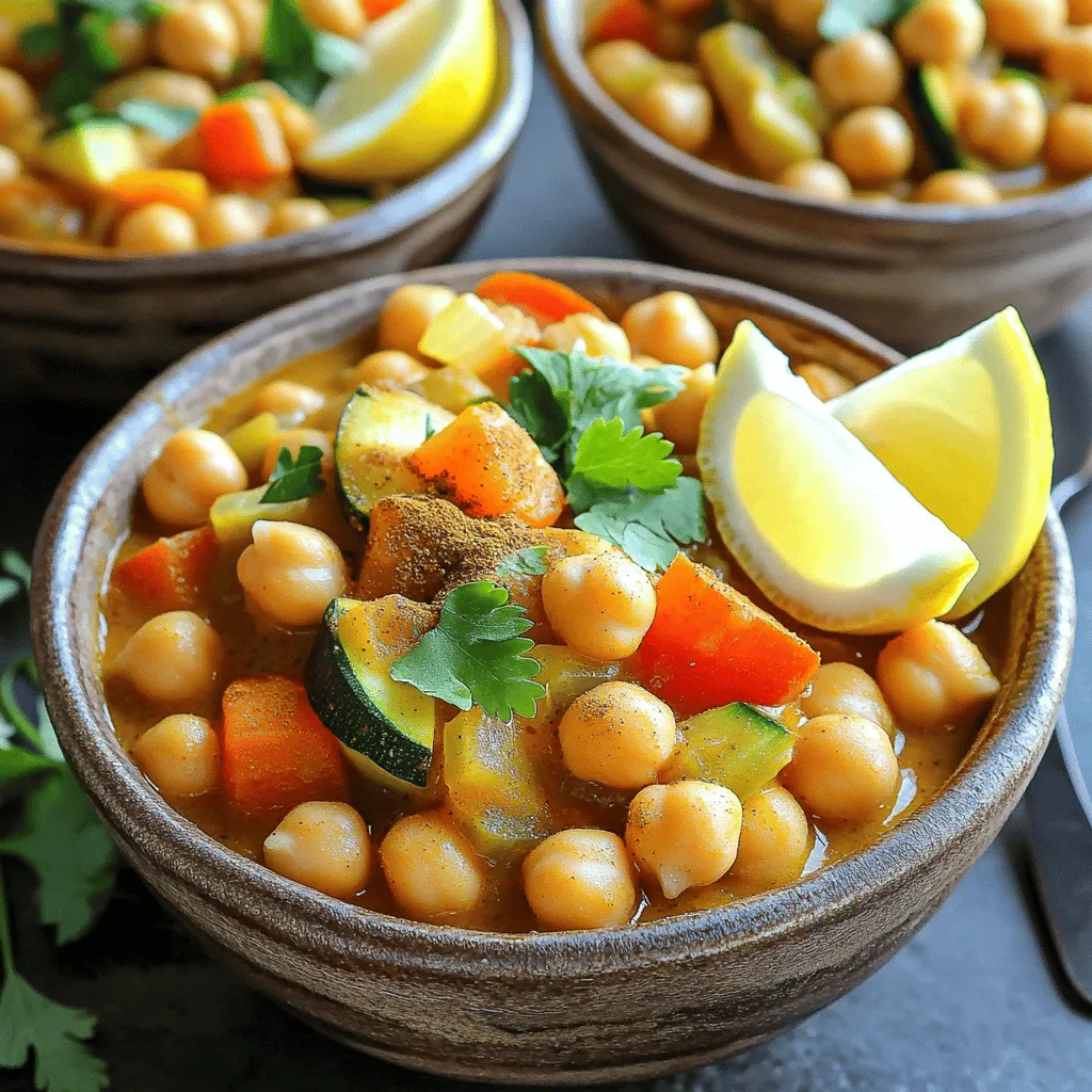 - 2 cans (15 oz each) chickpeas, rinsed and drained - 1 large onion, diced - 3 cloves garlic, minced - 2 medium carrots, diced - 2 medium zucchini, diced - 1 red bell pepper, chopped - 1 can (14 oz) diced tomatoes with juices - 4 cups vegetable broth - 1 tablespoon ground cumin - 1 tablespoon ground coriander - 1 teaspoon ground cinnamon - 1 teaspoon turmeric - ½ teaspoon cayenne pepper (adjust for spice preference) - 1 cup dried apricots, chopped - Salt and pepper to taste - 2 tablespoons olive oil These ingredients create a rich and hearty stew. The chickpeas provide protein and fiber. The tomatoes add moisture and flavor. The spices bring warmth and depth to every bite. - Sweet potatoes, diced - Spinach or kale, chopped - Fresh ginger, grated - Coconut milk for creaminess Adding these optional ingredients can change the stew. Sweet potatoes bring sweetness. Spinach adds a vibrant color and nutrition. Ginger gives a fresh kick, while coconut milk adds a creamy texture. - Fresh cilantro, for garnish - Lemon wedges, for serving - Crusty bread or couscous, for pairing Garnishing with cilantro adds a pop of color and fresh taste. Lemon wedges brighten the flavors. Serving with crusty bread or couscous makes the meal filling. These choices elevate the meal experience. Start by heating the olive oil in a skillet over medium heat. Once hot, add the diced onion. Cook the onion for about 5 minutes. You want it to be soft and clear. Next, add the minced garlic. Cook the garlic for just 1-2 minutes. You will smell its strong, rich aroma. This step builds a great base for your stew. After sautéing, move the onion and garlic into your slow cooker. Now it's time to add the rest of the ingredients. Place the rinsed chickpeas in the slow cooker. Then, add the diced carrots, zucchini, and red bell pepper. Pour in the canned diced tomatoes with their juices. Next, add the vegetable broth. This adds moisture and flavor. Then, sprinkle in the spices: ground cumin, coriander, cinnamon, turmeric, and cayenne pepper. Be sure to season with salt and pepper. Stir everything together well. This mix of flavors is what makes this stew so special. Cover your slow cooker with its lid. Cook the stew on low for about 6 to 8 hours. If you're in a hurry, you can set it on high for 4 hours. You will know it’s done when the vegetables are tender. About 30 minutes before serving, add the chopped dried apricots. This gives a sweet touch to the stew. After cooking, taste and adjust the seasoning if needed. Enjoy the rich flavors you created! When making your Moroccan chickpea stew, there are some common mistakes to watch for. First, don't skip rinsing the canned chickpeas. This helps remove extra salt. Second, be careful not to overcook the vegetables. They should be tender, not mushy. Lastly, always taste your stew before serving. You might want to add more salt or spices. To boost the flavor, consider adding fresh herbs like parsley or mint. You can also use vegetable broth instead of water for a richer taste. If you want more heat, increase the cayenne pepper. For a hint of sweetness, add more dried apricots or even a splash of honey. Remember, you can always adjust the spices to fit your taste. Garnishing adds beauty and flavor to your stew. Use fresh cilantro to brighten up the dish. A squeeze of lemon juice over the stew brings out the flavors. Serve your stew in deep bowls with warm crusty bread or fluffy couscous on the side. This makes for a filling and appealing meal. Enjoy! {{image_2}} You can change the protein in this dish. Try adding chicken, beef, or lamb. They will add richness. If you want a vegetarian option, you can add tofu. Just cut it into small cubes. Cook the protein before adding it to the slow cooker. This helps to build the flavor. Feel free to swap out vegetables. You can use sweet potatoes or butternut squash. These add a nice sweetness to the stew. Other great choices are spinach or kale for greens. Just add them in the last hour of cooking. This keeps them bright and fresh. Spice level is key for flavor. The cayenne pepper adds heat, but you can adjust it. If you want less spice, use half a teaspoon. For more heat, add more cayenne or try red pepper flakes. Taste the stew as it cooks, and adjust to your liking. After cooking your stew, let it cool at room temperature for about an hour. This cooling step helps prevent warm food from raising the temperature in your fridge. Once cooled, transfer the stew into airtight containers. Refrigerate within two hours to keep it fresh. Properly stored, your stew lasts up to five days in the fridge. To freeze your Moroccan chickpea stew, use freezer-safe containers. Leave space at the top for expansion as it freezes. You can also use freezer bags, removing as much air as possible. Your stew can stay frozen for up to three months. When ready to enjoy, thaw it in the fridge overnight before reheating. For reheating, the stovetop is best. Pour the stew into a pot and heat it over medium heat, stirring often. You can also use the microwave. Place the stew in a microwave-safe bowl, cover it, and heat in short intervals, stirring in between. Make sure it reaches an internal temperature of 165°F for safety. Enjoy the warm flavors just like the first time! Yes, you can use dried chickpeas. Just soak them overnight. Cook them for about 40 minutes before adding to the slow cooker. This helps them get soft. This stew pairs well with crusty bread or fluffy couscous. You can also serve it with rice for a filling meal. A simple green salad makes a fresh side. To add spice, increase the cayenne pepper. You can also add diced jalapeños for extra heat. If you want it milder, reduce the cayenne. Adding yogurt can also help cool it down. This blog post covered all you need for a tasty Slow Cooker Moroccan Chickpea Stew. We went through essential and optional ingredients, plus how to cook it step by step. I shared tips to avoid mistakes and ways to add flavor. You now know variations you can make and how to store leftovers. With this guide, you can confidently whip up a delicious meal that suits your taste. Enjoy making this warm, hearty dish for yourself or loved ones!