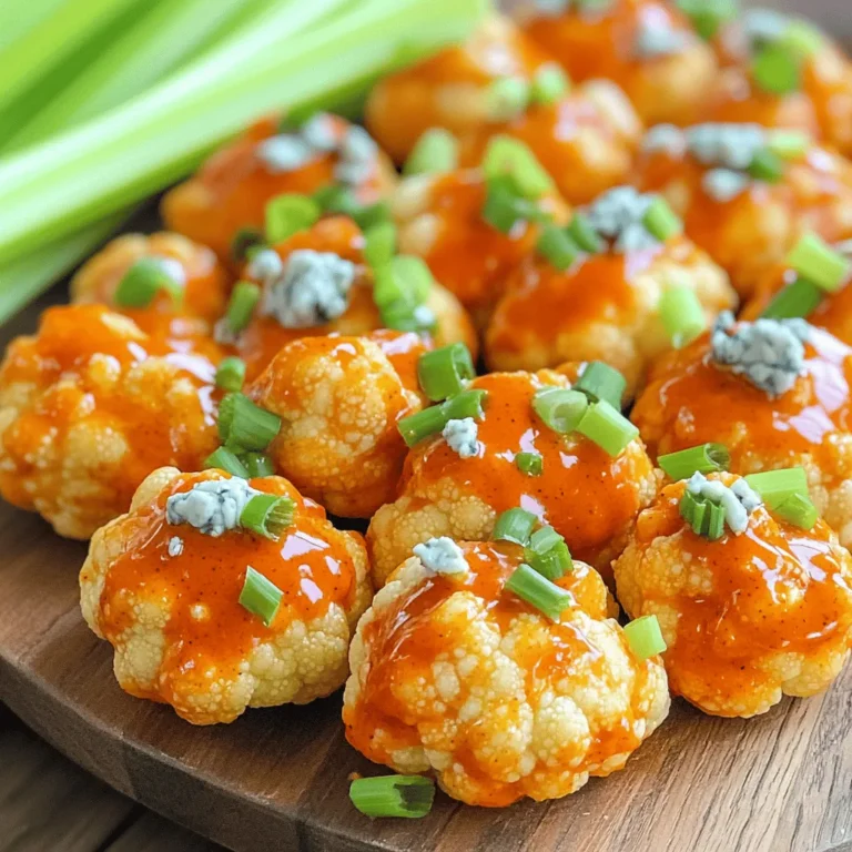 - 1 medium head of cauliflower, cut into bite-sized florets - 1 cup all-purpose flour - 1 cup water - 1 teaspoon garlic powder - 1 teaspoon onion powder - 1 teaspoon smoked paprika - Salt and pepper to taste - 1 cup buffalo sauce (store-bought or homemade) - 2 tablespoons olive oil or cooking spray - Optional toppings: Chopped green onions and blue cheese crumbles Gather these ingredients to make tasty buffalo cauliflower bites. The heart of this snack is the cauliflower. Choose a medium head that looks fresh and firm. The flour and water mix makes a thick batter, giving the bites a nice crunch. Garlic powder, onion powder, and smoked paprika add great flavor. Adjust the salt and pepper to your taste. Buffalo sauce gives this dish its kick. You can use store-bought sauce or make your own. Olive oil or cooking spray keeps the bites from sticking in the air fryer. For a fun touch, top with green onions and blue cheese crumbles. These toppings add color and extra flavor. Enjoy preparing this simple and delicious snack! - Preheat the air fryer to 400°F (200°C) for about 5 minutes. - In a large bowl, mix together 1 cup of flour, 1 cup of water, 1 teaspoon of garlic powder, 1 teaspoon of onion powder, 1 teaspoon of smoked paprika, salt, and pepper. This forms a smooth batter. - Take each cauliflower floret and dip it into the batter. Make sure it is fully coated. - Allow any extra batter to drip off before placing the coated florets on a plate. - Lightly coat the air fryer basket with 2 tablespoons of olive oil or cooking spray. - Arrange the cauliflower in a single layer to ensure even cooking. Do not overcrowd the basket. - Air fry for 12-15 minutes, shaking the basket halfway through. This helps the bites cook evenly. Look for a golden and crispy exterior. - In a separate bowl, toss the cooked cauliflower bites with 1 cup of buffalo sauce until they are fully coated. - Return the sauced cauliflower to the air fryer for an extra 3-5 minutes. This warms the sauce and crisps up the bites a bit more. - Remove the bites from the air fryer and let them cool for a minute before serving. To get that perfect crunch, avoid overcrowding the basket. If you pack it too tight, the air can't flow. This leads to soggy bites instead of crispy ones. Use the right temperature and time settings. I recommend 400°F (200°C) for 12-15 minutes. This high heat gives you that golden color and crispy texture. Don't forget to shake the basket halfway through for even cooking. Coating the cauliflower evenly with buffalo sauce is key. After air frying, place the bites into a bowl with the sauce. Toss them gently until fully coated. This ensures every bite bursts with flavor. For spice levels, adjust to your taste. If you like it hot, use more buffalo sauce. If you prefer milder bites, add a little less. You can always serve extra sauce on the side for dipping. Garnish your buffalo cauliflower bites with chopped green onions for color and flavor. Blue cheese crumbles also add nice creaminess. Serve with celery sticks to balance the heat. And don't forget your favorite dips! Ranch or blue cheese dressing pairs perfectly with these spicy bites. Enjoy your snack! {{image_2}} You can change the flour in this recipe. Use gluten-free flour instead of all-purpose flour. Almond flour or chickpea flour also work well. They keep the bites tasty and light. You can also try adding some nutritional yeast. This gives a cheesy taste without dairy. For seasonings, mix in some cayenne pepper for heat. You can add smoked paprika for a smoky touch. Or try Italian herbs like oregano and basil for a fresh flavor. These small changes can make your bites exciting. If you prefer baking, it’s easy! Preheat your oven to 425°F (220°C). Prepare the cauliflower just like the air fryer method. Place the coated florets on a baking sheet lined with parchment paper. Make sure they are in a single layer. Bake for 25-30 minutes. Flip the florets halfway through to ensure even crispiness. Keep an eye on them. You want them golden brown and crispy. After baking, toss them with buffalo sauce as you would in the air fryer. You can switch up the flavor profile of your bites. Try adding a bit of BBQ sauce instead of buffalo sauce. This gives a sweet and tangy taste. You can also mix in some hot sauce for extra kick. Want a cheesy touch? Add shredded cheese to the batter. Or sprinkle it on top after cooking. Fresh herbs like cilantro or parsley can also add a burst of flavor. The options are endless, so feel free to get creative! To store leftover buffalo cauliflower bites, let them cool first. Place them in an airtight container. Keep the container in the fridge for up to 3 days. This keeps them fresh and tasty. The best way to reheat these bites is in the air fryer. Set it to 350°F (175°C) and cook for about 5 minutes. This method keeps them crispy. If you use a microwave, heat them for about 30 seconds. They might get a bit soft, so the air fryer is better. To freeze the cauliflower bites, let them cool completely. Arrange them in a single layer on a baking sheet. Freeze them for about 1-2 hours until firm. Then, transfer them to a freezer bag or container. They will stay good for up to 2 months. For thawing, take them out the night before and place them in the fridge. When ready to eat, reheat them in the air fryer or oven. This helps them regain their crispy texture. Yes, you can use frozen cauliflower. Just thaw it first. Drain any water before coating it in batter. This helps the batter stick better. You can try hot sauce or barbecue sauce. For a milder taste, use a sweet chili sauce. Mix your choice with some vinegar for extra flavor. The spice level depends on the buffalo sauce you use. Store-bought sauces vary in heat. You can adjust the spice to match your taste. Yes, this recipe is easily made vegan. Use a plant-based flour and a vegan buffalo sauce. Ensure your cooking spray is also vegan-friendly. For spicier bites, add more buffalo sauce. You can also mix in cayenne pepper or crushed red pepper. To make them milder, reduce the sauce or mix in some ranch dressing. This blog post shared a simple recipe for Air Fryer Buffalo Cauliflower Bites. We covered ingredients, preparation, and air frying steps. I also offered tips for crispiness, sauce application, and serving ideas. Variations allow you to mix it up while you store and reheat properly. With these methods, you can enjoy tasty bites any time. Try them out, explore new flavors, and have fun in the kitchen!