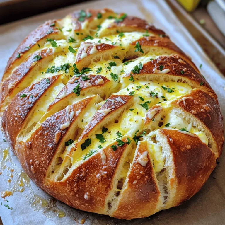 - 1 round sourdough loaf - 1 cup shredded mozzarella cheese - 1/2 cup grated Parmesan cheese - 1/2 cup unsalted butter, melted - 1 tablespoon minced garlic - 1 tablespoon fresh parsley, chopped - 1 teaspoon dried oregano - Salt and pepper to taste To make Cheesy Garlic Parmesan Pull-Apart Bread, gather your ingredients. Start with a round sourdough loaf. This type of bread gives a nice crust and soft inside. Next, you will need one cup of shredded mozzarella cheese. This cheese melts well and adds creaminess. You will also need half a cup of grated Parmesan cheese for a sharp flavor. Next, grab half a cup of unsalted butter, melted. It helps to blend the garlic and herbs. For flavor, include one tablespoon of minced garlic. Fresh garlic adds a nice zing. You will also need one tablespoon of fresh parsley, chopped. This adds color and a fresh taste. Add one teaspoon of dried oregano for an earthy note. Finally, use salt and pepper to taste. These simple ingredients come together to create a delicious, cheesy treat. - Preheat the oven to 350°F (175°C). - Place the sourdough loaf on a large baking sheet lined with parchment paper. - In a mixing bowl, whisk together melted butter, garlic, parsley, oregano, salt, and pepper. - Ensure all ingredients blend well for great flavor. - Using a serrated knife, make deep diagonal cuts in the loaf. - Create a criss-cross pattern, but don't cut all the way through. - Grab a pastry brush and generously apply the garlic butter mix into the crevices. - Make sure every cut gets some buttery goodness. - Fill each cut with shredded mozzarella and grated Parmesan cheese. - Pack the cheese in well to ensure a cheesy bite. - Wrap the loaf in aluminum foil to keep it moist and bake for 15 minutes. - After this, remove the foil and bake for another 10-15 minutes. - Look for melted cheese and a golden brown top as signs of readiness. Use a mix of cheeses for the best flavor. I love mozzarella and Parmesan together. They melt well and create a nice stretch. You can also try adding some cheddar for richness. Just be careful not to overstuff the bread. If you pack it too tight, the cheese won’t melt well. Aim for a good balance between filling and space. This pull-apart bread shines when served warm. Pair it with marinara sauce for dipping. The rich, cheesy bread works great with a side salad too. You can also serve it with soups for a cozy meal. The bread soaks up the flavors and adds a fun twist. To boost flavor, add fresh herbs or spices. Try using basil or thyme for a fresh taste. You can even sprinkle in some chili flakes for a spicy kick. If you want a garlic boost, add more minced garlic to the butter mixture. Mix and match to find your favorite flavor combo! {{image_2}} To make your bread even more exciting, you can change the herbs. Add fresh thyme, basil, or rosemary to the garlic butter mix. Each herb gives a new flavor that pairs well with cheese. You can also try dried herbs if fresh ones are not available. Mix and match until you find your favorite! If you like some heat, this variation is for you. You can add sliced jalapeños or a sprinkle of chili flakes to the garlic butter mix. The spice will add a nice kick to your cheesy bread. Make sure to adjust the heat level to your taste. You can always add more spice if you want it hotter! For a vegan option, swap out the butter and cheese. Use plant-based butter and non-dairy cheese. You can also use nutritional yeast for a cheesy flavor without dairy. Adjust the garlic and herbs just like before. This way, everyone can enjoy cheesy garlic bread! To keep your cheesy garlic Parmesan pull-apart bread fresh, wrap it in foil or plastic wrap. You can also place it in an airtight container. Store it in a cool, dry place for up to two days. For longer storage, place it in the fridge for up to a week. If you want to keep it even longer, freeze the bread. Wrap it well in plastic wrap and then foil. It can last for about three months in the freezer. Reheating pull-apart bread can restore its deliciousness. For the best result, use the oven. Preheat the oven to 350°F (175°C). Remove any plastic wrap, but keep the foil on. Heat it for about 10-15 minutes. This will warm the bread without drying it out. If you're short on time, you can use the microwave. Place a slice on a microwave-safe plate. Heat it for about 20-30 seconds. The bread will be warm, but it might not be as crispy. Yes, you can! Other bread types work well in this recipe. Here are some options: - Baguette: A crusty baguette makes for a great pull-apart bread. - Ciabatta: This bread has a nice airy texture, perfect for stuffing. - Dinner rolls: Soft rolls can be pulled apart easily and are fun to eat. - Focaccia: This bread adds a rich flavor and pairs well with cheese. You can prep this bread in advance with these simple steps: 1. Prepare the loaf: Cut and stuff the bread as directed. 2. Wrap it well: Cover the loaf tightly in plastic wrap. 3. Chill it: Place it in the fridge for up to 24 hours. 4. Bake when ready: Remove the wrap and bake as instructed. This bread pairs well with many dishes. Here are some ideas: - Soup: A warm bowl of tomato soup complements the flavors. - Salad: A fresh green salad adds balance and crunch. - Dips: Serve with marinara or a creamy dip for extra flavor. - Wine: A nice white wine can enhance the meal experience. This article covered how to make cheesy garlic pull-apart bread step-by-step. You learned about the best ingredients, preparation methods, and tips for achieving that perfect melty cheese. Remember, small changes can create many tasty variations. Experiment with spices or different cheeses. Enjoy this bread at your next gathering or cozy night in. Your efforts will surely impress everyone. Happy baking!