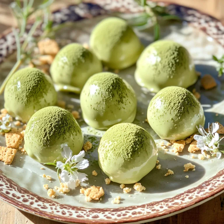 To make these delightful no-bake matcha white chocolate truffles, you need: - 200g white chocolate, chopped - 100g cream cheese, softened - 1 tablespoon matcha green tea powder, plus extra for dusting - 1 tablespoon honey or maple syrup - 1 teaspoon vanilla extract - 1 cup crushed graham crackers (or digestive biscuits) - Pinch of salt If you can't find an ingredient, don't worry! Here are some easy swaps: - For white chocolate, use vegan white chocolate if needed. - Instead of cream cheese, try using a nut-based cream cheese for a dairy-free option. - You can replace honey with agave nectar for a vegan choice. - If you don’t have graham crackers, crushed cookies or oats can work too. Using quality ingredients makes a big difference. Choose good white chocolate for a smooth taste. The higher the cocoa butter content, the better! Fresh matcha powder gives a vibrant green color and rich flavor. Use full-fat cream cheese for creaminess. Always check expiration dates on your ingredients for the best results. To start, chop 200g of white chocolate into small pieces. This helps it melt evenly. You can use a double boiler or a microwave. If using the microwave, heat it in 20-second bursts. Stir after each burst until smooth. If using a double boiler, simmer water in a pot. Place the bowl on top and stir until melted. Make sure it is not too hot; let it cool slightly. In a separate bowl, take 100g of softened cream cheese. Add 1 tablespoon of matcha green tea powder. Next, pour in 1 tablespoon of honey or maple syrup. Then, add 1 teaspoon of vanilla extract and a pinch of salt. Mix these together until you have a creamy blend. This mixture will give your truffles their unique flavor. Once your white chocolate has cooled, pour it into the cream cheese mixture. Stir it in gently. You want it to be smooth and vibrant green. After that, slowly fold in 1 cup of crushed graham crackers. This adds texture. Make sure everything is well mixed, but do not overdo it. The mixture should hold together nicely. Now, it's time to shape your truffles. Use your hands to roll small balls, each about 1 inch in diameter. Place them on a baking sheet lined with parchment paper. Once you shape all the truffles, pop them in the fridge for about 30 minutes. This helps them firm up. Before serving, dust each truffle with extra matcha powder for a lovely finish. Enjoy your delightful treats! When making no-bake matcha white chocolate truffles, avoid rushing the melting process. If you heat the chocolate too fast, it can seize up. Always use low heat and stir often. Another mistake is not letting the chocolate cool before mixing. This can cause the cream cheese to melt and change the texture. Lastly, be careful with the amount of graham cracker crumbs. Too much can make the mixture dry and crumbly. For a creamy texture, ensure your cream cheese is at room temperature. This makes blending easier. When you mix in the melted chocolate, do it slowly to keep the mixture smooth. If you find it too soft, add a bit more graham cracker crumbs. Make sure to roll the truffles firmly but gently. This helps them hold their shape without being too dense. To make your truffles look special, use a colorful plate. Arrange them in a circle or a fun pattern. Dust each truffle with extra matcha for a pop of color. You can also add edible flowers around them for a scenic touch. This simple step turns your truffles into a delightful centerpiece for any occasion. {{image_2}} You can easily change the flavor of your matcha white chocolate truffles. Try adding nuts like chopped almonds or pistachios for a crunchy texture. You can also mix in dried fruits like cranberries or apricots for a sweet touch. This adds more layers to the taste, making each bite exciting. For a bolder flavor, consider a splash of orange or lemon zest, which pairs well with matcha. You can also use dark chocolate instead of white chocolate for a richer flavor. Not a fan of honey or maple syrup? You can use agave nectar or coconut sugar as sweeteners. Both will work well in this recipe. If you prefer a sugar-free option, consider using stevia or erythritol. These will give you the sweetness you want without extra calories. Just remember to adjust the amount based on the sweetness level of the alternative you choose. Each sweetener brings a unique taste, so feel free to experiment. Coating your truffles can make them even more delightful. While matcha powder is a classic choice, you can also roll them in crushed nuts, shredded coconut, or cocoa powder. For a fun twist, try using colorful sprinkles or edible glitter to make them pop. This not only adds flavor but also makes your truffles look extra special. Remember, the coating can enhance the taste and presentation, so choose what excites you! To keep your no-bake matcha white chocolate truffles fresh, store them in an airtight container. This helps prevent them from absorbing odors from your fridge. Layer parchment paper between the truffles if stacking them. It keeps them from sticking together. These truffles last about one week in the fridge. They taste best when fresh, but they can hold their flavor for a few days. If they start to look dull or lose their vibrant green hue, it’s time to enjoy them! You can freeze these truffles for up to three months. Place them on a baking sheet and freeze until firm. Once frozen, transfer them to an airtight container. When you're ready to eat, thaw them in the fridge overnight. This keeps their texture and flavor intact. Yes, you can make these truffles vegan. To do this, replace the white chocolate with a vegan white chocolate alternative. Look for brands that use plant-based ingredients. You can also swap the cream cheese with a vegan cream cheese or blended silken tofu. This way, you still get a creamy texture without dairy. There are several good options for cream cheese. You can use blended silken tofu for a plant-based choice. It has a smooth texture and works well. Another option is to use cashew cream. To make cashew cream, soak raw cashews in water, then blend until smooth. This adds a rich taste too. No-bake truffles can last about a week in the fridge. Store them in an airtight container to keep them fresh. If you plan to keep them longer, you can freeze them. They will stay good for up to three months in the freezer. Just remember to let them thaw in the fridge before serving. We covered how to make delicious truffles with simple ingredients and clear steps. I shared tips to avoid mistakes and ensure a great texture. The variations let you customize flavors and sweeteners, so you can find your perfect match. Don’t forget to store them properly for lasting freshness. Making truffles is easy and fun, and now you have all the tools to create them. Enjoy your treats!