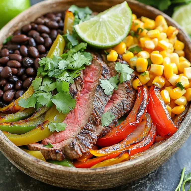 - 1 lb flank steak, thinly sliced - 1 red bell pepper, sliced - 1 green bell pepper, sliced - 1 yellow onion, sliced - 3 cloves garlic, minced - 2 tablespoons olive oil - 1 tablespoon chili powder - 1 teaspoon cumin - 1 teaspoon smoked paprika - ½ teaspoon salt - ¼ teaspoon black pepper - 1 can (15 oz) black beans, drained and rinsed - 1 cup corn (fresh, frozen, or canned) - 2 cups cooked brown rice or quinoa - Fresh cilantro, chopped (for garnish) - Lime wedges (for serving) When I make Fajita Steak Sheet Pan Bowls, I start with the main ingredients. I use flank steak for its rich flavor. It cooks quickly and stays tender. I add colorful bell peppers and onions for crunch and taste. Garlic gives a nice kick, too. Next, I focus on the seasonings. Olive oil helps the spices stick. The chili powder adds heat, and cumin gives it a warm flavor. I use smoked paprika for a hint of smokiness. Salt and black pepper balance the taste. Finally, I like to include black beans and corn for extra fiber and color. They also make the dish hearty. I serve the bowls on a base of brown rice or quinoa. Fresh cilantro and lime wedges on top add brightness. Each ingredient plays a role in making this meal delicious and fun! 1. Preheat your oven to 425°F (220°C). This high heat helps the steak cook well. 2. In a large bowl, combine the sliced flank steak with the red, green, and yellow bell peppers. Add the sliced onion and minced garlic. 1. Drizzle two tablespoons of olive oil over the mixture. 2. Sprinkle in one tablespoon of chili powder, one teaspoon of cumin, and one teaspoon of smoked paprika. 3. Add half a teaspoon of salt and a quarter teaspoon of black pepper. 4. Toss everything together until the steak and veggies are well coated with those tasty spices. 1. Spread the seasoned steak and veggies evenly on a large baking sheet. Line it with parchment paper for easy cleanup. 2. Roast in the oven for about 20 minutes. Stir halfway through to ensure even cooking. 3. While the steak and veggies roast, heat one can of black beans and one cup of corn in a small saucepan over medium heat until warm. These steps will help you create a fun and tasty meal with great flavors. Enjoy the process! - Adjust cooking time for steak doneness: Cook flank steak for about 20 minutes. For rare, check at 15 minutes. For medium, aim for 20 minutes or a bit more. Use a meat thermometer to get it just right. Aim for 130°F (54°C) for rare and 145°F (63°C) for medium. - Stirring for optimal roasting: Halfway through cooking, stir the steak and veggies. This helps everything cook evenly. It also adds nice browning to your dish. Stirring makes sure that each bite is full of flavor. - Use colorful dishes: Bright dishes make your meal pop. Use bowls that match your theme or colors of the meal. Color is key to making food look tasty. - Layer ingredients visually: Start with rice or quinoa at the base. Then add the steak and veggies. Top it off with black beans and corn. Finish with cilantro. This makes each bowl inviting and fun to eat. - Squeeze lime juice before serving: Lime juice adds a fresh taste. It brightens the flavors and gives a nice zing. Just squeeze some over each bowl right before serving. - Add other toppings like avocado or cheese: Think of adding creamy avocado or sprinkle cheese on top. These toppings add richness and make the dish even better. You can also use salsa or sour cream for more flavor. {{image_2}} You can easily switch out the flank steak. Chicken and shrimp work well too. Chicken adds a lighter taste. Shrimp cooks fast and gives a nice flavor. Adjust your cooking time based on what you choose. Chicken takes about 25 minutes, while shrimp only needs around 10 minutes. Seasonal vegetables bring freshness to these bowls. Try zucchini or mushrooms for a tasty twist. Zucchini adds moisture, while mushrooms give a hearty bite. Other great options include asparagus and cherry tomatoes. Use what you find at the market. This keeps your dish lively and colorful. Making these bowls gluten-free is simple. Use gluten-free grains like rice or quinoa. For dairy-free options, skip cheese or sour cream toppings. You can also use avocado for creaminess. These changes keep the meal tasty and suitable for everyone. Enjoy your Fajita Steak Sheet Pan Bowls in a way that fits your needs! Store your Fajita Steak Sheet Pan Bowls in the fridge. Place leftovers in an airtight container. This keeps them fresh and tasty. They will stay good for up to four days. When ready to eat, just reheat in the microwave or on the stove. You can freeze these bowls too! First, let them cool completely. Then, pack the steak and veggies in freezer-safe bags. Try to remove as much air as you can. This helps prevent freezer burn. To reheat, thaw in the fridge overnight. Warm them up in the microwave or on the stove until hot. In the fridge, the Fajita Steak Sheet Pan Bowls last about four days. If you freeze them, aim to eat them within three months. After that, they might lose flavor or texture. Always check for signs of spoilage before eating. Yes, you can make these bowls ahead of time. Here are some tips for prepping in advance: - Prep the vegetables: Slice the bell peppers and onion the night before. Store them in the fridge in an airtight container. - Marinate the steak: You can marinate the flank steak with spices a few hours before cooking. This adds flavor and saves time. - Cook grains ahead: Prepare the brown rice or quinoa ahead of time. Keep them in the fridge until you need them. - Assemble later: You can roast the steak and veggies, then assemble your bowls when ready to eat. This keeps everything fresh. If you want to swap out flank steak, consider these alternatives: - Chicken breast: Thinly sliced chicken cooks quickly and is a lean option. - Shrimp: Use peeled shrimp for a light and tasty change. Just adjust cooking time. - Tofu: For a plant-based option, use firm tofu. Press and cube it before marinating. - Portobello mushrooms: Slice these for a meaty texture that's great for vegetarians. Yes, you can use different grains for your bowls. Here are some great suggestions: - Farro: This grain has a nutty flavor and chewy texture. It pairs well with fajitas. - Barley: This is a hearty choice that adds fiber and taste. - Couscous: It cooks quickly and has a light, fluffy texture. - Cauliflower rice: For a low-carb option, use riced cauliflower. It cooks fast and absorbs flavors well. The Fajita Steak Sheet Pan Bowl combines flavorful ingredients, spices, and quick cooking steps. You learned how to use flank steak, colorful veggies, and tasty seasonings. I shared tips for presentation and variations for dietary needs. Large batches save time and freezing keeps meals fresh. You can swap proteins or grains based on what you like. This dish is versatile and easy to make. Enjoy experimenting with different flavors and ingredients to suit your taste!