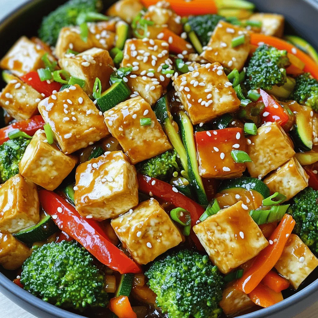 - 14 oz firm tofu, pressed and cubed - 2 tablespoons cornstarch - 2 tablespoons vegetable oil - 1 red bell pepper, sliced - 1 cup broccoli florets - 1 carrot, julienned - 1 zucchini, sliced - 3 green onions, chopped - 2 cloves garlic, minced - 1 tablespoon ginger, grated - 3 tablespoons soy sauce - 1 tablespoon sesame oil - 1 tablespoon rice vinegar - 1 teaspoon chili paste (optional) - Sesame seeds for garnish To start, I always choose firm tofu for the best texture. It holds up well during cooking. Pressing the tofu helps remove water. This step is key to achieving that crispy outer layer. Next, let’s talk about fresh vegetables. I love adding vibrant colors to my stir-fry. Red bell pepper, broccoli, carrot, and zucchini bring not just color but also great taste and crunch. Finally, sauces and seasonings tie the dish together. Soy sauce adds saltiness, while sesame oil brings a nutty flavor. Rice vinegar adds a little tang. If you like heat, add chili paste for a kick. Using fresh, quality ingredients makes a big difference. The right flavors can elevate your dish from good to amazing. Pressing the tofu First, take the firm tofu and drain it. Wrap it in a clean towel. Place something heavy on top. Let it sit for 15-20 minutes. This step removes excess moisture, which helps make the tofu crispy. Coating with cornstarch After pressing, cut the tofu into 1-inch cubes. In a bowl, add 2 tablespoons of cornstarch. Toss the tofu cubes in the cornstarch until they are evenly coated. This coating helps create that perfect crunch when cooking. Frying method In a large non-stick skillet or wok, heat 2 tablespoons of vegetable oil. Make sure the oil is hot but not smoking. Carefully add the coated tofu cubes into the skillet. Achieving crispy texture Fry the tofu for 8-10 minutes. Turn the cubes occasionally. Look for a golden brown color on all sides. Once done, remove the tofu from the pan and set it aside. This method ensures the tofu stays crispy. Garlic and ginger preparation In the same skillet, add a bit more oil if needed. Add 2 cloves of minced garlic and 1 tablespoon of grated ginger. Sauté for about 30 seconds until you smell the lovely aroma. Stir-frying techniques Next, toss in the veggies: 1 sliced red bell pepper, 1 cup of broccoli florets, 1 julienned carrot, and 1 sliced zucchini. Stir-fry these for 5-7 minutes. They should be vibrant and still slightly crisp. Mixing tofu and veggies Now, add the crispy tofu back into the skillet with the vegetables. Then, pour in 3 tablespoons of soy sauce, 1 tablespoon of sesame oil, and 1 tablespoon of rice vinegar. Include chili paste if you like it spicy. Finishing touches Gently stir everything to coat it in the sauce. Cook for another 2-3 minutes. This allows all the flavors to blend. Finally, remove from heat. Sprinkle chopped green onions and sesame seeds on top. Enjoy your crispy tofu veggie stir-fry! - Choosing the right tofu: Use firm or extra-firm tofu. This type has less water, which helps it stay crispy. Soft tofu breaks apart easily during cooking. - Coating tips: Coat the tofu cubes well with cornstarch. This gives them a nice crunch when fried. Make sure every piece is covered. - Optimal veggie combinations: Use a mix of colorful veggies. Red bell pepper, broccoli, carrots, and zucchini work great. This mix adds both flavor and nutrition. - Substitutions for dietary preferences: If you don’t like a veggie, swap it for another. Try snap peas or bell peppers. You can also use mushrooms for a different texture. - Side dish pairings: Serve this stir-fry with jasmine rice or quinoa. These sides soak up the tasty sauce and make a filling meal. - Garnishing ideas: Top your dish with green onions and sesame seeds. This adds a nice touch and extra flavor. You can also add a drizzle of chili oil for heat. {{image_2}} If you want to change the protein, try these options: - Chickpeas: These add a nice crunch and are plant-based. - Shrimp: Cook shrimp for about 3-4 minutes until pink and tender. - Chicken: Use bite-sized pieces and cook until no longer pink. Each choice gives a new flavor and texture to your stir-fry. You can mix and match sauces to suit your taste. Here are some ideas: - Teriyaki Sauce: Sweet and savory, it pairs well with veggies. - Peanut Sauce: This adds creaminess and a nutty flavor. - Sweet Chili Sauce: Perfect for a hint of sweetness and spice. Adjust the spice levels by adding more chili paste or using less. Using seasonal produce can enhance your dish. Here are some swaps: - Spring: Use asparagus or snap peas for a fresh crunch. - Summer: Add corn or bell peppers for sweetness. - Fall: Try butternut squash or Brussels sprouts for richness. These swaps keep your stir-fry exciting and fresh throughout the year. - Store leftovers in an airtight container. This helps keep the tofu crispy. - Place the container in the fridge. Enjoy leftovers within 3 days for the best taste. - If you want to freeze, pack the tofu and veggies separately. - Use a freezer-safe bag or container. This keeps the flavors fresh for up to 2 months. - To reheat, use a skillet on medium heat. This method keeps the tofu crispy. - Add a touch of oil to help revive the texture. - Stir-fry for about 5 minutes or until heated through. - Avoid using the microwave. It can make the tofu chewy and soggy. - Enjoy your stir-fry just like day one! To get crispy tofu, start by pressing it. Press the tofu for 15-20 minutes. This removes excess water. Next, cut the tofu into 1-inch cubes. Toss the cubes in cornstarch. This coating helps create a crunchy outer layer. Fry the coated tofu in hot oil. Cook until golden brown on all sides. Flip the cubes gently to avoid breaking them. Yes, you can use other oils. Olive oil or canola oil works well. Each oil adds a unique flavor. Just make sure the oil can handle high heat. This helps achieve a crispy texture without burning the tofu. You can swap veggies based on your taste. Try bell peppers, snap peas, or cauliflower. Mushrooms add a nice umami flavor. Feel free to use any fresh vegetables you enjoy. Just ensure they are cut into similar sizes for even cooking. You can store this stir-fry in the fridge for up to three days. Place it in an airtight container for best results. Reheat it on the stove or in the microwave. This keeps the flavors fresh and the veggies crisp. Yes, this recipe can be gluten-free. Use gluten-free soy sauce or tamari instead. Check all other ingredients for gluten content. This makes it safe for those with gluten sensitivities. Enjoy your tasty stir-fry without worry! In this post, we explored how to create a tasty and crispy tofu stir-fry. We covered key ingredients like tofu, fresh veggies, and sauces. You learned how to prepare and cook tofu for the right texture and sauté veggies perfectly. We shared tips for enhancing crispiness and serving ideas. You can also try variations with different proteins and sauces. Finally, we discussed proper storage and reheating to keep meals fresh. Enjoy making this healthy dish!